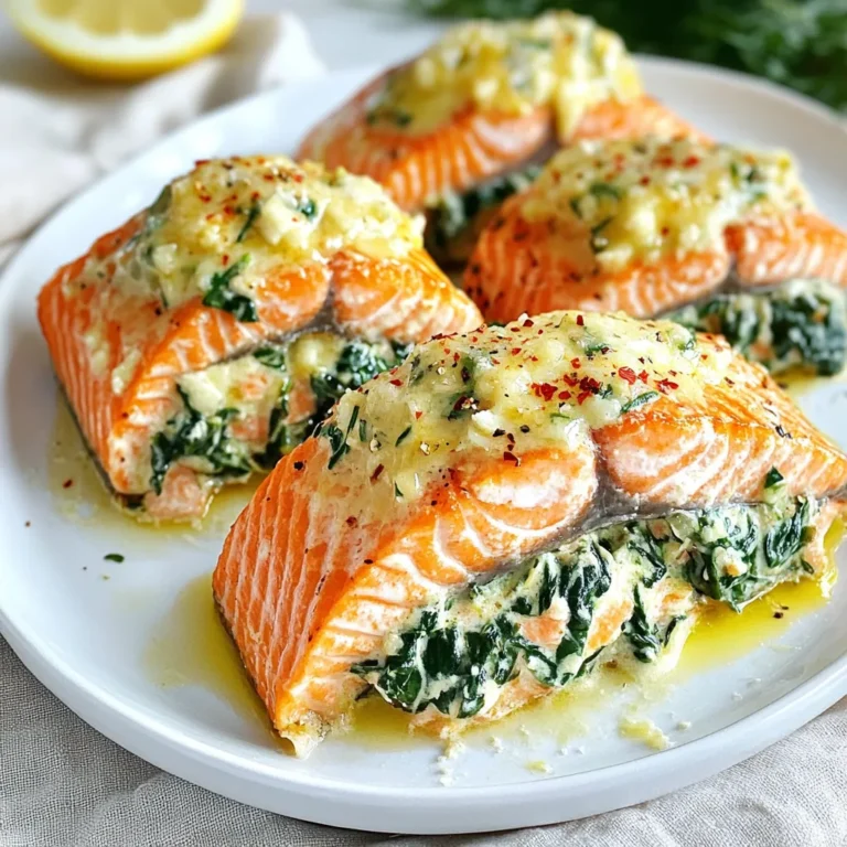 - 4 salmon fillets, skinless - 2 cups fresh spinach, chopped - 3 cloves garlic, minced - 1 cup cream cheese, softened - 1/4 cup grated Parmesan cheese - 1/2 teaspoon lemon zest - 1 tablespoon lemon juice - Salt and pepper to taste - 1 tablespoon olive oil - 1 teaspoon dried dill - 1/4 teaspoon red pepper flakes - Sharp knife - Skillet - Baking sheet - Parchment paper - Medium mixing bowl Gathering the right ingredients is key to creating the best creamy garlic spinach stuffed salmon. You will need fresh salmon fillets, spinach, and garlic. These flavors mix to create a rich, delicious filling. For a little extra flair, consider adding dried dill or red pepper flakes. Dill gives a nice herbal note, while red pepper flakes add heat. Make sure you have the right tools. A sharp knife helps you create pockets in the salmon. A skillet is great for sautéing the garlic and spinach. A baking sheet lined with parchment paper makes cleanup easy too. With these ingredients and tools, you're all set to start cooking this delightful dish! {{ingredient_image_1}} First, turn your oven to 375°F (190°C). This will ensure the salmon cooks evenly. While the oven heats, gather your ingredients. You will need four skinless salmon fillets, two cups of fresh spinach, three cloves of minced garlic, and one cup of softened cream cheese. Don't forget the Parmesan cheese, lemon zest, lemon juice, olive oil, salt, pepper, and optional dill or red pepper flakes. Next, heat a skillet over medium heat. Add one tablespoon of olive oil to the skillet. Once hot, add the minced garlic. Sauté for about one minute until you smell the garlic. Now, toss in the chopped spinach. Cook it for two to three minutes until it wilts. Remove the skillet from heat. In a medium bowl, mix the softened cream cheese, grated Parmesan, lemon zest, and lemon juice. Stir until the mixture is smooth. Add the spinach and garlic mixture. Season with salt, pepper, and optional dill or red pepper flakes. Take your salmon fillets and place them on a cutting board. Use a sharp knife to slice a pocket into each fillet. Be careful not to cut all the way through. Now, fill each pocket with the creamy spinach mixture. Make sure to stuff them generously to enjoy the flavors in every bite. Lay the stuffed salmon fillets on a baking sheet lined with parchment paper. Bake them in the preheated oven for 15 to 20 minutes. You will know they are done when the salmon flakes easily with a fork. For a crispy top, you can broil the salmon for an extra two to three minutes at the end. This adds a nice texture and flavor. When choosing fresh salmon, look for bright, shiny skin. The fish should smell like the ocean, not fishy. Press gently on the flesh; it should spring back. If it leaves an indent, it is not fresh. Check for clear eyes, which signal freshness. Always choose wild-caught salmon when possible for the best flavor. To make your stuffed salmon perfect, use a sharp knife. Carefully slice a pocket in each fillet. Don’t cut all the way through; you want it to hold the stuffing. Make the stuffing creamy and flavorful. Mix in salt and pepper to taste. Bake until the salmon flakes easily with a fork. If you like a crispy top, broil for a few minutes at the end. For a lovely presentation, place the stuffed salmon on a bed of rice or quinoa. This adds color and texture. Use fresh herbs like parsley or dill for garnish. A few lemon wedges on the side brighten the plate. This simple touch makes the dish look fancy and inviting. Serving it this way impresses your guests and family. Pro Tips Fresh Spinach Matters: Always use fresh spinach for a vibrant flavor and better texture. Avoid frozen spinach as it can make the filling watery. Perfectly Cooked Salmon: To ensure your salmon is cooked evenly, let it come to room temperature for about 15-20 minutes before baking. Customize Your Filling: Feel free to add other ingredients like sun-dried tomatoes, artichokes, or feta cheese to the filling for a unique flavor twist. Check for Doneness: Use a fork to gently flake the thickest part of the salmon; if it flakes easily and is opaque, it's ready to serve! {{image_2}} You can change the cheese in this dish. Try mozzarella for a gooey texture. Feta gives a salty taste. Add goat cheese for creaminess and tang. Herbs can also change the flavor. Fresh basil or parsley adds brightness. Thyme or oregano brings warmth. Use what you love to make it yours. Salmon is great, but other fish work too. Try stuffed trout or tilapia. If you prefer meat, chicken breast is a good choice. Just ensure to pound them thin. You can even use portobello mushrooms for a tasty vegetarian option. Each protein adds its own twist. You can grill your stuffed salmon for a smoky flavor. Just wrap it in foil to keep it moist. Pan-searing is another option. Heat oil in a pan, then cook the salmon on medium heat. Both methods give a nice crust while keeping the filling creamy. To keep your leftover stuffed salmon fresh, place it in an airtight container. Make sure to let it cool down first. I usually store it in the fridge. It can last for about 2-3 days. If you want to keep it longer, freezing is a great option. When you’re ready to eat the leftover salmon, preheat your oven to 350°F (175°C). Place the salmon on a baking sheet. Cover it with foil to keep it moist. Heat it for about 10-15 minutes. You can also reheat it in the microwave for about 1-2 minutes, but it may dry out a bit. To freeze stuffed salmon, wrap each piece tightly in plastic wrap. Then, place them in a freezer bag or container. Be sure to remove as much air as possible. Label the bag with the date. The salmon can be frozen for up to 2-3 months. To thaw, place it in the fridge overnight before reheating. You can use Greek yogurt or ricotta cheese. Both options offer a creamy texture. They will change the taste slightly, but they work well. If you want a vegan choice, try cashew cream. This is made by blending soaked cashews with a bit of lemon juice. It adds creaminess without dairy. The best way to check is by using a fork. Gently flake the fish at the thickest part. If it flakes easily and is opaque, it’s ready. You can also use a meat thermometer. The internal temperature should reach 145°F (63°C). This ensures it is safe and tasty. Yes, you can prepare it ahead of time. Stuff the salmon fillets and place them in the fridge. Cover them tightly for up to 24 hours. When ready to cook, just bake them. This makes dinner easy and quick. Absolutely! You can use dairy-free cream cheese. Many brands offer great options. You can also make your own nut-based cream cheese. Blend soaked cashews with lemon juice, garlic, and salt. This gives you a creamy filling that is dairy-free and delicious. You learned about making stuffed salmon, starting with key ingredients and tools. I shared step-by-step guides for preparation and cooking. You discovered tips for choosing fresh salmon and creative serving ideas. Variations allowed for personal touches, while storage tips ensure freshness. Remember, experimenting with flavors can make it fun. Use these insights to make delicious stuffed salmon at home. You’ll impress friends and family with your cooking skills!