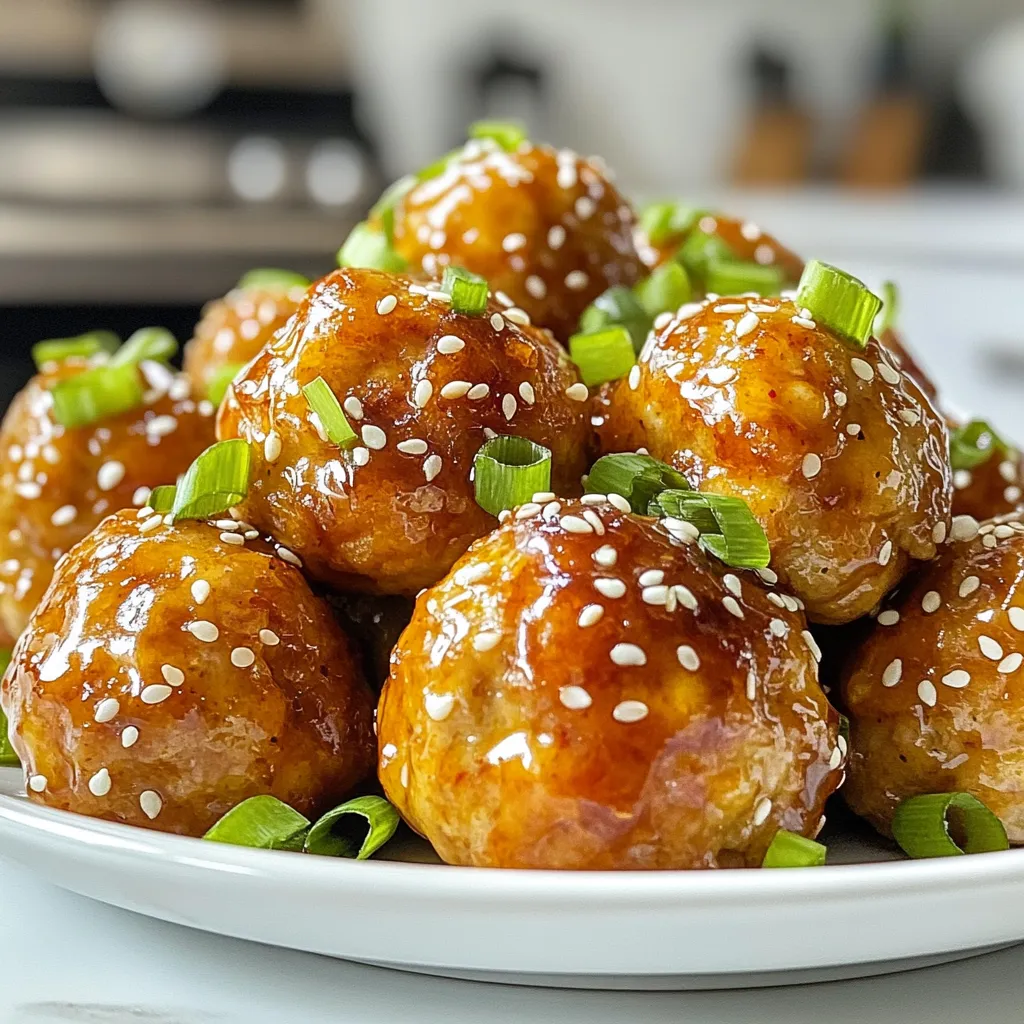 - 1 pound ground chicken - 1/4 cup breadcrumbs - 1/4 cup grated carrot - 2 cloves garlic, minced - 1 tablespoon fresh ginger, grated - 1 tablespoon soy sauce - 2 tablespoons sriracha (adjust to taste) - 1 tablespoon honey - 1 teaspoon sesame oil - Salt and pepper to taste - Sesame seeds - Sliced green onions Firecracker chicken meatballs are easy to make. You just need a few simple ingredients. First, ground chicken is the main part. It gives the meatballs a nice texture. Next, breadcrumbs help bind everything. Grated carrot adds a sweet touch and color. For flavor, garlic and ginger are key. They bring warmth and depth. Soy sauce adds saltiness, while sriracha gives heat. Honey balances the spice with sweetness. Sesame oil adds a nutty taste. Don’t forget salt and pepper to enhance all the flavors. Finally, garnishing your meatballs is fun! Sprinkle sesame seeds for crunch. Add sliced green onions for freshness. These toppings make your dish pop visually and tastefully. {{ingredient_image_1}} - Preheat your oven to 400°F (200°C). - Line a baking sheet with parchment paper. This helps the meatballs not stick. - In a large bowl, combine 1 pound of ground chicken, 1/4 cup of breadcrumbs, and 1/4 cup of grated carrot. - Add in 2 chopped green onions, 2 minced garlic cloves, and 1 tablespoon of grated ginger. - Mix in 1 tablespoon of soy sauce, 2 tablespoons of sriracha, 1 tablespoon of honey, and 1 lightly beaten egg. - Pour in 1 teaspoon of sesame oil and season with salt and pepper. Use your hands to mix until everything is combined well. - Scoop out tablespoon-sized portions of the mixture and roll them into balls. - Place the meatballs on your baking sheet, leaving about an inch between each one. - Bake in the preheated oven for 20-25 minutes. Check for doneness by ensuring they are cooked through and lightly browned. Mixing the meatball ingredients well is key. Get your hands in there! This ensures that every part of the meatball gets equal flavor. For spiciness, adjust the sriracha to your taste. If you want more heat, add a bit more. If you prefer mild, use less. Choose your breadcrumbs wisely. I recommend plain or panko breadcrumbs. They give the meatballs a nice bite. The egg acts as a binder. It keeps everything together and adds moisture. Make sure to lightly beat the egg before adding it to the mix. You can prep these meatballs in advance. Form them, then freeze them on a sheet pan. Once frozen, place them in a bag. They can last up to three months. When ready to cook, bake them straight from the freezer. Just add a few extra minutes to the baking time. This makes weeknight meals easy and quick! Pro Tips Keep it Moist: Adding grated carrot helps retain moisture in the meatballs, preventing them from drying out during baking. Adjust the Heat: Feel free to modify the amount of sriracha based on your spice tolerance. Start with less and add more if needed! Uniform Size: Use a cookie scoop for evenly sized meatballs. This ensures they cook evenly and look great on the plate. Make Ahead: You can prepare the meatballs in advance and refrigerate them. Bake them fresh when you're ready to serve! {{image_2}} You can switch up the ground chicken for ground turkey or pork. Both options keep the meatballs juicy and tasty. If you want to try a plant-based version, use a mix of lentils and mushrooms. This gives you a healthy meatball that is still full of flavor. While the original sauce is spicy and sweet, feel free to get creative. A sweet and sour sauce can add a tangy twist. If BBQ is your style, brush the meatballs with your favorite BBQ sauce. Teriyaki sauce also works well for a savory glaze. Each sauce brings its own flavor, making the dish exciting. When serving these meatballs, think about fun sides. Rice or quinoa pairs well and soaks up the sauce. You can also serve them on skewers for a fun party snack. Add fresh veggies or a salad to balance the meal. The bright colors make the plate pop! To store cooked meatballs, place them in an airtight container. Let them cool down first. You can keep them in the fridge for up to four days. When reheating, use the microwave or oven. If using the microwave, heat them in short bursts. Check often to avoid overcooking. In the oven, preheat to 350°F (175°C) and heat for about 10 minutes. This keeps them moist and tasty. You can freeze meatballs before or after cooking. If freezing before cooking, shape the meatballs and place them on a baking sheet. Freeze them for about two hours until firm. Then, transfer them to a freezer bag. For cooked meatballs, store them in a freezer-safe container. They will stay fresh for up to three months. When you are ready to use them, thaw in the fridge overnight. You can also use the microwave for quick thawing. In the fridge, cooked Firecracker Chicken Meatballs last for four days. In the freezer, they stay good for about three months. Always check for any off smells or changes in texture before eating. Proper storage keeps them safe and delicious! Yes, you can make these meatballs ahead. Mix the ingredients and form the meatballs. Then, place them on a baking sheet and cover with plastic wrap. You can store them in the fridge for up to one day. If you want to keep them longer, freeze them. Use a freezer bag or container to store them. When ready to cook, bake from frozen, adding a few extra minutes. No sriracha? No problem! You can use other sauces. Try chili garlic sauce or hot sauce as a substitute. For a milder kick, use BBQ sauce mixed with a bit of hot sauce. You can also make a sweet sauce by mixing honey with soy sauce. Adjust to your taste for heat and flavor! To make these meatballs gluten-free, you need to swap some ingredients. Use gluten-free breadcrumbs instead of regular ones. For soy sauce, choose a gluten-free version. Check labels to ensure all ingredients are safe. This way, you can enjoy delicious Firecracker Chicken Meatballs without worry! In this blog post, we explored how to make tasty Firecracker Chicken Meatballs. We covered key ingredients, like ground chicken and breadcrumbs, and added flavors like garlic and ginger. You learned step-by-step instructions for preparation and baking. We shared tips for taste and texture, along with variations and storage advice. Now you can enjoy these meatballs any time. They are easy to make and fun to customize. Find your favorite flavors, and make the recipe your own. Happy cooking!