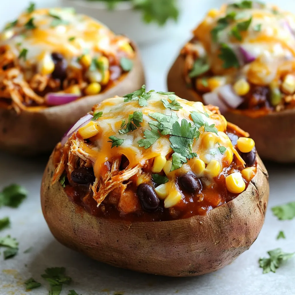 - 4 medium sweet potatoes - 2 cups cooked shredded chicken - 1 cup BBQ sauce (your favorite brand) - 1 cup corn kernels (canned or frozen) - 1 cup black beans, rinsed and drained - 1 cup shredded cheddar cheese - 1/2 cup red onion, finely chopped - 1/4 cup cilantro, chopped (for garnish) - Salt and pepper to taste - Olive oil When you make BBQ chicken stuffed sweet potatoes, start with fresh ingredients. The sweet potatoes are the star, providing natural sweetness. You can use any BBQ sauce you love, which adds flavor to the chicken. Canned or frozen corn gives a nice crunch. The black beans add protein and texture. Chopping the red onion finely helps it mix well with the other ingredients. Adding cilantro as a garnish brightens the dish. Don't forget salt and pepper to enhance all the flavors. A drizzle of olive oil helps the sweet potatoes bake perfectly. - Baking sheet - Parchment paper - Mixing bowl - Fork These tools are simple but essential. A baking sheet lined with parchment makes cleanup easy. A mixing bowl helps combine all the yummy filling. Using a fork is key for fluffing the sweet potatoes after baking. This simple setup makes the cooking process smooth and enjoyable. {{ingredient_image_1}} - Preheat your oven to 400°F (200°C). - Wash and dry the sweet potatoes well. - Poke several holes in each potato with a fork. This lets steam escape. - Rub the sweet potatoes with olive oil and sprinkle them with salt. - In a mixing bowl, combine the shredded chicken and BBQ sauce. - Add corn, black beans, red onion, salt, and pepper. - Mix the ingredients until well blended. - Once the sweet potatoes are ready, take them out of the oven. - Let them cool for a few minutes to be safe to touch. - Cut each sweet potato lengthwise down the center. - Gently fluff the insides with a fork for extra texture. - Spoon the BBQ chicken mixture into each sweet potato pocket. - Top with shredded cheddar cheese for extra flavor. - Return to the oven and bake for another 10-15 minutes. - Bake until the cheese is melted and bubbly. To check for fork-tenderness, poke a sweet potato with a fork. If it slides in easily, it is ready. If not, bake it a bit longer. For medium sweet potatoes, the baking time is about 45-55 minutes at 400°F. Larger ones may take up to 60 minutes. Always let them cool before handling. You can enhance the BBQ chicken mix by adding veggies like bell peppers or zucchini. For spices, a pinch of smoked paprika gives a nice kick. As for BBQ sauces, try a smoky one or a spicy variety for a different flavor. Each sauce brings its own twist to the dish. Pair your BBQ chicken stuffed sweet potatoes with a fresh side salad or coleslaw. This adds crunch and balances the meal. For a fun presentation, serve them in a baking dish or on a wooden board. Add chopped cilantro on top for color and flavor. Enjoy sharing this tasty dish with family and friends! Pro Tips Choose the Right Sweet Potatoes: For the best flavor and texture, select sweet potatoes that are firm and free of blemishes. Customize Your BBQ Sauce: Experiment with different BBQ sauces to match your taste preference, whether you like it sweet, spicy, or tangy. Make Ahead: You can bake the sweet potatoes ahead of time and store them in the refrigerator. Just reheat before stuffing and serving. Add Extra Toppings: Feel free to add toppings like avocado, jalapeños, or sour cream for an extra flavor boost. {{image_2}} If you want to switch things up, try using pulled pork or tofu in your stuffed sweet potatoes. Pulled pork adds a smoky flavor that pairs well with BBQ sauce. Just shred the pork and mix it with your favorite BBQ sauce. For a lighter option, use tofu. Cube firm tofu and pan-fry it until golden. Then toss it in BBQ sauce for a tasty filling. Both options give you a unique spin on the classic recipe. For a vegetarian twist, make a BBQ chickpea filling. Start by mashing canned chickpeas in a bowl. Add BBQ sauce, corn, black beans, and chopped red onion. Mix well to combine the flavors. This filling is hearty and rich in protein. It’s a great way to enjoy BBQ flavor without meat. Plus, it’s easy to make and very filling. Toppings can elevate your dish. Try different cheese options like Monterey Jack or pepper jack for a spicy kick. If you prefer a lighter touch, top with sour cream or Greek yogurt. Both add creaminess and balance the BBQ flavor. You can also sprinkle fresh herbs on top, like cilantro or parsley, for extra freshness. Get creative with your toppings to make your sweet potatoes even more delicious! To keep your BBQ chicken stuffed sweet potatoes fresh, you should store them in the fridge. First, let them cool down to room temperature. Then, place them in an airtight container. This helps to keep moisture in and air out. They can last in the fridge for about 3 to 5 days. If you notice any off smells or changes in texture, it’s best to toss them out. To freeze your stuffed sweet potatoes, let them cool completely first. Wrap each one tightly in plastic wrap. Then, place them in a freezer-safe bag or container. This will help keep them from getting freezer burn. They can last in the freezer for up to 3 months. When you’re ready to enjoy them again, thaw them in the fridge overnight. Then, reheat them in the oven at 350°F (175°C) until heated through. This method helps to keep their texture and flavor intact. Avoid using a microwave, as it may make them soggy. Cooking sweet potatoes in the oven takes about 45 to 55 minutes. The time can change based on the size of the potatoes. For medium sweet potatoes, this time works well. If you use larger ones, add a few extra minutes. Always check for fork-tenderness to make sure they are soft. Yes, you can use pre-cooked chicken. Rotisserie chicken is a great choice. It saves time and adds flavor. Leftover chicken also works well. Just shred it and mix it into your BBQ sauce with the other ingredients. This makes the recipe quick and easy. If you want to change the flavor, several options work well. You can use teriyaki sauce for a sweet and savory taste. Salsa can add spice and freshness. Even ranch dressing can make a creamy filling. Each sauce will bring a new twist to your stuffed sweet potatoes. Stuffed sweet potatoes are tasty and easy to make. We used sweet potatoes, chicken, and BBQ sauce for a flavorful meal. I shared tips for cooking, stuffing, and storing these bites. You can even switch out proteins or add more veggies. In summary, this dish is flexible and fun. Enjoy experimenting with your own flavors. You will impress friends and family with your cooking skills. Try this recipe, and make it your own!