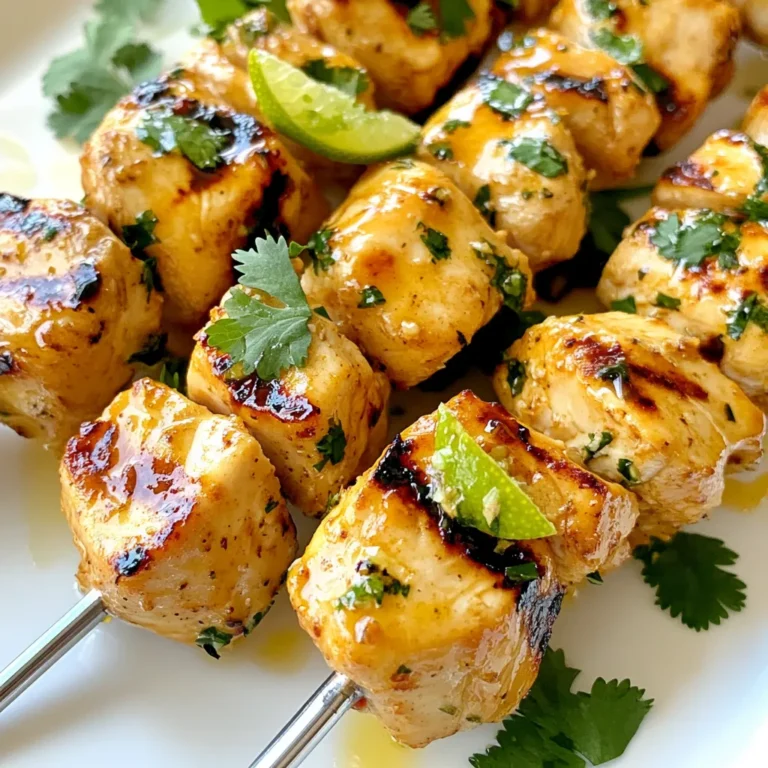For this tasty dish, you will need: - 1 lb (450g) boneless chicken breast, cut into 1-inch cubes - 1/4 cup honey - 2 tablespoons olive oil - Zest and juice of 2 limes - 2 cloves garlic, minced - 1 teaspoon ground cumin - 1 teaspoon smoked paprika - Salt and pepper to taste - Fresh cilantro, chopped (for garnish) - Wooden or metal skewers These ingredients work together to create a sweet and tangy flavor. The honey adds a nice sweetness, while the lime gives it a fresh kick. Garlic, cumin, and smoked paprika round out the taste with warmth and depth. You can enhance your honey lime chicken skewers with some extras. Consider using: - Fresh lime wedges for squeezing - Avocado slices for creaminess - Grilled vegetables like bell peppers and zucchini - A side of rice or quinoa for a filling meal These garnishes and sides not only add color but also boost flavor. They make your dish look even more appealing. To make these skewers, you’ll need some basic kitchen tools: - A medium bowl for mixing the marinade - Whisk for blending the ingredients - Skewers (wooden or metal) to hold the chicken - A grill or grill pan for cooking Having the right tools makes the cooking process smoother. Make sure to soak wooden skewers in water for 30 minutes to prevent burning. {{ingredient_image_1}} To start, gather your ingredients. You need honey, olive oil, lime zest, lime juice, minced garlic, ground cumin, and smoked paprika. I like to whisk these together in a medium bowl. Mix until all the flavors blend well. This marinade gives the chicken its sweet and tangy taste. It’s simple but so tasty! Next, add the chicken cubes to the bowl. Make sure each piece gets a good coat of marinade. This is key for flavor. Cover the bowl with plastic wrap. Place it in the fridge for at least 30 minutes. If you have more time, marinate for up to 2 hours. This allows the chicken to soak up the flavors. Now, it’s time to grill! Preheat your grill or grill pan to medium-high heat. If you use wooden skewers, soak them in water for 30 minutes. This helps prevent burning. Thread the marinated chicken onto the skewers, leaving a little space between each piece. This helps them cook evenly. Grill the skewers for about 10-12 minutes. Turn them occasionally for nice grill marks. Check the chicken's internal temperature. It should reach 165°F (75°C). Once done, take them off the grill. Let them rest for a couple of minutes. Garnish with fresh cilantro before serving for a bright finish. For the best flavor, marinate your chicken for at least 30 minutes. This time allows the honey and lime to soak in. If you have more time, let it marinate for up to 2 hours. This longer soak makes the chicken even tastier and juicier. Just remember to cover the bowl well to keep the flavors in. To get those beautiful grill marks, preheat your grill to medium-high heat. This step is key! When grilling, place the skewers at a 45-degree angle on the grates. Let the chicken cook without moving it for a few minutes. After a few minutes, rotate the skewers for even cooking. Aim for about 10-12 minutes of grilling time in total. One common mistake is not soaking wooden skewers. If you use them dry, they can burn. Soak them in water for at least 30 minutes before grilling. Another mistake is overcrowding the skewers. Leave space between the chicken pieces. This space helps the heat circulate and cooks the chicken evenly. Finally, don’t skip checking the chicken’s internal temperature. It should reach 165°F (75°C) for safety. Pro Tips Marinate Longer for Flavor: For even more flavorful chicken, marinate the cubes for up to 2 hours instead of the minimum 30 minutes. Soak Skewers: If using wooden skewers, soak them in water for at least 30 minutes to prevent them from burning on the grill. Space is Key: When threading chicken onto skewers, leave a little space between each piece for even cooking and better caramelization. Check Doneness: Use a meat thermometer to ensure the chicken reaches an internal temperature of 165°F (75°C) for safe consumption. {{image_2}} You can add colorful veggies to your skewers. Bell peppers, onions, and zucchini work well. Cut them into similar-sized pieces as the chicken. This way, they cook evenly. Toss the veggies in the honey lime marinade, just like the chicken. Grill them alongside the chicken for a burst of flavor. The sweetness from the honey pairs nicely with the veggies. If you like heat, add some spice! Mix in red pepper flakes or cayenne pepper with the marinade. You can also use a spicy sauce instead of some honey. This adds a nice kick to your skewers. Adjust the spice level to suit your taste. Enjoy the sweet and spicy combo that will excite your taste buds. Experimenting with different herbs and spices can change the flavor. Try adding fresh herbs like basil or mint. These herbs give a fresh twist to the chicken. You can also swap lime for lemon or orange juice for a different taste. Using maple syrup instead of honey brings a unique sweetness. Mix and match to find your favorite flavor! If you have leftover chicken skewers, store them in an airtight container. Place parchment paper between layers to avoid sticking. Keep them in the fridge for up to three days. Make sure they cool down before you store them. This helps keep them fresh and tasty. To reheat your skewers, use the oven or grill. Preheat the oven to 350°F (175°C). Place the skewers on a baking sheet. Heat for about 10-15 minutes. If using the grill, set it to low heat. Grill for about five minutes, turning gently. Check that the chicken is hot all the way through. You can freeze the skewers if you want to save them for later. Wrap each skewer in plastic wrap tightly. Then, place them in a freezer bag. Remove as much air as possible. They can last for up to three months in the freezer. To cook, thaw them in the fridge overnight before reheating. You can check if the chicken skewers are done by looking for a few signs. First, the chicken should have nice grill marks and be golden brown. Second, the internal temperature should reach 165°F (75°C). Use a meat thermometer for the best results. If you don't have one, cut into a piece to check. The meat should be white and no longer pink. Yes, you can use chicken thighs instead of breast. Thighs have more fat, which makes them juicy and flavorful. Just cut them into 1-inch cubes like the breast. The marinating time and grilling method remain the same. You will enjoy a slightly different taste, but it will still be delicious. Many sides pair well with honey lime chicken skewers. Here are some tasty options: - Grilled corn on the cob - Cilantro lime rice - Fresh vegetable salad - Roasted sweet potatoes - Avocado and tomato salad These sides complement the sweet and tangy flavors of the skewers. You can mix and match based on your taste. Enjoy your meal! In this blog post, I detailed the ingredients needed for honey lime chicken skewers. I included steps for marinating and grilling, along with tips to avoid common mistakes. You can also explore tasty variations and storage tips. These skewers are easy to make and full of flavor. Experiment with the ingredients and enjoy your cooking journey. With practice, you will master this dish and impress your guests every time.