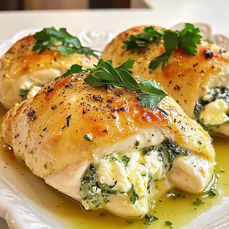 - 4 boneless, skinless chicken breasts - 1 cup fresh spinach, chopped - 1/2 cup feta cheese, crumbled - 1/4 cup cream cheese, softened - 2 tablespoons sun-dried tomatoes, finely chopped - 2 garlic cloves, minced - 1 teaspoon dried oregano - 1 teaspoon dried thyme - Salt and pepper to taste - 2 tablespoons olive oil - 1/2 cup chicken broth - Fresh parsley for garnish To make Creamy Spinach Feta Stuffed Chicken, gather these ingredients. Start with four boneless, skinless chicken breasts. Use fresh spinach, about one cup, and chop it finely. Feta cheese gives a great flavor, so use half a cup of crumbled feta. For creaminess, add a quarter cup of softened cream cheese. Sun-dried tomatoes add a nice touch, so use two tablespoons, finely chopped. You will need two minced garlic cloves for taste. For seasoning, grab one teaspoon each of dried oregano and thyme. Use salt and pepper to your liking. To cook, you need two tablespoons of olive oil and half a cup of chicken broth. Finally, fresh parsley makes a lovely garnish. With these ingredients, you are ready to create a dish that is both tasty and fun to make! {{ingredient_image_1}} First, preheat your oven to 375°F (190°C). This step ensures the chicken cooks evenly later. Next, take your boneless, skinless chicken breasts and lay them on a cutting board. Using a sharp knife, carefully create a pocket in each chicken breast. Make sure you don't cut all the way through; you want a nice space to hold the filling. In a mixing bowl, combine 1 cup of chopped fresh spinach, 1/2 cup of crumbled feta cheese, and 1/4 cup of softened cream cheese. Add 2 tablespoons of finely chopped sun-dried tomatoes and 2 minced garlic cloves for flavor. Sprinkle in 1 teaspoon each of dried oregano and thyme. Season with salt and pepper to taste. Mix everything until it becomes creamy and well-blended. Now it's time to stuff the chicken! Take the creamy spinach and feta mixture and fill each pocket in the chicken breasts. If needed, use toothpicks to secure the edges. This keeps the filling from spilling out while cooking. Heat 2 tablespoons of olive oil in a large oven-safe skillet over medium-high heat. Once hot, carefully place the stuffed chicken breasts in the skillet. Sear them for about 3-4 minutes on each side or until they turn golden brown. After searing, pour 1/2 cup of chicken broth into the skillet around the chicken. This adds moisture and flavor. Then, transfer the skillet to your preheated oven. Bake for 25-30 minutes or until the chicken reaches an internal temperature of 165°F (74°C). Once done, remove the skillet from the oven and let the chicken rest for 5 minutes. Finally, take out the toothpicks and garnish with fresh parsley before serving. Enjoy your delicious meal! To make the filling even better, you can change some ingredients. Try using goat cheese instead of feta for a tangy twist. You can also add fresh herbs like basil or dill for extra flavor. If you want a bit of heat, consider adding crushed red pepper flakes. When stuffing the chicken, ensure the filling fits well. Make sure not to overstuff, as the chicken needs room to cook. This helps the chicken cook evenly and keeps the filling from spilling out. Searing the chicken first gives it a nice golden crust. Heat olive oil in a skillet before placing the chicken in. Sear for about 3-4 minutes on each side. This locks in flavor and moisture. After searing, bake the chicken in the oven. This ensures the chicken cooks through without drying out. The combination of both methods makes it juicy and tender. For a complete meal, serve this chicken with a fresh salad or roasted vegetables. A side of quinoa or rice also pairs well. The flavors of the spinach and feta shine with these sides. For a fun twist, consider serving the chicken with a light lemon sauce. This adds brightness and balances the creamy filling. You can also garnish with fresh parsley for a pop of color. Pro Tips Use Fresh Ingredients: Fresh spinach and high-quality feta cheese enhance the flavor of the stuffing, making the dish more delicious. Seal the Chicken Well: Use toothpicks to secure the stuffed chicken breasts tightly to prevent the filling from leaking out during cooking. Let it Rest: Allow the stuffed chicken to rest for a few minutes after baking to help retain its juices, ensuring every bite is tender and moist. Experiment with Herbs: Feel free to add fresh herbs such as basil or dill to the stuffing for an extra layer of flavor and freshness. {{image_2}} You can switch out the feta cheese for goat cheese. Goat cheese offers a tangy flavor. If you like a milder taste, use mozzarella. Cream cheese can also be replaced with ricotta. Ricotta adds a light, creamy texture. Adjusting these cheeses changes the dish's flavor but keeps it delicious. You can use frozen spinach instead of fresh. Just thaw it and drain the water first. Sautéed spinach works great too. It gives a deep flavor and saves time. Both options make the dish quick and easy. Choose what you have on hand or prefer. Adding fresh herbs boosts flavor. Try basil or dill for a new twist. A pinch of red pepper flakes adds a nice kick. For a Mediterranean vibe, add lemon zest. Experimenting with spices can turn this dish into a new favorite. Don't be afraid to get creative! To keep your creamy spinach feta stuffed chicken fresh, use these storage methods: - Refrigeration: Place cooked chicken in an airtight container. It lasts up to 3 days in the fridge. Make sure it cools down first. - Freezing: Wrap individual portions tightly in plastic wrap. Then place them in a freezer bag. This way, they stay fresh for up to 3 months. When ready to eat, thaw in the fridge overnight. To enjoy your stuffed chicken again, follow these best reheating methods: - Oven: Preheat your oven to 350°F (175°C). Place the chicken on a baking dish. Cover it with foil to keep it moist. Heat for about 20-25 minutes. Make sure the inside is hot. - Microwave: Use a microwave-safe plate. Cover the chicken with a damp paper towel. Heat in short bursts of 1-2 minutes, checking often. This keeps it from drying out. By storing and reheating properly, you can savor this delicious dish again and again! Creamy Spinach Feta Stuffed Chicken lasts about 3 to 4 days in the fridge. Make sure you store it in an airtight container. This keeps the chicken moist and tasty. Always check for any off smells or changes in texture before eating. Yes, you can prepare the chicken ahead of time! You can stuff the chicken breasts and store them in the fridge for up to 24 hours before cooking. This makes dinner easier. Just be sure to cover them well to keep them fresh. When ready, just sear and bake them as normal. The best way to check if the chicken is cooked is by using a meat thermometer. Insert the thermometer into the thickest part of the chicken. It should read 165°F (74°C) for safe eating. If you don't have a thermometer, cut into the chicken. The juices should run clear and the meat should no longer be pink. - Tips for ensuring poultry is safe to eat: - Always wash your hands after handling raw chicken. - Use separate cutting boards for meat and veggies. - Cook chicken thoroughly to avoid foodborne illness. - Store leftovers within two hours of cooking. This blog post covered a delicious recipe for creamy spinach feta stuffed chicken. We discussed the key ingredients, step-by-step instructions, and various tips to perfect this dish. Remember to mix up the filling with cheese options and herbs. Proper storage helps keep leftovers fresh. With these insights, you can make a tasty meal that impresses your family and guests. Enjoy creating this dish and explore the different flavors that fit your taste!