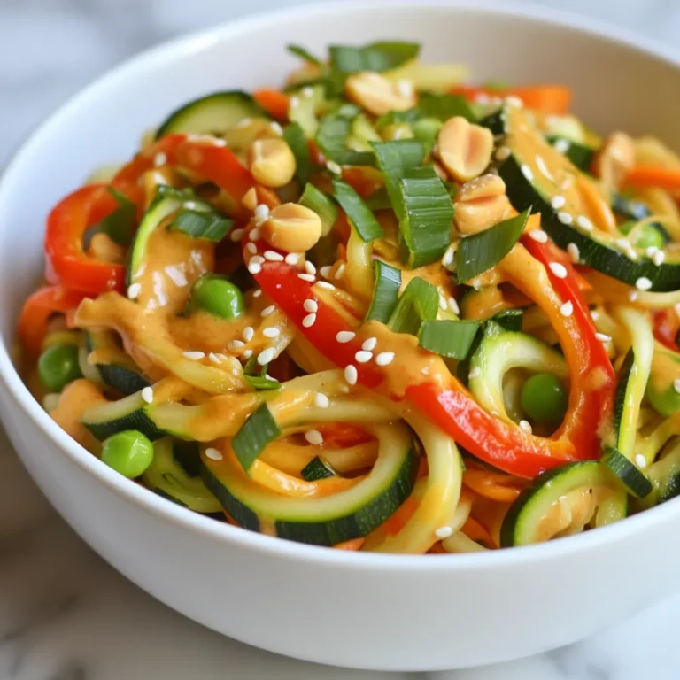 - 2 medium zucchinis (zoodles) - 1 red bell pepper, sliced - 1 cup snap peas, trimmed - 1 carrot, julienned - 1/4 cup chopped green onions - 1 tablespoon sesame oil - 1 tablespoon olive oil - 1/4 cup creamy peanut butter - 2 tablespoons soy sauce (or tamari for gluten-free) - 2 tablespoons maple syrup - 1 tablespoon sriracha (adjust for spice level) - 1 clove garlic, minced - 1 teaspoon ginger, grated - Salt and pepper to taste - Chopped peanuts and sesame seeds for garnish To make the Spicy Peanut Zoodle Bowl, gather these fresh and vibrant ingredients. First, you need zucchinis to create zoodles. Zoodles are a fun, healthy swap for pasta. Then, add a red bell pepper for sweetness and snap peas for crunch. A julienned carrot adds color, while green onions give a fresh kick. For the sauce, creamy peanut butter steals the show. Soy sauce brings umami, and maple syrup adds a hint of sweetness. Sriracha gives it that spicy kick, and garlic and ginger add depth. Finally, season with salt and pepper, and don't forget to top with chopped peanuts and sesame seeds. This blend of ingredients makes a dish that is as colorful as it is tasty. {{ingredient_image_1}} To start, you need to spiralize the zucchinis. Use a spiralizer or a peeler. This will create long, noodle-like strands called zoodles. Keep the zoodles aside in a bowl. Make sure they are dry. Moisture can make them soggy when cooked. Next, heat a large skillet over medium heat. Add the sesame oil and olive oil. Let the oils warm for about 30 seconds. Now, add the sliced red bell pepper, snap peas, and julienned carrot. Sauté for about 3-4 minutes. The veggies should be tender but still crisp. Stir them gently to cook evenly. In a separate bowl, combine the creamy peanut butter, soy sauce, maple syrup, sriracha, minced garlic, and grated ginger. Whisk these ingredients together until smooth. If the sauce feels too thick, add a splash of water. This will help reach your desired consistency. To keep your zoodles from getting soggy, follow these tips: - Salt and Drain: After spiralizing, sprinkle salt on the zoodles. Let them sit for 10 minutes. This draws out moisture. - Quick Cooking: Add zoodles to the pan last. Cook them for just a few minutes. This keeps them firm. For spiralizing vegetables, I recommend these tools: - Spiralizer: A handheld spiralizer works great for zoodles. - Vegetable Peeler: A wide peeler can also create thin strips. To tone down the heat from sriracha, try this: - Mix with Yogurt: Combine sriracha with plain yogurt for a milder sauce. - Add More Peanut Butter: This makes the sauce creamier and less spicy. You can also explore these alternative spicy sauces: - Chili Garlic Sauce: It adds flavor and less heat. - Harissa: This North African sauce brings a different heat profile. For protein options, consider these: - Grilled Chicken: It pairs well with the zoodles. - Tofu: Use firm tofu for a vegetarian choice. Here are side dishes that go well with your bowl: - Steamed Broccoli: It adds crunch and nutrition. - Cucumber Salad: A refreshing side that cools the palate. Pro Tips Use Fresh Zucchini: For the best texture and flavor, choose firm, fresh zucchinis with no soft spots. Adjust Spice Levels: Feel free to modify the amount of sriracha based on your heat preference; you can start with less and add more. Perfect Peanut Sauce: If your peanut sauce is too thick, thin it out with a little water or coconut milk until you reach the desired consistency. Garnish Creatively: Enhance presentation by using a mix of garnishes, such as cilantro, lime wedges, or chili flakes, for added color and flavor. {{image_2}} You can swap in other veggies to mix things up. Try adding broccoli, bell peppers, or spinach. These choices give you different colors and flavors. When using fresh vegetables, keep them crisp. Aim for a bright and colorful bowl. Choosing seasonal vegetables can enhance your dish. In spring, use asparagus or snap peas. Summer is perfect for zucchini and cherry tomatoes. In fall, opt for squash or kale. Each season brings unique tastes and textures. For a vegan option, replace peanut butter with almond or sunflower seed butter. Use tamari instead of soy sauce for a gluten-free choice. You can also omit the maple syrup entirely for fewer carbs. Try using coconut aminos for a light sweetness. If you want a low-carb sauce, combine nut butter with vinegar and spices. This keeps it flavorful but cuts down on sugar and carbs. You can add a bit of lime juice for extra zest. In warm weather, serve the zoodle bowl as a cold salad. Toss the zoodles with the sauce and let them chill in the fridge. This makes for a refreshing dish on hot days. For heartier meals, serve the zoodle bowl warm with grains. Quinoa or brown rice pairs well. This adds texture and fills you up. You can also top it with grilled chicken or tofu for protein. Store your zoodle bowl in an airtight container. Glass containers work best. They keep food fresh and let you see what's inside. Refrigerate the bowl right away. You can enjoy it within three days. Reheat your zoodles gently. Use a skillet on low heat. This keeps the zoodles from getting mushy. Stir often to warm them evenly. You can also add a splash of water to help steam them. This helps keep the flavors bright. Yes, you can freeze the dish. Put the zoodle bowl in a freezer-safe container. Leave some space for it to expand. When you're ready to eat, thaw it overnight in the fridge. Reheat slowly to keep the taste fresh. Zoodles are noodles made from zucchinis. They are a low-carb alternative to pasta. To make zoodles, use a spiralizer or a peeler. Simply spiralize the zucchinis into long, thin noodles. You can also cut them into strips with a knife. Once you have your zoodles, set them aside. They will cook quickly, so prepare them just before serving for the best texture. Yes, you can prepare some elements in advance. You can spiralize the zucchinis and chop the veggies a day ahead. Store them in an airtight container in the fridge. However, I recommend making the sauce fresh for the best flavor. Cook the zoodles and veggies just before serving for the best texture. You can use almond butter or sunflower seed butter. Both options give a similar creamy texture. If you have nut allergies, sunflower seed butter is a great choice. Just keep in mind that it will change the flavor slightly, but it will still be delicious. Yes, this recipe can be gluten-free. Simply use tamari instead of soy sauce. Tamari is a gluten-free soy sauce. All the other ingredients are also gluten-free. This makes it a great option for those with gluten sensitivities. To add more heat, increase the amount of sriracha in the sauce. You can also top the dish with sliced fresh chili peppers. Another option is to sprinkle red pepper flakes on top before serving. Adjust the spice level to match your taste. This recipe gives you a fresh and fun way to enjoy zoodles. We explored the main ingredients, made a tasty peanut sauce, and added tips for perfect zoodles. You can mix up the veggies or change the sauce to fit your taste. Remember, store your leftovers correctly and try reheating so they stay tasty. Enjoy your zoodle bowl today, and let your creativity shine in the kitchen!