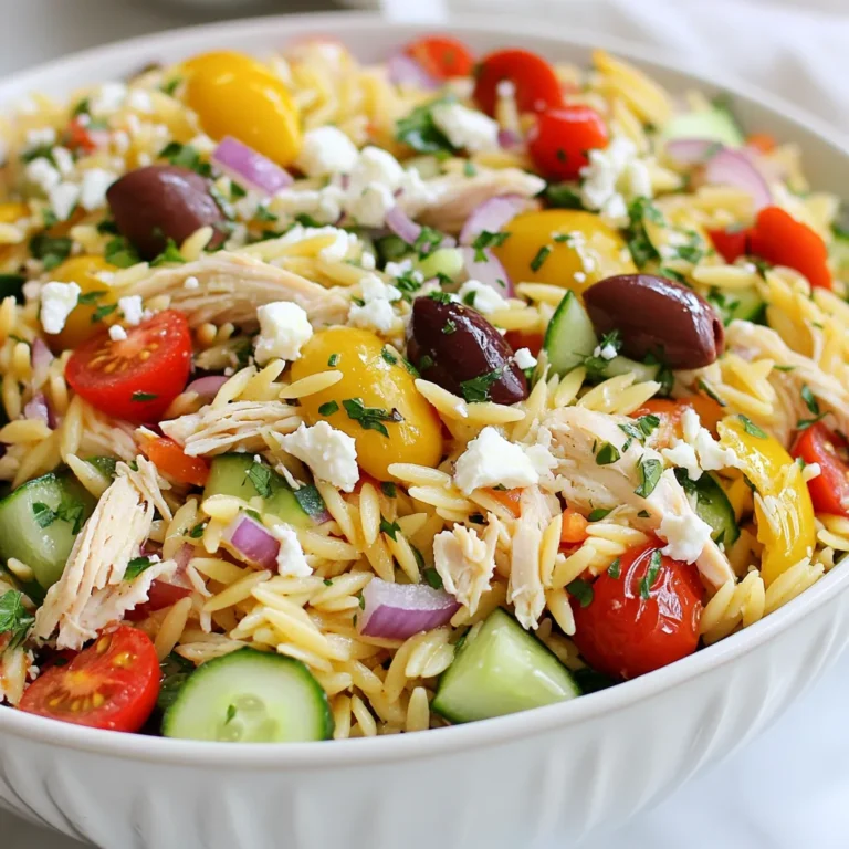 To make Greek Orzo Salad with Chicken, gather these fresh ingredients: - 1 cup orzo pasta - 1 cup cooked chicken breast, shredded - 1 cup cherry tomatoes, halved - 1 cucumber, diced - 1/2 red onion, finely chopped - 1/2 cup Kalamata olives, pitted and halved - 1/2 cup feta cheese, crumbled - 1/4 cup fresh parsley, chopped - 3 tablespoons extra virgin olive oil - 2 tablespoons lemon juice - 1 teaspoon dried oregano - Salt and pepper to taste For added flair, consider these garnishes: - Extra chopped parsley - More crumbled feta cheese - Lemon wedges This salad is not only tasty but also healthy. Each serving has: - Calories: approximately 350 - Protein: 25 grams - Carbohydrates: 30 grams - Fat: 15 grams - Fiber: 3 grams {{ingredient_image_1}} Start by boiling water in a large pot. Add one cup of orzo pasta once the water boils. Cook it according to the package instructions. You want it to be al dente. This means it should be firm but not hard. After cooking, drain the orzo. Rinse it under cold water to stop the cooking process. This step keeps the pasta from getting mushy. Set it aside while you prepare the other ingredients. In a large mixing bowl, combine your salad ingredients. First, add the cooled orzo. Then, mix in one cup of shredded cooked chicken breast. Next, add one cup of halved cherry tomatoes. Dice one cucumber and toss that in too. Finely chop half of a red onion and add it to the bowl. Now, add half a cup of Kalamata olives. Finally, sprinkle in half a cup of crumbled feta cheese. This mix creates a colorful and tasty salad. Grab a small bowl for the dressing. Whisk together three tablespoons of extra virgin olive oil and two tablespoons of lemon juice. Add one teaspoon of dried oregano. Season with salt and pepper to taste. Whisk until the dressing is well blended. This dressing adds a bright flavor to the salad. Pour it over the pasta and chicken mixture in your large bowl. Gently toss everything together until well coated. Chilling your Greek orzo salad is key. After mixing, let it sit in the fridge for at least 30 minutes. This time allows the flavors to blend. The salad tastes fresher and more vibrant after chilling. Plus, the cool salad is perfect on a hot day. Always taste your salad before serving. If it needs more flavor, add salt and pepper. You can also add more lemon juice for extra zing. Each ingredient brings its own taste. Adjust them to fit your preference. Remember, seasoning makes your dish shine. Presentation matters! Serve the salad in a large, colorful bowl. Top it with extra parsley and a sprinkle of feta. For individual servings, use wide bowls. This way, each person sees all the bright colors. A beautiful dish makes it more inviting and fun to eat. Pro Tips Chill for Flavor: Allow the salad to sit in the refrigerator for at least 30 minutes before serving to enhance and meld the flavors. Fresh Ingredients Matter: Use fresh vegetables and herbs to maximize the taste and nutritional value of your salad. Customize Your Protein: Feel free to substitute the chicken with grilled shrimp or chickpeas for a different protein option. Dress Just Before Serving: If preparing in advance, keep the dressing separate until just before serving to maintain the pasta's texture and prevent sogginess. {{image_2}} You can easily make this salad vegan. Start by swapping the chicken for chickpeas or tofu. Both options add protein and a nice texture. Instead of feta cheese, use a vegan feta or skip it altogether. This keeps the salad fresh and tasty while meeting vegan needs. If you want more protein, consider adding shrimp or grilled fish. Both pair nicely with the flavors in this salad. You can even mix in some beans like black beans or white beans for extra fiber. Each option adds a new layer of taste and nutrition. Change the salad with seasonal ingredients. In summer, add bell peppers or zucchini for crunch. In fall, roasted sweet potatoes or butternut squash add warmth and flavor. You can also swap cherry tomatoes for diced heirloom tomatoes when they are in season for a richer taste. These changes keep your salad exciting all year. To keep your Greek Orzo Salad fresh, place it in an airtight container. Make sure the salad cools down first. This helps avoid moisture buildup, which can make the salad soggy. You can store it in the fridge for a quick meal later. When you want to eat the salad again, you can enjoy it cold. If you prefer it warm, gently heat the salad in a pan over low heat. Stir it often to ensure even warming. Avoid using the microwave, as it can make the orzo too mushy. Greek Orzo Salad stays fresh in the fridge for about 3 to 5 days. Make sure to check for any signs of spoilage. If the salad smells off or has changed color, it’s best to toss it. Enjoy your salad often, but remember to keep it safe! Yes, you can use other pasta types. If you want a gluten-free option, try rice pasta. For a heartier bite, choose penne or fusilli. Each pasta type gives a different taste and texture. Just make sure to cook it until al dente. This keeps it firm in the salad. You can store Greek Orzo Salad in the fridge for up to three days. Make sure to keep it in an airtight container. This helps keep the flavors fresh. After a day, you might need to add a dash of lemon juice or olive oil. This keeps the salad from getting dry. Serve the salad chilled for a refreshing taste. Use a large bowl to show off the colors. Garnish with extra parsley and a bit of feta on top. If serving guests, offer individual bowls to make it special. Pair this salad with grilled meats or as a light meal on its own. This article covered the ingredients and steps needed to make Greek Orzo Salad. We discussed tips for flavor, variations, and proper storage. The options for customization allow you to create a dish that suits your taste. Always remember to chill the salad to boost flavor. With easy adjustments and simple storage tips, this salad can be a go-to meal for any occasion. Enjoy making your own flavorful Greek Orzo Salad!