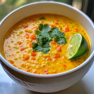 - 1 cup red lentils, rinsed - 1 can (14 oz) coconut milk - 4 cups vegetable broth - 1 medium onion, chopped - 2 cloves garlic, minced - 1 inch ginger, grated - 2 medium carrots, diced - 1 bell pepper (red or yellow), chopped - 1 teaspoon ground cumin - 1 teaspoon turmeric powder - 1/2 teaspoon chili powder (adjust to taste) - Salt and pepper to taste - 2 tablespoons olive oil - Fresh cilantro, chopped (for garnish) - Juice of 1 lime To make the perfect creamy coconut lentil soup, accurate measurements are key. Use a standard measuring cup for your lentils and coconut milk. For the broth, a liquid measuring cup works best. When chopping vegetables, try to keep them uniform in size. This helps them cook evenly. For spices, measuring spoons ensure the right amounts. A little more or less can change the soup's flavor. You can easily adjust this recipe for your needs. If you need a dairy-free option, coconut milk is already perfect. For a nut-free version, check the coconut milk label. You can use any vegetable broth or even water if you prefer. If you want to swap lentils, green or brown lentils can work but may alter the cooking time. For a protein boost, add cooked chickpeas or tofu. If you don't like cilantro, parsley or green onions are great substitutes too. {{ingredient_image_1}} Start by gathering all your fresh veggies. You will need 1 medium onion, 2 cloves of garlic, 1 inch of ginger, 2 carrots, and 1 bell pepper. Chop the onion finely. Mince the garlic cloves. Grate the ginger. Dice the carrots and chop the bell pepper. Next, heat 2 tablespoons of olive oil in a large pot over medium heat. Add the chopped onion and sauté it for about 3-4 minutes. You want the onion to become soft and clear. Then, add the minced garlic and grated ginger. Cook for another 1-2 minutes. This brings out their lovely flavors. Now, add the diced carrots and chopped bell pepper to the pot. Cook these for about 5 minutes. You want them to soften a little. After that, sprinkle in 1 teaspoon of ground cumin, 1 teaspoon of turmeric powder, and 1/2 teaspoon of chili powder. Stir well to coat the vegetables with the spices. Next, add 1 cup of rinsed red lentils and 4 cups of vegetable broth to the pot. Bring everything to a boil. Once it boils, reduce the heat and let it simmer uncovered for about 20 minutes. The lentils should be tender when done. After the lentils are cooked, stir in 1 can of coconut milk. Let the soup simmer for another 5 minutes. This helps the flavors blend nicely. Taste the soup and add salt and pepper as needed. Remove the pot from the heat. Squeeze the juice of 1 lime into the soup for a fresh finish. If you want a creamier texture, use an immersion blender to blend some of the soup. Leave some lentils whole for texture. Ladle the soup into bowls and garnish with fresh cilantro. Enjoy your delicious, creamy coconut lentil soup! To make this soup shine, use fresh ingredients. Fresh onion, garlic, and ginger bring life to the dish. Toast the spices before adding them, too. This helps to release their oils and deepens the flavor. A dash of lime juice at the end brightens the taste. Don't skip this step! For a creamy soup, blend part of it. Use an immersion blender to puree it. This keeps some lentils whole, adding texture. Cook your lentils until they are tender but not mushy. Keep an eye on the time. If they overcook, they can lose their shape. Serve the soup hot with a sprinkle of cilantro on top. Add a wedge of lime on the side for extra zest. Pairing the soup with crusty bread makes a hearty meal. You can also serve it with rice for a filling option. Enjoy your meal with family or friends! Pro Tips Use Fresh Spices: Freshly ground spices can significantly enhance the flavor of your soup. If possible, grind your cumin and turmeric just before adding them to the pot. Adjust Consistency: If you prefer a thicker soup, reduce the amount of vegetable broth. For a thinner soup, add more broth or coconut milk during the simmering process. Storage Tips: This soup stores well in the fridge for up to 4 days. To freeze, let it cool completely, then transfer to airtight containers for up to 3 months. Garnish Ideas: Besides cilantro, try topping your soup with toasted coconut flakes, a dollop of yogurt, or crushed red pepper for an extra layer of flavor. {{image_2}} You can change up this creamy coconut lentil soup by adding different vegetables. Try using zucchini, spinach, or kale. These veggies add color and nutrients. You can also use sweet potatoes or butternut squash for a sweet touch. Just dice them small to cook evenly. Feel free to mix and match based on what you have at home. Do you like your soups spicy? You can adjust the heat level by using more or less chili powder. If you want a milder soup, stick to half a teaspoon. For more kick, add a full teaspoon or more. You can also try adding fresh chili peppers or a dash of hot sauce. Taste as you go to find your perfect balance. Adding protein can make this soup even heartier. Chickpeas are a great choice; they add fiber and texture. You can toss in a can of drained chickpeas during cooking. Tofu is another option, especially for a creamy touch. Just cube firm tofu and add it in the last few minutes of cooking. Both options make this dish filling and nutritious. To keep your Creamy Coconut Lentil Soup fresh, use an airtight container. Let the soup cool before sealing it. This helps prevent moisture buildup that can spoil the soup. Store the soup in the fridge for up to 4 days. If you notice any off smells or changes in color, it’s best to toss it. Freezing is a great way to save your soup for later. Allow it to cool completely first. Then, pour the soup into freezer-safe containers or bags. Leave some space at the top, as liquids expand when frozen. Your soup can last in the freezer for about 3 months. When you’re ready to eat, just thaw it overnight in the fridge. To reheat your soup, use a pot on the stove over medium heat. Stir often to prevent sticking. You can also use the microwave, but do it in short bursts. Stir between each burst to heat evenly. If the soup is too thick after freezing, add a splash of vegetable broth or water to bring it back to life. Enjoy your delicious meal! Creamy Coconut Lentil Soup lasts about 4 to 5 days in the fridge. Store it in an airtight container to keep it fresh. Make sure the soup cools down before you put it in the fridge. This helps keep the flavors strong. Yes, you can use dried lentils. However, red lentils cook faster than other types. If you use dried green or brown lentils, increase the cooking time. You may need to add more broth or water to get the right texture. Be sure to rinse them well before cooking. Yes, this soup is both vegan and gluten-free. It contains no animal products, and all the ingredients are gluten-free. The coconut milk adds creaminess without dairy. This makes it a great choice for many diets. Enjoy it with peace of mind! This blog covers everything you need for Creamy Coconut Lentil Soup. We reviewed ingredients, measurements, and substitutions. You learned step-by-step instructions for prep, cooking, and blending. Tips shared help with flavor and texture. Variations let you mix in veggies and spices. We also covered storage and reheating tips to keep your soup fresh. In conclusion, this soup is adaptable and delicious. Enjoy exploring different flavors and making it your own. Happy cooking!