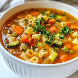 For my Veggie Packed Minestrone Soup, I use a mix of fresh, colorful veggies. Here’s what you need: - 1 tablespoon olive oil - 1 medium onion, diced - 2 garlic cloves, minced - 2 medium carrots, diced - 2 celery stalks, diced - 1 zucchini, diced - 1 cup green beans, chopped - 1 cup kale, chopped - 1 can (15 oz) diced tomatoes - 4 cups vegetable broth - 1 can (15 oz) cannellini beans, drained and rinsed - 1 teaspoon dried oregano - 1 teaspoon dried basil - Salt and pepper to taste - 1 cup small pasta (like ditalini or elbows) - Fresh parsley, chopped (for garnish) Each ingredient packs a punch of nutrition. Here are some highlights: - Olive oil: It has healthy fats that support heart health. - Onion and garlic: They boost your immune system and add flavor. - Carrots: Full of vitamin A, they help with vision. - Celery: It hydrates you and is low in calories. - Zucchini: This veggie is rich in fiber and aids digestion. - Green beans: They provide vitamins C and K, great for bones. - Kale: Known as a superfood, it's packed with vitamins and antioxidants. - Tomatoes: They contain lycopene, which may lower heart disease risk. - Cannellini beans: They offer protein and fiber, keeping you full. - Herbs (oregano and basil): They add flavor without extra calories. To make the soup even better, consider these optional garnishes: - Grated Parmesan cheese for a savory kick. - A squeeze of lemon for brightness. - Croutons for extra crunch. - A drizzle of balsamic reduction for sweetness. These add-ins can transform your soup and make it feel special! {{ingredient_image_1}} First, gather all your ingredients. This makes the cooking process easier. Heat 1 tablespoon of olive oil in a large pot over medium heat. Add the diced onion right away. Sauté it for about 3-4 minutes, until it turns soft and clear. Next, add 2 minced garlic cloves. Cook for 1-2 minutes, until you smell the garlic. Now, it’s time to add the diced carrots and celery. Sauté them together for 5 minutes. This step helps bring out their flavors. Now, add the diced zucchini and chopped green beans. Cook these for about 3-4 minutes. After that, pour in one can of diced tomatoes with their juices. Then, add 4 cups of vegetable broth. Stir well to mix everything together. Next, toss in the drained cannellini beans. Sprinkle in 1 teaspoon each of dried oregano and dried basil. Add salt and pepper to taste. Bring the mixture to a boil. Once it boils, reduce the heat and let it simmer. After the soup simmers for a bit, add 1 cup of small pasta, like ditalini or elbows. Cook it according to the package instructions, usually about 8-10 minutes. When the pasta is almost done, stir in 1 cup of chopped kale. Let it wilt for about 2-3 minutes. Taste the soup and adjust the seasoning if needed. Serve hot, and don't forget the fresh parsley on top for a burst of color and taste! To boost the flavor of your minestrone soup, use fresh herbs. Instead of dried herbs, try using fresh basil or parsley. They add a bright taste. Always season your soup with salt and pepper. Add a splash of lemon juice at the end. This lifts the flavors and adds a nice zing. A common mistake is overcooking the vegetables. Keep them slightly crisp for better texture. Avoid adding pasta too early; it can become mushy. Cook pasta separately if you plan to store leftovers. Lastly, don't skip the beans. They add protein and creaminess to the soup. A large pot is essential for making your soup. A good cutting board and sharp knife help with prep. Use a wooden spoon for stirring. It prevents scratching your pot. A ladle makes serving easy and mess-free. If you have an immersion blender, use it for a smooth texture. Pro Tips Fresh Ingredients: Using fresh vegetables will enhance the flavor and nutrition of your minestrone soup. Customize Your Veggies: Feel free to substitute any of the vegetables with your favorites or what you have on hand. Perfect Pasta: Add the pasta towards the end of cooking to avoid overcooking and ensure it stays al dente. Flavor Boost: For an extra depth of flavor, consider adding a Parmesan cheese rind while the soup simmers. {{image_2}} You can easily make this soup vegetarian or vegan. The base is already plant-based. Use vegetable broth instead of chicken broth. The cannellini beans add protein and fiber. They keep the dish hearty without meat. If you want extra flavor, add nutritional yeast. It gives a cheesy taste that many love. Don't worry if you lack some ingredients. You can swap veggies based on what's in your fridge. For example, if you have bell peppers, toss them in instead of zucchini. Spinach can replace kale if you prefer it. You can also use different beans. Kidney beans or black beans work well too. Small pasta shapes are great, but you can use rice or quinoa if desired. For a low-carb version, skip the pasta. Add more green veggies, like spinach or broccoli. Zucchini noodles are a fun swap too. If you need a gluten-free option, choose gluten-free pasta. Always check labels to be sure. You can also skip pasta altogether and enjoy it as a veggie stew. This way, you keep the flavors but reduce carbs. After making your veggie packed minestrone soup, let it cool. Place it in an airtight container. Keep it in the fridge for up to five days. This soup tastes even better the next day. The flavors blend nicely overnight. Always check your soup for any signs of spoilage before eating. You can freeze your minestrone soup for later use. Pour it into freezer-safe containers, leaving space at the top. This allows for expansion when it freezes. Label the containers with the date. You can freeze it for up to three months. Thaw the soup in the fridge before reheating. To reheat, pour the soup into a pot. Heat over medium heat on the stove. Stir occasionally until it’s hot. If the soup is too thick, add a splash of water or broth. You can also use a microwave. Heat in a microwave-safe bowl, stirring halfway through. Enjoy your delicious soup again! Yes, you can make Minestrone Soup ahead of time. This soup tastes even better the next day. The flavors blend well when it sits. Just store it in an airtight container in the fridge. When you are ready to eat, heat it on the stove or microwave. You may need to add a bit of broth or water as it can thicken when chilled. Feel free to add any veggies you like! Good choices include bell peppers, corn, or spinach. You can also use broccoli or peas for extra color. Just make sure to cut them small so they cook evenly. This soup is very flexible, so use what you have on hand. Minestrone Soup lasts about 3 to 5 days in the fridge. Make sure it is in a sealed container to keep it fresh. If you want to keep it longer, consider freezing it. Minestrone can stay good in the freezer for about 2 to 3 months. Just remember to label the container with the date! Minestrone soup is a versatile dish packed with health benefits from fresh veggies and herbs. We covered the main ingredients and how to cook them. Tips helped you avoid common mistakes, and variations showed how to make it your own. Remember, making this soup is easy and fun. Choose ingredients you love, and enjoy it fresh or stored. A warm bowl of minestrone is perfect for any time. Start cooking and savor the flavors!