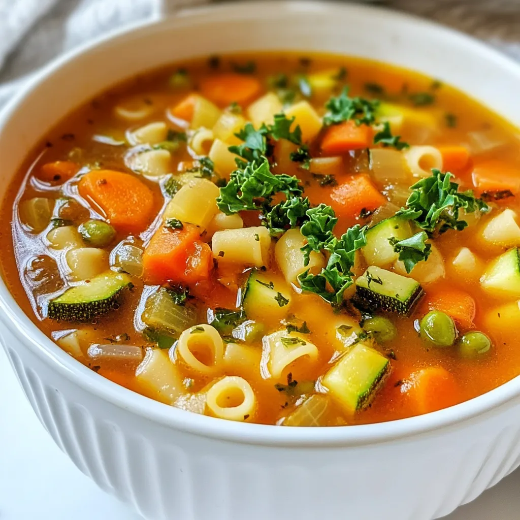 For my Veggie Packed Minestrone Soup, I use a mix of fresh, colorful veggies. Here’s what you need: - 1 tablespoon olive oil - 1 medium onion, diced - 2 garlic cloves, minced - 2 medium carrots, diced - 2 celery stalks, diced - 1 zucchini, diced - 1 cup green beans, chopped - 1 cup kale, chopped - 1 can (15 oz) diced tomatoes - 4 cups vegetable broth - 1 can (15 oz) cannellini beans, drained and rinsed - 1 teaspoon dried oregano - 1 teaspoon dried basil - Salt and pepper to taste - 1 cup small pasta (like ditalini or elbows) - Fresh parsley, chopped (for garnish) Each ingredient packs a punch of nutrition. Here are some highlights: - Olive oil: It has healthy fats that support heart health. - Onion and garlic: They boost your immune system and add flavor. - Carrots: Full of vitamin A, they help with vision. - Celery: It hydrates you and is low in calories. - Zucchini: This veggie is rich in fiber and aids digestion. - Green beans: They provide vitamins C and K, great for bones. - Kale: Known as a superfood, it's packed with vitamins and antioxidants. - Tomatoes: They contain lycopene, which may lower heart disease risk. - Cannellini beans: They offer protein and fiber, keeping you full. - Herbs (oregano and basil): They add flavor without extra calories. To make the soup even better, consider these optional garnishes: - Grated Parmesan cheese for a savory kick. - A squeeze of lemon for brightness. - Croutons for extra crunch. - A drizzle of balsamic reduction for sweetness. These add-ins can transform your soup and make it feel special! {{ingredient_image_1}} First, gather all your ingredients. This makes the cooking process easier. Heat 1 tablespoon of olive oil in a large pot over medium heat. Add the diced onion right away. Sauté it for about 3-4 minutes, until it turns soft and clear. Next, add 2 minced garlic cloves. Cook for 1-2 minutes, until you smell the garlic. Now, it’s time to add the diced carrots and celery. Sauté them together for 5 minutes. This step helps bring out their flavors. Now, add the diced zucchini and chopped green beans. Cook these for about 3-4 minutes. After that, pour in one can of diced tomatoes with their juices. Then, add 4 cups of vegetable broth. Stir well to mix everything together. Next, toss in the drained cannellini beans. Sprinkle in 1 teaspoon each of dried oregano and dried basil. Add salt and pepper to taste. Bring the mixture to a boil. Once it boils, reduce the heat and let it simmer. After the soup simmers for a bit, add 1 cup of small pasta, like ditalini or elbows. Cook it according to the package instructions, usually about 8-10 minutes. When the pasta is almost done, stir in 1 cup of chopped kale. Let it wilt for about 2-3 minutes. Taste the soup and adjust the seasoning if needed. Serve hot, and don't forget the fresh parsley on top for a burst of color and taste! To boost the flavor of your minestrone soup, use fresh herbs. Instead of dried herbs, try using fresh basil or parsley. They add a bright taste. Always season your soup with salt and pepper. Add a splash of lemon juice at the end. This lifts the flavors and adds a nice zing. A common mistake is overcooking the vegetables. Keep them slightly crisp for better texture. Avoid adding pasta too early; it can become mushy. Cook pasta separately if you plan to store leftovers. Lastly, don't skip the beans. They add protein and creaminess to the soup. A large pot is essential for making your soup. A good cutting board and sharp knife help with prep. Use a wooden spoon for stirring. It prevents scratching your pot. A ladle makes serving easy and mess-free. If you have an immersion blender, use it for a smooth texture. Pro Tips Fresh Ingredients: Using fresh vegetables will enhance the flavor and nutrition of your minestrone soup. Customize Your Veggies: Feel free to substitute any of the vegetables with your favorites or what you have on hand. Perfect Pasta: Add the pasta towards the end of cooking to avoid overcooking and ensure it stays al dente. Flavor Boost: For an extra depth of flavor, consider adding a Parmesan cheese rind while the soup simmers. {{image_2}} You can easily make this soup vegetarian or vegan. The base is already plant-based. Use vegetable broth instead of chicken broth. The cannellini beans add protein and fiber. They keep the dish hearty without meat. If you want extra flavor, add nutritional yeast. It gives a cheesy taste that many love. Don't worry if you lack some ingredients. You can swap veggies based on what's in your fridge. For example, if you have bell peppers, toss them in instead of zucchini. Spinach can replace kale if you prefer it. You can also use different beans. Kidney beans or black beans work well too. Small pasta shapes are great, but you can use rice or quinoa if desired. For a low-carb version, skip the pasta. Add more green veggies, like spinach or broccoli. Zucchini noodles are a fun swap too. If you need a gluten-free option, choose gluten-free pasta. Always check labels to be sure. You can also skip pasta altogether and enjoy it as a veggie stew. This way, you keep the flavors but reduce carbs. After making your veggie packed minestrone soup, let it cool. Place it in an airtight container. Keep it in the fridge for up to five days. This soup tastes even better the next day. The flavors blend nicely overnight. Always check your soup for any signs of spoilage before eating. You can freeze your minestrone soup for later use. Pour it into freezer-safe containers, leaving space at the top. This allows for expansion when it freezes. Label the containers with the date. You can freeze it for up to three months. Thaw the soup in the fridge before reheating. To reheat, pour the soup into a pot. Heat over medium heat on the stove. Stir occasionally until it’s hot. If the soup is too thick, add a splash of water or broth. You can also use a microwave. Heat in a microwave-safe bowl, stirring halfway through. Enjoy your delicious soup again! Yes, you can make Minestrone Soup ahead of time. This soup tastes even better the next day. The flavors blend well when it sits. Just store it in an airtight container in the fridge. When you are ready to eat, heat it on the stove or microwave. You may need to add a bit of broth or water as it can thicken when chilled. Feel free to add any veggies you like! Good choices include bell peppers, corn, or spinach. You can also use broccoli or peas for extra color. Just make sure to cut them small so they cook evenly. This soup is very flexible, so use what you have on hand. Minestrone Soup lasts about 3 to 5 days in the fridge. Make sure it is in a sealed container to keep it fresh. If you want to keep it longer, consider freezing it. Minestrone can stay good in the freezer for about 2 to 3 months. Just remember to label the container with the date! Minestrone soup is a versatile dish packed with health benefits from fresh veggies and herbs. We covered the main ingredients and how to cook them. Tips helped you avoid common mistakes, and variations showed how to make it your own. Remember, making this soup is easy and fun. Choose ingredients you love, and enjoy it fresh or stored. A warm bowl of minestrone is perfect for any time. Start cooking and savor the flavors!