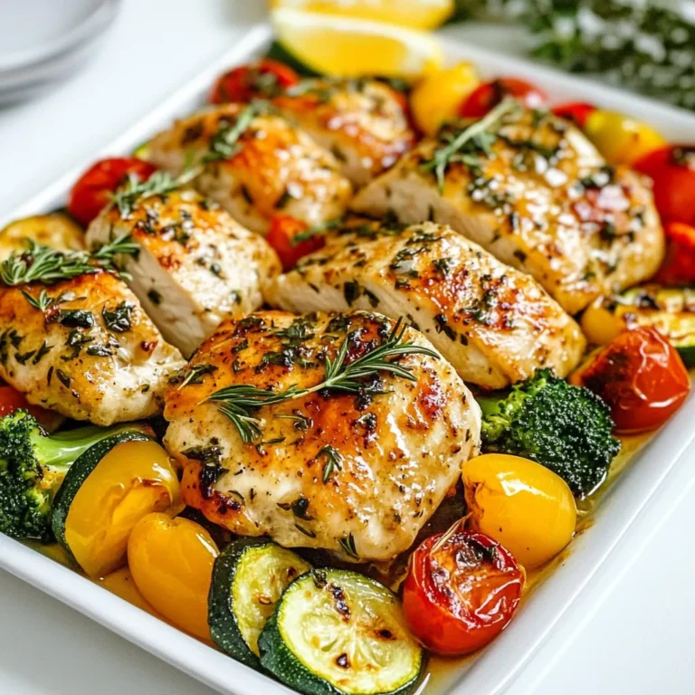 - 4 boneless, skinless chicken breasts - 4 tablespoons unsalted butter, divided - 6 cloves garlic, minced - 1 tablespoon fresh rosemary, chopped - 1 tablespoon fresh thyme, chopped - 2 cups broccoli florets - 1 red bell pepper, sliced - 1 medium zucchini, sliced - 1 cup cherry tomatoes - 1 teaspoon paprika - Salt and black pepper to taste - Juice of 1 lemon - Ovenproof skillet or baking dish - Mixing bowl Gathering the right ingredients makes cooking fun and easy! For this Garlic Herb Butter Chicken & Veggies, you need fresh chicken breasts and vibrant veggies. The butter and garlic create a rich flavor. Fresh herbs like rosemary and thyme add a lovely touch. Don't forget about spices! Paprika gives a nice color and warmth. You will also need salt, black pepper, and a splash of lemon juice to brighten the flavors. Use an ovenproof skillet or baking dish for cooking. A mixing bowl helps when you prepare your veggies. With these items ready, you’ll be on your way to a delicious meal! {{ingredient_image_1}} 1. Start by preheating your oven to 400°F (200°C). This step helps cook the chicken evenly. 2. In a small bowl, mix 2 tablespoons of unsalted butter with 6 minced garlic cloves, 1 tablespoon of chopped rosemary, 1 tablespoon of chopped thyme, 1 teaspoon of paprika, salt, and black pepper. This will create a tasty garlic herb butter. 1. Place 4 boneless, skinless chicken breasts in a large ovenproof skillet. 2. Brush half of the garlic herb butter over the chicken. Make sure each piece is well coated. This adds flavor and keeps the chicken juicy. 1. In a mixing bowl, toss together 2 cups of broccoli florets, 1 sliced red bell pepper, 1 sliced medium zucchini, and 1 cup of cherry tomatoes. 2. Add the remaining garlic herb butter to the veggies. Season with salt and black pepper to taste. This makes the vegetables delicious and colorful. 1. Arrange the seasoned vegetables around the chicken in the skillet. This helps them cook together. 2. Squeeze the juice of 1 lemon over both the chicken and the vegetables. This adds a bright flavor. 3. Bake in the preheated oven for 25-30 minutes. Use a meat thermometer to check if the chicken reaches 165°F (75°C). This ensures it is safe to eat. 4. Once done, remove from the oven and let it rest for 5 minutes before serving. Enjoy your meal! To ensure your chicken is perfectly seasoned, use enough garlic herb butter. Coat each piece well. This dish shines when every bite bursts with flavor. Check the internal temperature of the chicken to make sure it's safe to eat. Use a meat thermometer for accuracy. The chicken should reach 165°F (75°C). This keeps it juicy and tender. For serving, use a large platter for an inviting look. Place the chicken in the center with veggies around it. This creates a beautiful display. Garnish with extra fresh herbs and lemon wedges. This adds color and a fresh aroma. Your guests will love the vibrant look of your meal. To boost flavor, try using additional herbs or spices. Fresh basil or dill can add a twist. You can also sprinkle some red pepper flakes for heat. Experiment with different combinations to find your favorite. Each change can make the dish feel new and exciting. Pro Tips Use Fresh Herbs: Fresh herbs enhance the flavor of the garlic herb butter. If possible, use fresh rosemary and thyme instead of dried for a more vibrant taste. Let Chicken Rest: Allow the chicken to rest for 5 minutes after baking. This helps the juices redistribute, keeping the meat juicy and tender. Cut Veggies Evenly: Ensure your vegetables are cut into similar sizes for even cooking. This prevents some from being undercooked while others are overcooked. Experiment with Veggies: Feel free to swap in your favorite seasonal vegetables. Carrots, asparagus, or green beans can be great alternatives to the ones listed in the recipe. {{image_2}} You can alter the veggies to match the season. Try using asparagus in spring. In summer, add sweet corn or bell peppers. In fall, root veggies like carrots or squash work well. You can also mix in leafy greens. Spinach and kale add color and nutrients. Just toss them in during the last few minutes of cooking. If you want a change from chicken, consider turkey. Turkey breasts cook similarly and have great flavor. Tofu is another option for a plant-based meal. Press the tofu to remove excess water. Then, marinate it in the garlic herb butter before cooking. Switching herbs can change the flavor. Basil brings a sweet touch, perfect for summer. Dill offers a fresh taste, great with chicken and veggies. Experiment with your favorites to find new flavors. You might discover a new family favorite! To keep your garlic herb butter chicken and veggies fresh, store them properly. First, let the dish cool down to room temperature. Then, place the chicken and veggies in an airtight container. This helps lock in flavor and moisture. Refrigerate the leftovers within two hours of cooking. If you want to save leftovers longer, freezing is a great option. First, cut the chicken into smaller pieces for even freezing. Place the chicken and veggies in a freezer-safe bag or container. Remember to remove as much air as possible. You can freeze them for up to three months. To reheat, let them thaw overnight in the fridge. Then, warm them up in the oven or microwave until heated through. Leftovers can stay fresh in the fridge for about three to four days. After that, the taste and quality may decline. If you see any signs of spoilage, like an off smell or discoloration, it’s best to toss them. Always trust your senses; they guide you well in the kitchen! It takes about 25 to 30 minutes to cook chicken breasts in the oven at 400°F (200°C). Always check the chicken's internal temperature. It should reach 165°F (75°C) for safe eating. If your chicken breasts are thick, they may need more time. Thin breasts will cook faster, so keep an eye on them. Yes, you can use frozen chicken, but it needs extra time. Cook the chicken for about 50% longer than fresh chicken. Make sure to thaw it safely in the fridge or microwave before cooking. This helps the garlic herb butter spread evenly. If cooking from frozen, check the internal temperature carefully to ensure it cooks through. Many sides go well with this dish. Here are some great options: - Rice or quinoa for a hearty base - A fresh salad for a light touch - Mashed potatoes for comfort - Crusty bread to soak up flavors Choose any of these sides to create a delicious, well-rounded meal! This blog post covers all you need for a tasty meal of Garlic Herb Butter Chicken and Veggies. We explored the main ingredients like chicken, herbs, and vegetables. You learned easy steps to prepare, season, and bake the dish. Tips for perfecting taste and presentation were also shared. Don't forget the variations and storage info to make the most of your leftovers. Cooking can be fun and simple, so try this recipe and make it your own! Enjoy your flavorful journey in the kitchen.