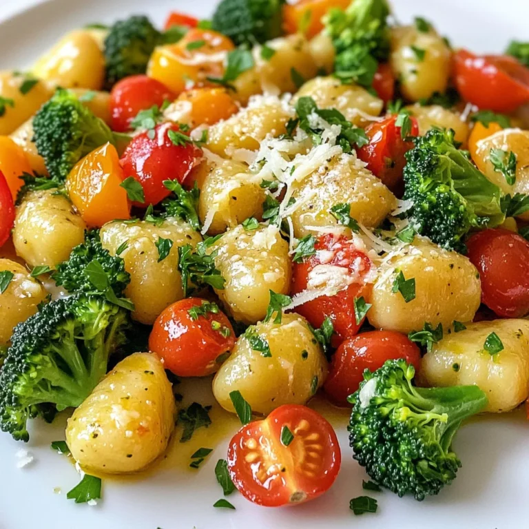 Here’s what you need for the Sheet Pan Garlic Parmesan Gnocchi & Veggies. Gather these items to start your culinary adventure: - 1 pound potato gnocchi - 2 cups broccoli florets - 1 cup cherry tomatoes, halved - 1 red bell pepper, diced - 4 cloves garlic, minced - 1/4 cup olive oil - 1/2 cup grated Parmesan cheese - 1 teaspoon Italian seasoning - Salt and black pepper to taste - Fresh parsley, chopped (for garnish) Make sure the gnocchi is fresh. This helps to create a fluffy texture. Use vibrant veggies for a colorful dish. I love adding cherry tomatoes for sweetness. Garlic brings a wonderful aroma to the meal. Don't skimp on the Parmesan; it adds a rich, cheesy flavor. Fresh parsley brightens the dish and makes it look pretty! Keep these ingredients ready, and we will create something delicious together. - Preheat your oven to 400°F (200°C). Line a large sheet pan with parchment paper. - In a large bowl, combine 1 pound of potato gnocchi, 2 cups of broccoli florets, 1 cup of halved cherry tomatoes, and 1 diced red bell pepper. - Add 4 cloves of minced garlic, 1/4 cup of olive oil, 1 teaspoon of Italian seasoning, salt, and black pepper. Toss gently until everything is well coated. - Spread the gnocchi and veggie mixture evenly on the prepared sheet pan. - Generously sprinkle 1/2 cup of grated Parmesan cheese over the top. - Place the sheet pan in the preheated oven. Bake for 20 to 25 minutes. Stir halfway through for even cooking. The gnocchi should turn golden, and the veggies should become tender. - Once baked, remove the pan from the oven. Let it cool for a couple of minutes. - Garnish with fresh parsley before serving. Enjoy your delicious meal! To boost flavor, I recommend using fresh herbs when possible. Fresh herbs add more depth than dried ones. If you use dried herbs, use less, as they are stronger. Adjust the salt and pepper to your taste. Start with a pinch, then add more if needed. You can also mix in a squeeze of lemon for brightness. Proper tossing makes a big difference. Toss your gnocchi and veggies well to coat them evenly. This helps all the flavors mix. During baking, stir the mixture halfway through. This ensures that everything cooks evenly and the gnocchi get nice and crispy. Serve the dish on a large, colorful platter. Add extra grated Parmesan on top for a cheesy look. Fresh parsley sprinkled over adds a pop of green. For extra flair, drizzle some balsamic glaze on the plate. This not only enhances the look but adds a delightful taste. {{image_2}} You can swap out veggies based on your taste. Zucchini and bell peppers work well here. They add nice color and crunch. Seasonal veggies shine too! Think asparagus in spring or root veggies in fall. Feel free to get creative with what you have. You can even add leafy greens like spinach for a healthy twist. Want to make this dish heartier? Try adding protein! Chicken, shrimp, or tofu fit perfectly. For chicken, cut it into small pieces for even cooking. Shrimp cooks fast, so add it halfway through baking. If using tofu, make sure it’s pressed to remove excess water. Adjust cooking time as needed; protein may take a bit longer. If you follow a vegan diet, swap the cheese for a dairy-free alternative. Nutritional yeast adds a cheesy flavor without dairy. For gluten-free options, choose a gluten-free gnocchi. These changes keep the dish tasty and inclusive for all diets. Enjoy making it your own! To keep your Sheet Pan Garlic Parmesan Gnocchi & Veggies fresh, store leftovers in an airtight container. Place the container in the fridge. This helps keep moisture in and prevents the veggies from wilting. Leftovers can last for about 3 to 4 days in the fridge. If you want to keep them longer, consider freezing them. They can last up to 2 months in the freezer. Just remember to let them cool completely before storing. To reheat without losing texture, the oven works best. Preheat your oven to 350°F (175°C). Spread the leftovers on a baking sheet. Heat for about 15 minutes, or until warm. This method helps keep the gnocchi crispy. If you need a quicker option, you can use the microwave. Place a serving on a microwave-safe plate. Cover it with a damp paper towel to keep moisture in. Heat in short bursts of 30 seconds until warm. This method is faster, but it may make the gnocchi a bit softer. Can I use frozen gnocchi? Yes, you can use frozen gnocchi. Just add them directly to the bowl with the other ingredients. They will cook well in the oven. How do I know when the dish is done? The dish is done when the gnocchi turn golden brown. The veggies should be tender but not mushy. A good stir halfway through helps with even cooking. Can I prep this dish in advance? Yes, you can prep this dish ahead of time. Mix the gnocchi and veggies with the seasonings and oil. Store it in the fridge for up to a day before baking. What to serve alongside this dish? This dish pairs well with a side salad or warm bread. A simple green salad adds a nice crunch and freshness. How to make it spicier? To add some heat, include red pepper flakes or diced jalapeños. You can also use a spicy Italian seasoning blend for more flavor. Can I skip the cheese? You can skip the cheese if you prefer. For a vegan option, try nutritional yeast for a cheesy flavor without dairy. This blog post covered a simple and tasty dish with potato gnocchi and fresh veggies. You learned about the key ingredients and followed easy steps to prepare and bake your meal. We shared tips for enhancing flavor and making your meal look great. You can also explore variations to suit your taste and dietary needs. Remember, cooking is fun and allows you to get creative. Enjoy trying different combinations, and don't hesitate to make this dish your own!