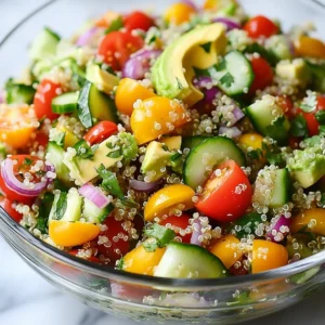 - 1 cup quinoa, rinsed and drained - 2 cups water - 1 cup cherry tomatoes, halved - 1 medium cucumber, diced - 1 bell pepper (red or yellow), diced - 1/4 red onion, finely chopped - 1 avocado, diced - 1/2 cup fresh cilantro, chopped - 1/4 cup lime juice (about 2-3 limes) - 2 tablespoons olive oil - 1 teaspoon honey or agave syrup - 1 teaspoon ground cumin - Salt and pepper to taste In this salad, quinoa serves as the base. It has a nutty taste and a fluffy texture. I always rinse quinoa to remove its natural coating called saponin. This step helps avoid a bitter flavor. The fresh veggies add crunch and color, making the salad lively. Cherry tomatoes give a sweet burst, while cucumbers add a refreshing crunch. The bell pepper adds sweetness, and the red onion gives a nice bite. Avocado makes the salad creamy and rich. You can customize your salad with these extras: - Feta cheese for a salty kick - Black beans for extra protein - Corn for sweetness - Jalapeños for heat - Chopped nuts for crunch These toppings can enhance the flavor and texture of the salad. Feel free to mix and match based on what you like! This salad is not just tasty; it's also good for you. Here’s a breakdown of its benefits: - Quinoa is a complete protein, meaning it has all nine essential amino acids. - Fresh veggies provide vitamins and minerals. - Avocado offers healthy fats that are great for your heart. - Lime juice is rich in vitamin C, boosting your immune system. This dish is balanced and full of nutrients. It fits well in a healthy diet while being delicious. Enjoy making this salad and feel good about what you eat! {{ingredient_image_1}} To start, rinse one cup of quinoa under cold water. This step helps remove any bitter taste. Next, place the rinsed quinoa in a medium saucepan. Add two cups of water to the pot. Bring this mixture to a boil over medium-high heat. Once it starts boiling, lower the heat. Cover the pot and let it simmer for about 15 minutes. You want the quinoa to be fluffy and the water fully absorbed. When done, remove the pot from heat and allow the quinoa to cool. While the quinoa cools, let’s make the dressing. In a bowl, whisk together 1/4 cup of fresh lime juice and 2 tablespoons of olive oil. Add one teaspoon of honey or agave syrup for a touch of sweetness. Then, mix in one teaspoon of ground cumin along with salt and pepper to taste. This dressing brings a bright and zesty flavor to the salad. Now, grab a large mixing bowl. Add in your halved cherry tomatoes, diced cucumber, diced bell pepper, finely chopped red onion, and diced avocado. Once the quinoa is cool, add it to the bowl. Pour the dressing over the salad, then toss everything gently. Be careful not to mash the avocado. Finally, fold in 1/2 cup of chopped fresh cilantro and adjust the seasoning if needed. For the best flavor, refrigerate the salad for about 30 minutes. To cook quinoa just right, rinse it first. This step removes the bitter taste. Use a medium saucepan and add one cup of rinsed quinoa and two cups of water. Bring it to a boil on medium-high heat. Once it boils, lower the heat and cover the pot. Let it simmer for about 15 minutes. When done, the quinoa should be fluffy and all the water absorbed. Remove it from heat and let it cool before mixing it in your salad. When chopping vegetables, use a sharp knife for safety and ease. For cherry tomatoes, slice them in half to release their juicy flavor. Dice the cucumber into small pieces for a nice crunch. Bell peppers should be cut into uniform squares. This helps them mix well in the salad. For the red onion, finely chop it to add a bit of zing. Lastly, dice the avocado carefully to keep it from mashing. For serving, choose a large clear glass bowl. This lets the colors shine through. Garnish with extra cilantro leaves and lime wedges for a fresh look. This salad is great on its own or as a side dish. Pair it with grilled chicken or fish for a complete meal. Don’t forget to chill it for about 30 minutes before serving. This helps the flavors blend beautifully. Pro Tips Rinse the Quinoa: Rinsing quinoa under cold water removes its natural coating, called saponin, which can make it taste bitter or soapy. Chill for Flavor: Allowing the salad to chill for at least 30 minutes enhances the flavors, making the dish much more refreshing. Avocado Preservation: To prevent the avocado from browning, squeeze a bit of lime juice directly on it right after cutting. Customize Your Veggies: Feel free to add or substitute other vegetables like corn, black beans, or diced zucchini for additional texture and flavor. {{image_2}} You can boost this salad with protein. Grilled chicken is a great choice. It adds flavor and makes the salad heartier. Tofu also works well. Just cube it and sauté until golden. For a plant-based option, try black beans or chickpeas. They add fiber and protein. Simply mix them in with the quinoa and veggies for a filling meal. This salad is naturally gluten-free thanks to quinoa. If you want other options, use gluten-free grains like rice or millet. Both will give you a nice texture. Ensure any added sauces or dressings are also gluten-free. This keeps your meal safe and tasty for everyone. While cilantro shines in this salad, feel free to mix it up. Fresh parsley or basil can also bring a fresh taste. Dill is another option if you want a unique twist. Just chop and add as you would with cilantro. Each herb will change the flavor, making this dish fun to explore. To keep your cilantro lime quinoa salad fresh, place it in an airtight container. Make sure the lid fits tightly. This will help keep out air and moisture. You can store it in the fridge for best results. When stored properly, cilantro lime quinoa salad lasts about 3 to 5 days in the fridge. After that, the veggies may lose their crunch. If it starts to smell off, it’s best to toss it. Always check for freshness before eating. You can freeze this salad if you want to save some for later. However, the texture of fresh vegetables may change when thawed. To freeze, place the salad in a freezer-safe bag or container. Remove as much air as possible before sealing. It can last up to 2 months in the freezer. When you're ready to eat, thaw it in the fridge overnight. Mix well before serving to combine flavors again. To make quinoa less bitter, rinse it well before cooking. Use cold water and rub the grains with your hands. This helps remove saponins, the natural coating that can taste bitter. After rinsing, cook the quinoa as usual. You will enjoy a better flavor in your salad. Yes, you can make this salad ahead of time. It tastes even better after sitting. Just prepare the salad and store it in the fridge. I recommend waiting to add the avocado until just before serving. This keeps it fresh and green. If you don’t have lime juice, try lemon juice instead. It gives a similar tartness. You can also use vinegar, like apple cider or white wine vinegar. Adjust the amount to suit your taste, as vinegar is stronger than lime juice. Absolutely! This salad is great for meal prep. It stores well in the fridge, and you can portion it into containers. It stays fresh for about 3 days. Just remember to add any toppings, like avocado, right before you eat. Cilantro lime quinoa salad is fresh and healthy. We covered the main ingredients, optional toppings, and nutrition. I shared tips on cooking quinoa and prepping veggies. We explored variations with proteins and herbs. Lastly, I explained how to store leftovers and answered common questions. This salad is perfect for any meal. Enjoy it as a side or main dish. It’s easy, tasty, and good for you. Try it today and make it your own!