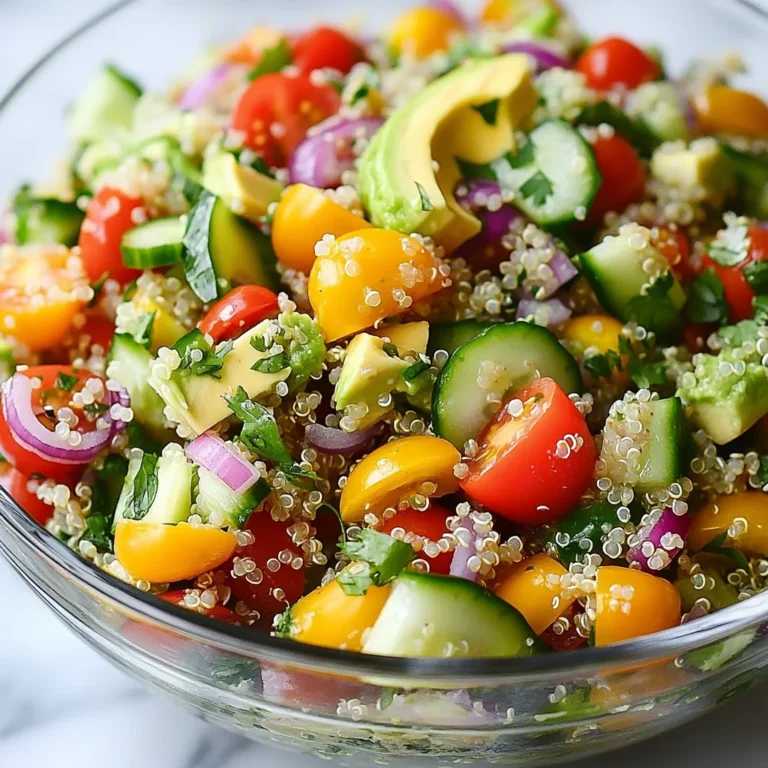 - 1 cup quinoa, rinsed and drained - 2 cups water - 1 cup cherry tomatoes, halved - 1 medium cucumber, diced - 1 bell pepper (red or yellow), diced - 1/4 red onion, finely chopped - 1 avocado, diced - 1/2 cup fresh cilantro, chopped - 1/4 cup lime juice (about 2-3 limes) - 2 tablespoons olive oil - 1 teaspoon honey or agave syrup - 1 teaspoon ground cumin - Salt and pepper to taste In this salad, quinoa serves as the base. It has a nutty taste and a fluffy texture. I always rinse quinoa to remove its natural coating called saponin. This step helps avoid a bitter flavor. The fresh veggies add crunch and color, making the salad lively. Cherry tomatoes give a sweet burst, while cucumbers add a refreshing crunch. The bell pepper adds sweetness, and the red onion gives a nice bite. Avocado makes the salad creamy and rich. You can customize your salad with these extras: - Feta cheese for a salty kick - Black beans for extra protein - Corn for sweetness - Jalapeños for heat - Chopped nuts for crunch These toppings can enhance the flavor and texture of the salad. Feel free to mix and match based on what you like! This salad is not just tasty; it's also good for you. Here’s a breakdown of its benefits: - Quinoa is a complete protein, meaning it has all nine essential amino acids. - Fresh veggies provide vitamins and minerals. - Avocado offers healthy fats that are great for your heart. - Lime juice is rich in vitamin C, boosting your immune system. This dish is balanced and full of nutrients. It fits well in a healthy diet while being delicious. Enjoy making this salad and feel good about what you eat! {{ingredient_image_1}} To start, rinse one cup of quinoa under cold water. This step helps remove any bitter taste. Next, place the rinsed quinoa in a medium saucepan. Add two cups of water to the pot. Bring this mixture to a boil over medium-high heat. Once it starts boiling, lower the heat. Cover the pot and let it simmer for about 15 minutes. You want the quinoa to be fluffy and the water fully absorbed. When done, remove the pot from heat and allow the quinoa to cool. While the quinoa cools, let’s make the dressing. In a bowl, whisk together 1/4 cup of fresh lime juice and 2 tablespoons of olive oil. Add one teaspoon of honey or agave syrup for a touch of sweetness. Then, mix in one teaspoon of ground cumin along with salt and pepper to taste. This dressing brings a bright and zesty flavor to the salad. Now, grab a large mixing bowl. Add in your halved cherry tomatoes, diced cucumber, diced bell pepper, finely chopped red onion, and diced avocado. Once the quinoa is cool, add it to the bowl. Pour the dressing over the salad, then toss everything gently. Be careful not to mash the avocado. Finally, fold in 1/2 cup of chopped fresh cilantro and adjust the seasoning if needed. For the best flavor, refrigerate the salad for about 30 minutes. To cook quinoa just right, rinse it first. This step removes the bitter taste. Use a medium saucepan and add one cup of rinsed quinoa and two cups of water. Bring it to a boil on medium-high heat. Once it boils, lower the heat and cover the pot. Let it simmer for about 15 minutes. When done, the quinoa should be fluffy and all the water absorbed. Remove it from heat and let it cool before mixing it in your salad. When chopping vegetables, use a sharp knife for safety and ease. For cherry tomatoes, slice them in half to release their juicy flavor. Dice the cucumber into small pieces for a nice crunch. Bell peppers should be cut into uniform squares. This helps them mix well in the salad. For the red onion, finely chop it to add a bit of zing. Lastly, dice the avocado carefully to keep it from mashing. For serving, choose a large clear glass bowl. This lets the colors shine through. Garnish with extra cilantro leaves and lime wedges for a fresh look. This salad is great on its own or as a side dish. Pair it with grilled chicken or fish for a complete meal. Don’t forget to chill it for about 30 minutes before serving. This helps the flavors blend beautifully. Pro Tips Rinse the Quinoa: Rinsing quinoa under cold water removes its natural coating, called saponin, which can make it taste bitter or soapy. Chill for Flavor: Allowing the salad to chill for at least 30 minutes enhances the flavors, making the dish much more refreshing. Avocado Preservation: To prevent the avocado from browning, squeeze a bit of lime juice directly on it right after cutting. Customize Your Veggies: Feel free to add or substitute other vegetables like corn, black beans, or diced zucchini for additional texture and flavor. {{image_2}} You can boost this salad with protein. Grilled chicken is a great choice. It adds flavor and makes the salad heartier. Tofu also works well. Just cube it and sauté until golden. For a plant-based option, try black beans or chickpeas. They add fiber and protein. Simply mix them in with the quinoa and veggies for a filling meal. This salad is naturally gluten-free thanks to quinoa. If you want other options, use gluten-free grains like rice or millet. Both will give you a nice texture. Ensure any added sauces or dressings are also gluten-free. This keeps your meal safe and tasty for everyone. While cilantro shines in this salad, feel free to mix it up. Fresh parsley or basil can also bring a fresh taste. Dill is another option if you want a unique twist. Just chop and add as you would with cilantro. Each herb will change the flavor, making this dish fun to explore. To keep your cilantro lime quinoa salad fresh, place it in an airtight container. Make sure the lid fits tightly. This will help keep out air and moisture. You can store it in the fridge for best results. When stored properly, cilantro lime quinoa salad lasts about 3 to 5 days in the fridge. After that, the veggies may lose their crunch. If it starts to smell off, it’s best to toss it. Always check for freshness before eating. You can freeze this salad if you want to save some for later. However, the texture of fresh vegetables may change when thawed. To freeze, place the salad in a freezer-safe bag or container. Remove as much air as possible before sealing. It can last up to 2 months in the freezer. When you're ready to eat, thaw it in the fridge overnight. Mix well before serving to combine flavors again. To make quinoa less bitter, rinse it well before cooking. Use cold water and rub the grains with your hands. This helps remove saponins, the natural coating that can taste bitter. After rinsing, cook the quinoa as usual. You will enjoy a better flavor in your salad. Yes, you can make this salad ahead of time. It tastes even better after sitting. Just prepare the salad and store it in the fridge. I recommend waiting to add the avocado until just before serving. This keeps it fresh and green. If you don’t have lime juice, try lemon juice instead. It gives a similar tartness. You can also use vinegar, like apple cider or white wine vinegar. Adjust the amount to suit your taste, as vinegar is stronger than lime juice. Absolutely! This salad is great for meal prep. It stores well in the fridge, and you can portion it into containers. It stays fresh for about 3 days. Just remember to add any toppings, like avocado, right before you eat. Cilantro lime quinoa salad is fresh and healthy. We covered the main ingredients, optional toppings, and nutrition. I shared tips on cooking quinoa and prepping veggies. We explored variations with proteins and herbs. Lastly, I explained how to store leftovers and answered common questions. This salad is perfect for any meal. Enjoy it as a side or main dish. It’s easy, tasty, and good for you. Try it today and make it your own!