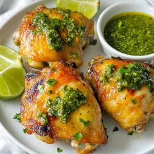 - 4 chicken thighs, bone-in and skin-on - 1 cup fresh parsley, finely chopped - ½ cup fresh cilantro, finely chopped - 4 garlic cloves, minced - 1 teaspoon red pepper flakes - ½ teaspoon smoked paprika - ½ teaspoon salt - ½ teaspoon black pepper - ½ cup olive oil - 2 tablespoons red wine vinegar (or lemon juice for a non-alcoholic option) - 1 lime, juiced If you run out of an ingredient, don't worry! You can make easy swaps. - Chicken Thighs: Use chicken breasts instead, though they will cook faster. - Fresh Herbs: If you lack parsley or cilantro, try basil or mint. - Olive Oil: Sunflower or avocado oil works as a substitute. - Vinegar: Use apple cider vinegar if you don’t have red wine vinegar. Lemon juice also works well. Using fresh ingredients makes a big difference in flavor. Fresh herbs like parsley and cilantro add vibrant taste. The garlic gives a punch that dried spices can't match. When you use fresh lime juice, it brightens the whole dish. It’s best to shop for ingredients close to when you cook. This ensures your chicken thighs will be juicy and full of flavor. Fresh ingredients not only taste better but also make your meal look great. When everything is fresh, you feel the love in every bite! {{ingredient_image_1}} To make the chimichurri sauce, start with a mixing bowl. Add 1 cup of finely chopped fresh parsley. Next, add ½ cup of finely chopped fresh cilantro. Then, mix in 4 minced garlic cloves. Sprinkle in 1 teaspoon of red pepper flakes, ½ teaspoon of smoked paprika, ½ teaspoon of salt, and ½ teaspoon of black pepper. This mix creates a vibrant sauce. Now, pour in ½ cup of olive oil and 2 tablespoons of red wine vinegar (or lemon juice). Squeeze in the juice of 1 lime. Stir well until everything blends nicely. Grab 4 bone-in, skin-on chicken thighs. Place them in a large zip-top bag or a shallow dish. Pour half of your chimichurri sauce over the chicken. Make sure each thigh gets enough sauce. Seal the bag or cover the dish tightly. Let the chicken marinate in the fridge for at least 1 hour. For even more flavor, marinate for up to 4 hours. This helps the chicken soak up all those bold flavors. When you're ready to cook, preheat your oven to 425°F (220°C). If grilling, heat your grill to medium-high. For oven cooking, place the marinated chicken on a baking sheet lined with parchment paper. Roast for 30-35 minutes. Check the skin; it should be crispy and golden. The chicken is done when it reaches an internal temperature of 165°F (75°C). If you're using a grill, cook each side for about 6-8 minutes. This gives a nice char. During the last 5 minutes, brush the chicken with the remaining chimichurri sauce. This adds a delicious layer of flavor. Once cooked, let the chicken rest for 5 minutes before serving. Enjoy your bold and flavorful chimichurri chicken thighs! To cook chicken thighs perfectly, focus on the temperature. Always aim for an internal temperature of 165°F (75°C). Use a meat thermometer to check. This will ensure your chicken is juicy and safe to eat. When roasting, place the chicken skin-side up. This helps the skin crisp up nicely. If grilling, keep the heat medium-high for even cooking. Turn the chicken only once for best results. Marination adds great flavor to your chicken. I suggest marinating for at least 1 hour. This allows the flavors to soak in deeply. If you have more time, go for 4 hours. This longer marination gives a richer taste. Just remember to keep the chicken in the fridge while it marinates. This keeps it safe and fresh. For extra flavor, consider these tips. First, add a splash of lemon juice to the chimichurri. This brightens the taste. You can also mix in some chopped red onion. It adds crunch and a bit of sweetness. Another idea is to sprinkle extra herbs over the chicken before serving. Fresh herbs like cilantro or parsley make a beautiful touch. Lastly, serve with a side of roasted veggies. They complement the chicken well and add color to your plate. Pro Tips Marinate Longer for Flavor: If time allows, marinate the chicken thighs for up to 4 hours. This will enhance the flavor and tenderness of the meat. Use Fresh Herbs: Fresh herbs make a significant difference in the flavor of chimichurri. Always opt for fresh parsley and cilantro instead of dried. Crispier Skin: For extra crispy skin, pat the chicken dry with paper towels before marinating and cooking. This removes excess moisture that can prevent browning. Adjust Spice Levels: Feel free to adjust the amount of red pepper flakes according to your heat preference. You can also omit them for a milder chimichurri. {{image_2}} You can change the flavor of Chimichurri Chicken Thighs by using different herbs. While parsley and cilantro are classic, you can mix in fresh basil or oregano. Each herb adds its own unique twist. For example, basil gives a sweet, fragrant taste, while oregano adds a warm, earthy flavor. You can even try a mix for a bold blend. Explore these variations to find your favorite combination. If you like spice, adding more heat is simple. Start with extra red pepper flakes. You can use a teaspoon or more based on your taste. Another option is to add diced jalapeños or serrano peppers into the chimichurri sauce. These will kick things up a notch! You can also try a dash of cayenne pepper for a smoky boost. Spice makes the dish exciting and fun. Grilling can change how your Chimichurri Chicken Thighs taste. Gas grills heat up quickly and allow for more control over temperature. You can cook the chicken evenly with less risk of burning. Charcoal grills offer a smoky flavor that many people love. They take longer to heat up but can give your chicken a unique taste. Whichever method you choose, make sure to monitor the internal temperature. Chicken should reach 165°F (75°C) for safe eating. To store leftover chicken thighs, let them cool first. Place them in an airtight container. You can keep them in the fridge for up to four days. If you want to keep them longer, freezing is a great option. When reheating, keep the chicken moist. You can use the oven or microwave. For the oven, heat it at 350°F (175°C) for about 15-20 minutes. If using a microwave, cover the chicken with a damp paper towel. This helps to keep the chicken juicy. To freeze, wrap each chicken thigh tightly in plastic wrap. After that, place them in a freezer-safe bag. You can freeze them for up to three months. When ready to eat, thaw them in the fridge overnight. This keeps the flavor and texture intact. You should marinate chicken thighs for at least 1 hour. For the best flavor, try 4 hours. This gives the chimichurri sauce time to soak into the meat. The longer you marinate, the more taste you will get. Yes, you can use chicken breast. However, chicken thighs are juicier and more flavorful. They hold up better during cooking. If you choose breasts, watch the cooking time. They can dry out faster than thighs. Chimichurri sauce comes from Argentina. It is a mix of herbs, garlic, and oil. People often use it on grilled meats. The sauce reflects the rich flavors of Argentine cuisine. Over time, it gained popularity worldwide, becoming a staple in many kitchens. Chimichurri Chicken Thighs taste great with many sides. Here are some ideas: - Roasted vegetables - Grilled corn - Quinoa salad - Rice pilaf - Garlic bread - Fresh green salad These sides complement the bold flavors of the chicken and chimichurri sauce. In this post, we explored key steps to make Chimichurri Chicken Thighs. We covered ingredients, cooking methods, and tips for perfect results. Fresh ingredients are vital for great flavor. We also discussed marinating and grilling techniques to enhance taste. Remember, you can substitute ingredients based on what you have. Finally, knowing how to store and reheat the chicken helps you enjoy leftovers. Trust this guide to create a delicious meal every time. Happy cooking!