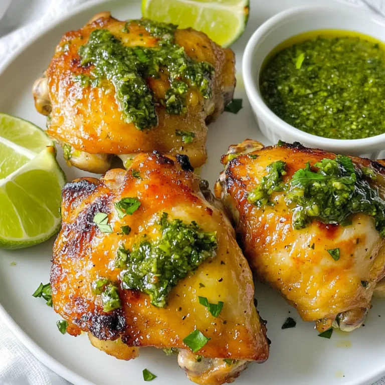 - 4 chicken thighs, bone-in and skin-on - 1 cup fresh parsley, finely chopped - ½ cup fresh cilantro, finely chopped - 4 garlic cloves, minced - 1 teaspoon red pepper flakes - ½ teaspoon smoked paprika - ½ teaspoon salt - ½ teaspoon black pepper - ½ cup olive oil - 2 tablespoons red wine vinegar (or lemon juice for a non-alcoholic option) - 1 lime, juiced If you run out of an ingredient, don't worry! You can make easy swaps. - Chicken Thighs: Use chicken breasts instead, though they will cook faster. - Fresh Herbs: If you lack parsley or cilantro, try basil or mint. - Olive Oil: Sunflower or avocado oil works as a substitute. - Vinegar: Use apple cider vinegar if you don’t have red wine vinegar. Lemon juice also works well. Using fresh ingredients makes a big difference in flavor. Fresh herbs like parsley and cilantro add vibrant taste. The garlic gives a punch that dried spices can't match. When you use fresh lime juice, it brightens the whole dish. It’s best to shop for ingredients close to when you cook. This ensures your chicken thighs will be juicy and full of flavor. Fresh ingredients not only taste better but also make your meal look great. When everything is fresh, you feel the love in every bite! {{ingredient_image_1}} To make the chimichurri sauce, start with a mixing bowl. Add 1 cup of finely chopped fresh parsley. Next, add ½ cup of finely chopped fresh cilantro. Then, mix in 4 minced garlic cloves. Sprinkle in 1 teaspoon of red pepper flakes, ½ teaspoon of smoked paprika, ½ teaspoon of salt, and ½ teaspoon of black pepper. This mix creates a vibrant sauce. Now, pour in ½ cup of olive oil and 2 tablespoons of red wine vinegar (or lemon juice). Squeeze in the juice of 1 lime. Stir well until everything blends nicely. Grab 4 bone-in, skin-on chicken thighs. Place them in a large zip-top bag or a shallow dish. Pour half of your chimichurri sauce over the chicken. Make sure each thigh gets enough sauce. Seal the bag or cover the dish tightly. Let the chicken marinate in the fridge for at least 1 hour. For even more flavor, marinate for up to 4 hours. This helps the chicken soak up all those bold flavors. When you're ready to cook, preheat your oven to 425°F (220°C). If grilling, heat your grill to medium-high. For oven cooking, place the marinated chicken on a baking sheet lined with parchment paper. Roast for 30-35 minutes. Check the skin; it should be crispy and golden. The chicken is done when it reaches an internal temperature of 165°F (75°C). If you're using a grill, cook each side for about 6-8 minutes. This gives a nice char. During the last 5 minutes, brush the chicken with the remaining chimichurri sauce. This adds a delicious layer of flavor. Once cooked, let the chicken rest for 5 minutes before serving. Enjoy your bold and flavorful chimichurri chicken thighs! To cook chicken thighs perfectly, focus on the temperature. Always aim for an internal temperature of 165°F (75°C). Use a meat thermometer to check. This will ensure your chicken is juicy and safe to eat. When roasting, place the chicken skin-side up. This helps the skin crisp up nicely. If grilling, keep the heat medium-high for even cooking. Turn the chicken only once for best results. Marination adds great flavor to your chicken. I suggest marinating for at least 1 hour. This allows the flavors to soak in deeply. If you have more time, go for 4 hours. This longer marination gives a richer taste. Just remember to keep the chicken in the fridge while it marinates. This keeps it safe and fresh. For extra flavor, consider these tips. First, add a splash of lemon juice to the chimichurri. This brightens the taste. You can also mix in some chopped red onion. It adds crunch and a bit of sweetness. Another idea is to sprinkle extra herbs over the chicken before serving. Fresh herbs like cilantro or parsley make a beautiful touch. Lastly, serve with a side of roasted veggies. They complement the chicken well and add color to your plate. Pro Tips Marinate Longer for Flavor: If time allows, marinate the chicken thighs for up to 4 hours. This will enhance the flavor and tenderness of the meat. Use Fresh Herbs: Fresh herbs make a significant difference in the flavor of chimichurri. Always opt for fresh parsley and cilantro instead of dried. Crispier Skin: For extra crispy skin, pat the chicken dry with paper towels before marinating and cooking. This removes excess moisture that can prevent browning. Adjust Spice Levels: Feel free to adjust the amount of red pepper flakes according to your heat preference. You can also omit them for a milder chimichurri. {{image_2}} You can change the flavor of Chimichurri Chicken Thighs by using different herbs. While parsley and cilantro are classic, you can mix in fresh basil or oregano. Each herb adds its own unique twist. For example, basil gives a sweet, fragrant taste, while oregano adds a warm, earthy flavor. You can even try a mix for a bold blend. Explore these variations to find your favorite combination. If you like spice, adding more heat is simple. Start with extra red pepper flakes. You can use a teaspoon or more based on your taste. Another option is to add diced jalapeños or serrano peppers into the chimichurri sauce. These will kick things up a notch! You can also try a dash of cayenne pepper for a smoky boost. Spice makes the dish exciting and fun. Grilling can change how your Chimichurri Chicken Thighs taste. Gas grills heat up quickly and allow for more control over temperature. You can cook the chicken evenly with less risk of burning. Charcoal grills offer a smoky flavor that many people love. They take longer to heat up but can give your chicken a unique taste. Whichever method you choose, make sure to monitor the internal temperature. Chicken should reach 165°F (75°C) for safe eating. To store leftover chicken thighs, let them cool first. Place them in an airtight container. You can keep them in the fridge for up to four days. If you want to keep them longer, freezing is a great option. When reheating, keep the chicken moist. You can use the oven or microwave. For the oven, heat it at 350°F (175°C) for about 15-20 minutes. If using a microwave, cover the chicken with a damp paper towel. This helps to keep the chicken juicy. To freeze, wrap each chicken thigh tightly in plastic wrap. After that, place them in a freezer-safe bag. You can freeze them for up to three months. When ready to eat, thaw them in the fridge overnight. This keeps the flavor and texture intact. You should marinate chicken thighs for at least 1 hour. For the best flavor, try 4 hours. This gives the chimichurri sauce time to soak into the meat. The longer you marinate, the more taste you will get. Yes, you can use chicken breast. However, chicken thighs are juicier and more flavorful. They hold up better during cooking. If you choose breasts, watch the cooking time. They can dry out faster than thighs. Chimichurri sauce comes from Argentina. It is a mix of herbs, garlic, and oil. People often use it on grilled meats. The sauce reflects the rich flavors of Argentine cuisine. Over time, it gained popularity worldwide, becoming a staple in many kitchens. Chimichurri Chicken Thighs taste great with many sides. Here are some ideas: - Roasted vegetables - Grilled corn - Quinoa salad - Rice pilaf - Garlic bread - Fresh green salad These sides complement the bold flavors of the chicken and chimichurri sauce. In this post, we explored key steps to make Chimichurri Chicken Thighs. We covered ingredients, cooking methods, and tips for perfect results. Fresh ingredients are vital for great flavor. We also discussed marinating and grilling techniques to enhance taste. Remember, you can substitute ingredients based on what you have. Finally, knowing how to store and reheat the chicken helps you enjoy leftovers. Trust this guide to create a delicious meal every time. Happy cooking!