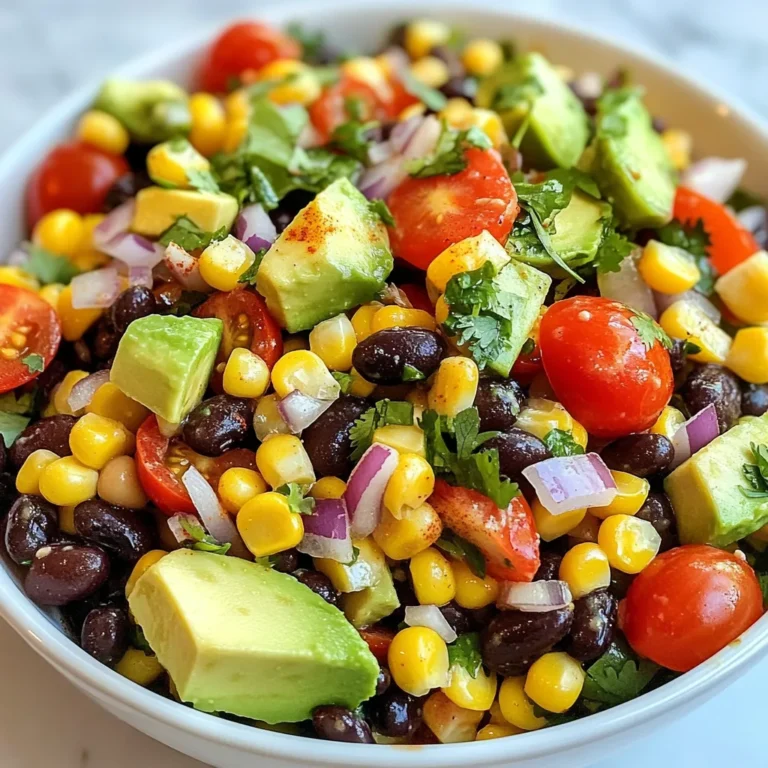 To make Fiesta Corn Black Bean Salad, gather these ingredients: - 1 cup corn kernels (fresh or frozen) - 1 can (15 oz) black beans, rinsed and drained - 1 red bell pepper, diced - 1 small red onion, finely chopped - 1 cup cherry tomatoes, halved - 1 avocado, diced - 2 tablespoons fresh cilantro, chopped - 2 tablespoons lime juice - 2 tablespoons olive oil - 1 teaspoon cumin - 1 teaspoon chili powder - Salt and pepper to taste You can swap ingredients if you like. Here are some ideas: - Use canned corn if fresh corn isn’t available. - Swap black beans for kidney beans for a different taste. - Try yellow bell pepper instead of red for color. - Use green onions if you don’t have red onion. - Substitute lime juice with lemon juice for a fresh twist. - Olive oil can be replaced with avocado oil if desired. Fresh ingredients add a bright taste and crunch. They often have more flavor. Canned ingredients are quick and easy. They save time and still taste good. If using fresh corn, boil it for a few minutes, then cool. Frozen corn is also a great choice. It cooks quickly and is often sweet and tender. Choose what works best for your schedule and taste! {{ingredient_image_1}} To start, you need to prepare your corn. If you choose fresh corn, boil it in water for about 3 to 5 minutes. It should be tender but not mushy. Once cooked, cool it down. If you're using frozen corn, just thaw it in warm water or the microwave. After that, let it cool before use. Now, grab a large mixing bowl. Add your corn kernels, rinsed black beans, diced red bell pepper, and chopped red onion. Stir these ingredients together gently. Next, include the halved cherry tomatoes and diced avocado. Be careful with the avocado; you don’t want to smash it. Mix everything until it looks colorful and inviting. In a small bowl, it's time to make the dressing. Whisk together lime juice, olive oil, cumin, chili powder, salt, and pepper. This blend adds a punch to your salad. Once mixed, pour the dressing over your salad ingredients. Toss everything gently to coat well. Finally, sprinkle chopped cilantro on top and give it one last gentle toss for good measure. When mixing your salad, start with the dry ingredients. Combine corn, black beans, red bell pepper, and red onion in a large bowl. This helps the flavors blend better. After that, add the softer items like cherry tomatoes and avocado. Gently fold them in. Avoid mashing the avocado. For the dressing, mix lime juice, olive oil, cumin, chili powder, salt, and pepper in a small bowl. Drizzle it over the salad. Toss everything together gently. This keeps your salad looking fresh and colorful. If you have leftovers, store them in an airtight container. This keeps the flavors fresh. Place the salad in the fridge. It will stay good for about two days. However, the avocado may brown. To slow this down, squeeze a little lime juice on it before storing. Try to keep the dressing separate if possible. This keeps the salad crisp and tasty for later. You can make this salad ahead of time. Just prepare the ingredients but wait to add the avocado. This way, it stays fresh and green. You can mix everything except the dressing a few hours before serving. When you're ready, add the dressing and toss it all together. This makes it easy for parties or gatherings. Enjoy your vibrant, tasty salad without the last-minute rush! Pro Tips Fresh vs. Frozen Corn: Using fresh corn can enhance the flavor and texture of the salad. If using frozen corn, ensure it is thawed and drained properly to prevent excess moisture. Perfect Avocado: To prevent the avocado from browning, add it just before serving. You can also toss it with a little lime juice for extra flavor and preservation. Customize Your Spice: Adjust the chili powder and cumin levels to your preference. For a spicier kick, consider adding diced jalapeños or a sprinkle of cayenne pepper. Chill Before Serving: For the best flavor, let the salad chill in the refrigerator for at least 30 minutes before serving. This allows the flavors to meld beautifully. {{image_2}} You can easily make this salad more filling. Adding proteins boosts nutrition and flavor. Grilled chicken works well, giving a nice smoky taste. You can also use cooked quinoa for a hearty texture. Just mix in about a cup of your chosen protein. This way, you have a complete meal in one bowl. The base of this salad is already vegetarian. To make it vegan, ensure your dressing is dairy-free. You can swap honey with agave syrup or simply skip it. If you want added creaminess, try using a vegan yogurt or avocado dressing. This keeps the salad fresh and creamy without any animal products. Seasonal vegetables add vibrant colors and flavors. In spring, try adding diced cucumbers or radishes. In summer, fresh zucchini or bell peppers work great. In fall, roasted sweet potatoes can give a sweet twist. Just chop them up and mix them in. This keeps your salad exciting and different every time you make it. You can keep Fiesta Corn Black Bean Salad in the fridge for up to three days. After that, the veggies may lose their crunch. If you add avocado, eat it within one day for the best taste and look. Store the salad in an airtight container. This keeps the salad fresh and prevents it from absorbing other fridge odors. If you made a big batch, separate the dressing. Keep it in a small jar and add it just before serving. This salad is best served cold. If you want to warm it, use a microwave. Heat for 30 seconds, then check the temperature. Be careful not to overheat; you want to keep the fresh flavors. Warmed salad is not as good as the chilled version. Enjoy it fresh for the best taste! Yes, you can use frozen corn. It saves time and is just as tasty. Just thaw it before adding to your salad. This step helps keep the salad fresh and crunchy. You can soak the frozen corn in warm water or microwave it. Make sure to cool it down before mixing. You can use lemon juice as a substitute. It gives a similar tart flavor. If you want a different taste, try apple cider vinegar. Both options work well in the dressing. They add that needed acidity without changing the overall feel of the salad. Yes, this salad is gluten-free. All the ingredients, like corn and black beans, are safe to eat. This makes it a great choice for those with gluten allergies. You can enjoy it without worry. Plus, it’s healthy and full of flavor! In this article, we explored the key ingredients for your salad, dish by dish. We shared how to prepare the corn, mix the ingredients, and create the dressing. Tips for storing leftovers and making the salad ahead help you enjoy this dish longer. We discussed variations for proteins and seasonality, plus we answered common questions. Remember, simple swaps can elevate your meal. With these insights, you can make a tasty salad that suits your needs perfectly. Enjoy creating your perfect dish!