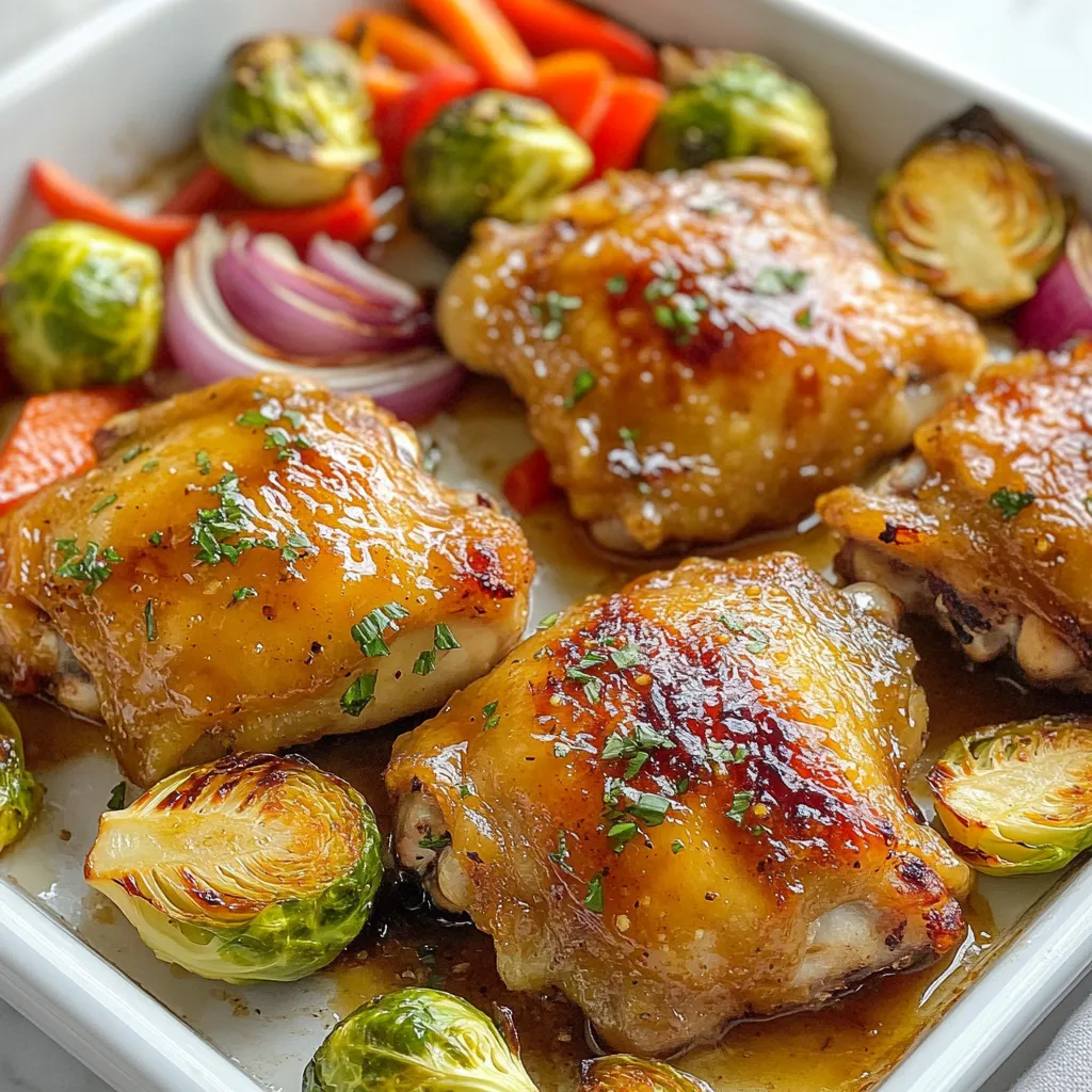- 4 boneless, skinless chicken thighs - 1/4 cup maple syrup - 3 tablespoons Dijon mustard - 2 tablespoons olive oil - 1 tablespoon apple cider vinegar - 1 teaspoon garlic powder - 1 teaspoon onion powder - Salt and pepper to taste - 2 cups Brussels sprouts, halved - 1 large red bell pepper, sliced - 1 medium red onion, cut into wedges Each ingredient plays a vital role in the taste of this dish. The chicken thighs provide a juicy base. The maple syrup adds sweetness, while the Dijon mustard brings a tangy kick. Olive oil helps cook the chicken and gives a rich flavor. Apple cider vinegar adds brightness and balances the sweetness. The seasonings, like garlic and onion powder, enhance the overall taste. Salt and pepper are essential for bringing all the flavors together. The vegetables, Brussels sprouts, red bell pepper, and red onion, add color and crunch. Their natural sweetness pairs well with the chicken and marinade, making each bite a delight. Using fresh ingredients is key to a tasty meal. When you choose quality chicken and vibrant veggies, you can elevate your dish. Enjoy the process of cooking and the joy of sharing this simple yet flavorful meal with others! {{ingredient_image_1}} Preheating your oven is key to getting the best results. Set it to 425°F (220°C). This heat helps cook the chicken and veggies evenly. I like to line my baking sheet with parchment paper. It makes cleanup easy and keeps the food from sticking. Now, let’s make the marinade. In a medium bowl, whisk together these ingredients: maple syrup, Dijon mustard, olive oil, apple cider vinegar, garlic powder, onion powder, salt, and pepper. Whisk until smooth. Marinating chicken is important. It adds flavor and makes the meat juicy. For marinating, place the chicken thighs in a shallow dish or a zip-top bag. Pour half the marinade over the chicken. Make sure each piece is coated well. Let it marinate in the fridge for at least 30 minutes. You can even marinate it overnight for more flavor. Next, take the Brussels sprouts, red bell pepper, and red onion. Toss them in the remaining marinade until they are covered. When you’re ready, take the chicken out of the marinade. Place it at one end of the baking sheet. Spread the vegetables around the chicken in a single layer. This helps them cook evenly. Make sure there is space between the pieces. Crowding can lead to steaming instead of roasting. Bake the sheet pan meal in the preheated oven for 25-30 minutes. The chicken should reach an internal temperature of 165°F (75°C). This means it's safe to eat. The veggies should be tender and a bit caramelized. If you want a crispy finish, broil for an extra 2-3 minutes. Just keep an eye on it to avoid burning. You can make the marinade even better. Add spices like paprika or cayenne for heat. If you want it sweeter, mix in more maple syrup or a splash of orange juice. These changes give the dish new flavors. You can also try herbs like thyme or rosemary to add depth. For a great presentation, serve right from the sheet pan. This gives a homey feel. If you prefer, plate the chicken and veggies on individual dishes. Add fresh herbs like thyme or parsley on top for color. Pair this dish with sides like rice or mashed potatoes. A simple green salad also works well. These sides balance the sweet and savory flavors of the chicken. To check if the chicken is done, use a meat thermometer. The inside should reach 165°F (75°C). This keeps it juicy. If you overcook it, the chicken can dry out. For tender veggies, don't overcrowd the pan. Give them space to roast and caramelize. Stir the veggies halfway through for even cooking. This keeps them crisp and tasty. Pro Tips Marinate for Maximum Flavor: Allow the chicken to marinate for at least 30 minutes, but for best results, marinate overnight. This enhances the flavor profile of the chicken. Customize Your Veggies: Feel free to swap out the Brussels sprouts and bell pepper for your favorite vegetables, such as zucchini or carrots, to match your taste preferences. Crispy Finish: For an extra crispy texture, broil the chicken and vegetables for an additional 2-3 minutes after baking, keeping a close eye to avoid burning. Serving Suggestions: Pair this dish with a side of quinoa or rice to soak up the delicious maple Dijon sauce, making for a more filling meal. {{image_2}} You can swap chicken thighs for other meats. Pork tenderloin works great here. It cooks fast and absorbs flavors well. Turkey breast is also a nice choice. Just remember, lean meats may need shorter cooking times. For a vegetarian option, try marinated tofu or tempeh. They soak up the sauce well, too. You can cut them into cubes and roast them with the veggies. This keeps everything simple and tasty. Feel free to mix up the veggies. Zucchini, carrots, or sweet potatoes add variety. They also bring their own flavors to the dish. If you use root veggies, they might need a bit more time to cook. Check them often to avoid overcooking. For a fresh twist, add seasonal veggies. Asparagus or green beans are great in spring. In fall, consider using squash or pumpkin. These changes keep the meal fun and exciting. Want to boost the flavor? Try adding fruits like apples or pears. They add sweetness and a nice texture. Cut them into wedges and toss them with the chicken and veggies. You can also experiment with mustard varieties. Spicy brown mustard gives a kick. Honey mustard makes it sweeter. Each change adds a unique twist to your meal. Don’t be afraid to try different flavors! To keep your Maple Dijon Chicken fresh, store leftovers in the fridge. Place the chicken and veggies in airtight containers. This will help keep them from drying out. Ideal containers include glass or plastic with tight lids. Make sure to store the food within two hours after cooking. This will help avoid bacteria growth. If you want to save some for later, freezing is a great option. First, let the chicken cool down to room temperature. Then, wrap each piece tightly in plastic wrap. Place them in a freezer-safe bag or container. This helps keep the chicken fresh for up to three months. When you’re ready to eat, thaw the chicken in the fridge overnight. To reheat, bake at 350°F (175°C) until warmed through. This keeps the chicken juicy and tasty. For the best taste, eat leftovers within three to four days. After that, the flavors and texture can change. Signs of spoilage include an off smell or slimy texture. If you notice these signs, it’s best to throw the food away. Enjoy your meal while it’s fresh for the best experience! You can use honey or agave syrup in place of maple syrup. Both add sweetness, but honey has a stronger flavor. If using honey, reduce the amount slightly, as it is sweeter. Brown sugar mixed with water can also work. Use 1 cup of brown sugar with 1/4 cup of water for a similar texture. Adjust the liquids in your recipe to keep the right consistency. Yes, bone-in chicken thighs add flavor and moisture. However, they take longer to cook. Increase the baking time by 10 to 15 minutes. Check the internal temperature to reach 165°F. This ensures the chicken is safe to eat. The skin will also get crispy, making it extra tasty! The best way to check chicken doneness is by using a meat thermometer. Insert it into the thickest part of the thigh. It should read 165°F. If you don’t have a thermometer, cut into the chicken. The juices should run clear, not pink. Always ensure the chicken is fully cooked to keep it safe. In this blog post, we explored how to make a delicious dish using chicken thighs and a tasty marinade. We discussed essential ingredients like maple syrup, mustard, and olive oil. You learned how to prepare and bake everything on a sheet pan for easy cleanup. Remember, using fresh veggies and checking for doneness ensures the best taste. With the right tips, you can customize this meal any way you like. Enjoy your cooking journey and impress your family with this easy recipe!