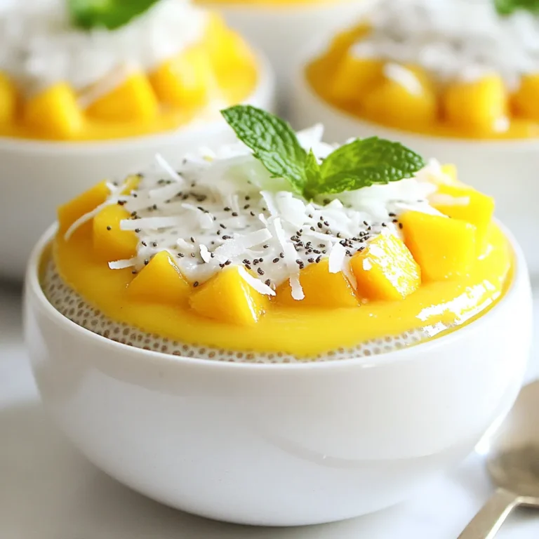 - 1 cup coconut milk - 1/2 cup almond milk - 1/4 cup chia seeds - 2 tablespoons maple syrup (or honey) - 1 ripe mango, diced - 1 teaspoon vanilla extract - Pinch of salt - Shredded coconut, for garnish - Mint leaves, for garnish For this Coconut Mango Chia Pudding, you need simple yet rich ingredients. Start with coconut milk and almond milk. These milks create a creamy base. The coconut milk adds a tropical taste, while almond milk lightens it up. Next, you need chia seeds. These tiny seeds soak up liquid and thicken the pudding. They are full of fiber and good for you. For sweetness, use maple syrup or honey. Both options give a lovely flavor. You can't forget the fresh mango. It brings a bright taste and sweetness to the dish. Dice it up for easy layering. Lastly, garnishes like shredded coconut and mint leaves make it pretty. They add a nice crunch and freshness, too. {{ingredient_image_1}} Start by gathering your ingredients. In a medium bowl, mix the coconut milk, almond milk, maple syrup, and vanilla extract. Add a pinch of salt to enhance the flavor. Whisk these until smooth and well blended. This step is important for a creamy base. Next, stir in the chia seeds. Make sure they spread evenly throughout the mixture. This helps them soak and expand. Cover the bowl with plastic wrap and set it aside. Chilling time is key for this recipe. The chia seeds need time to absorb the liquid and thicken the pudding. I recommend refrigerating the mixture for at least 4 hours. For the best results, let it chill overnight. This way, you ensure a rich and firm texture. When it's ready, give the pudding a good stir. This breaks up any clumps that might have formed. Now it's time to serve your delicious creation. Start by layering the chia pudding in small cups or bowls. Add a layer of chia pudding first, then a layer of diced mango. Repeat these layers until you reach the top. This creates a beautiful contrast of color. Finally, top the pudding with shredded coconut. For a fresh touch, add mint leaves as a garnish. These simple steps make your dessert not only tasty but also visually appealing. To prevent clumping of chia seeds, stir them well into the liquid. Make sure they are evenly spread out. After mixing, let the pudding sit for a few minutes. Stir again to break up any clumps that may form. This helps ensure a smooth texture. For ideal refrigeration times, chill the pudding for at least four hours. If you want a thicker texture, leave it overnight. This allows the seeds to absorb the liquid fully, creating a creamy pudding. Adjusting sweetness levels is easy. If you prefer a sweeter taste, add more maple syrup or honey. Taste the mixture before refrigerating to find your perfect balance. You can also try different sweeteners like agave or stevia. Adding spices or extracts can give your pudding a fun twist. Consider adding a pinch of cinnamon or a splash of coconut extract. These small changes can create delightful new flavors. Chia pudding pairs well with many dishes. Serve it as a breakfast option alongside granola or fresh fruit. It also makes a great dessert with a slice of cake or pie. For creative serving vessels, use small jars or cups. Layering the pudding in clear glasses shows off the beautiful colors. You can also use coconut shells for an extra tropical touch. Pro Tips Chia Seed Soaking Time: For a creamier texture, allow the chia seeds to soak overnight. This will ensure they fully expand and create a thick pudding. Mango Alternatives: If mangoes are out of season, feel free to substitute with other fruits like diced peaches, berries, or kiwi for a different flavor profile. Sweetness Adjustment: Taste the mixture before refrigerating. You can adjust the sweetness by adding more maple syrup or honey according to your preference. Presentation Tips: For an elegant presentation, layer the pudding and fruit in glass jars or clear cups. This not only looks beautiful but also showcases the vibrant colors. {{image_2}} You can easily make this pudding dairy-free. Use any plant-based milk you like. Coconut milk works great, but almond milk is also nice. You could also try oat or soy milk. For sweeteners, maple syrup is a good choice, but you can use agave or stevia if you prefer. Each sweetener adds a unique taste, so choose what you like best. While mango shines in this recipe, other fruits can add fun flavors. Try berries like strawberries, blueberries, or raspberries for a fresh twist. You can also use stone fruits like peaches or apricots in summer. Seasonal fruits not only taste great, but they also make the dish more colorful. Mix and match fruits for a fun layer of flavors! Want to add some crunch? Try topping your pudding with nuts or seeds. Chopped almonds, walnuts, or sunflower seeds work well. They add a nice texture and extra nutrients. You can also use edible flowers or extra fruit slices for a pretty finish. Get creative with garnishes to make your pudding feel special! To keep your coconut mango chia pudding fresh, store it in the fridge. Use an airtight container to avoid odors from other foods. This helps keep the pudding creamy and tasty. Chia pudding lasts up to five days in the fridge. Make sure to check for any changes in smell or texture before eating. You can freeze chia pudding for longer storage. To do this, pour the pudding into freezer-safe containers. Leave some space at the top for expansion. Seal it tightly to prevent freezer burn. When you're ready to eat, thaw it in the fridge overnight. For best results, stir it well before serving to restore its smooth texture. Chia pudding lasts about 5 days in the fridge. Make sure to store it in an airtight container. This keeps it fresh and tasty. After 5 days, the pudding may lose its flavor and texture. You can use water, but it changes the taste and feel. The pudding will be less creamy and more watery. This may not bring out the rich coconut flavor as well. Stick with milk for a better taste. You can use honey, agave, or sugar instead of maple syrup. Each sweetener has a unique taste. Honey is sweeter, while agave has a mild flavor. Sugar is neutral but can change the pudding's texture slightly. Choose what you like best! In this blog post, I shared how to make delicious chia pudding. We covered the key ingredients, from coconut milk to fresh mango. I explained how to mix, chill, and serve the pudding for a tasty treat. Tips on getting the right texture and flavor were included. You can also explore fun variations and storage tips to enjoy later. Chia pudding is easy to make and versatile. Experiment with flavors and toppings to make it your own. Enjoy this healthy dessert any time!