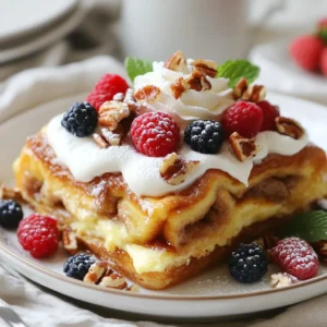 - 2 cans of refrigerated cinnamon rolls (with icing) - 6 large eggs - 1 cup milk - 1 teaspoon vanilla extract - 1 teaspoon ground cinnamon - 1/4 teaspoon nutmeg - 1/4 cup brown sugar - 1/2 cup chopped pecans (optional) - Whipped cream for serving - Fresh berries for garnish You can add more fun to your casserole with some toppings. Whipped cream is a must. It adds creaminess and makes it feel special. Fresh berries brighten the dish and add a pop of color. You can also try maple syrup for extra sweetness. A sprinkle of powdered sugar gives it a nice touch too! If you need to switch things up, here are some easy swaps. Use almond milk or oat milk instead of regular milk for a dairy-free version. You can replace eggs with mashed bananas or applesauce for a vegan option. For those who don’t like pecans, walnuts or almonds work well too. If you want less sugar, use a sugar substitute like stevia. {{ingredient_image_1}} First, gather all your ingredients. You'll need two cans of refrigerated cinnamon rolls, six large eggs, a cup of milk, vanilla extract, ground cinnamon, nutmeg, brown sugar, and optional pecans. Next, preheat your oven to 375°F (190°C). Grease a 9x13 inch baking dish with butter or cooking spray. Open the cans of cinnamon rolls and cut each roll into quarters. Make sure to place these pieces evenly in the greased dish. In a large mixing bowl, whisk together the eggs, milk, vanilla extract, ground cinnamon, nutmeg, and brown sugar. Mix it well until everything blends together. Pour this egg mixture over the cinnamon roll pieces. Make sure every piece gets soaked nicely. If you like nuts, sprinkle the chopped pecans on top for added crunch. Now it’s time to bake! Place the dish in the preheated oven. Bake for about 25 to 30 minutes. Look for the center to be set and the top to be golden brown. If you want to check, insert a toothpick in the center. It should come out clean. While the casserole bakes, warm the icing that comes with the cinnamon rolls in a small bowl. This will make it easier to drizzle later. Once the casserole is done, carefully remove it from the oven and let it cool for about 5 minutes. To serve, drizzle the warmed icing over the top of the casserole. Cut it into portions and serve warm. Top each piece with whipped cream and fresh berries for a delightful finish. Enjoy this sweet and cozy dish with friends or family! To get the best bake, watch your oven temperature closely. Preheat it to 375°F. A hot oven makes the top crisp and golden. Use a 9x13 inch dish for even cooking. Bake for 25 to 30 minutes. The center should be firm, not jiggly. If it is, bake a few more minutes. Let it cool for five minutes before serving. This helps it set up nicely. Soaking the cinnamon rolls is key to a great dish. Cut each roll into quarters before placing them in the dish. This allows the egg mixture to soak in better. Pour the mixture evenly over the rolls. Take your time here, so all pieces get covered. If you can, let it sit for a few minutes before baking. This extra time helps flavor the rolls. You can serve this casserole in fun ways. Top it with whipped cream for a sweet touch. Fresh berries add color and taste. You might also try maple syrup for extra sweetness. For a crunchy bite, sprinkle chopped pecans on top. Each of these ideas makes your dish look and taste even better. Pro Tips Use Day-Old Cinnamon Rolls: For a better texture, use cinnamon rolls that are a day or two old. They will absorb the egg mixture more effectively and create a delicious custard-like consistency. Experiment with Flavors: Feel free to customize the flavors by adding ingredients like chocolate chips, dried fruits, or a splash of orange juice to the egg mixture for a unique twist. Make Ahead: Prepare the casserole the night before and refrigerate it overnight. In the morning, simply bake it for a quick and easy breakfast. Presentation Matters: For an impressive presentation, serve the casserole on a large platter and garnish with fresh berries and a dollop of whipped cream for a colorful finish. {{image_2}} You can change up the flavor of your Cinnamon Roll French Toast Casserole easily. Here are some ideas: - Nutty Chocolate: Add chocolate chips and walnuts for a rich taste. - Fruit-Infused: Mix in sliced bananas or berries for freshness. - Maple Delight: Use maple syrup instead of brown sugar for sweetness. - Spiced Up: Add pumpkin spice for a fall twist or more cinnamon for warmth. These small changes can create a whole new dish. You can customize it to fit your taste. You can make this dish fit your diet, too. For a gluten-free version, use gluten-free cinnamon rolls. There are many brands available in stores. To make it dairy-free, swap regular milk for almond, oat, or coconut milk. You can also use dairy-free whipped cream on top. This way, those with dietary needs can enjoy this treat. You can adapt this casserole for the seasons. In spring, use fresh strawberries or blueberries. In the fall, add diced apples and a dash of nutmeg. During winter, think about adding cranberries or even a hint of peppermint extract. Each season brings fresh flavors that can enhance your dish. Enjoy trying these tasty variations! After enjoying your Cinnamon Roll French Toast Casserole, you may have some leftovers. To store them, let the casserole cool completely. Then, cover it tightly with plastic wrap or aluminum foil. You can also place it in an airtight container. Stored this way, it stays fresh in the fridge for up to three days. To reheat your casserole, preheat the oven to 350°F (175°C). Place the casserole in an oven-safe dish. Cover it with foil to keep it moist. Heat for about 15 to 20 minutes or until warm all through. You can also reheat individual portions in the microwave. Heat for 30 seconds to 1 minute, checking to make sure it warms evenly. If you want to save some casserole for later, it freezes well! Cut the cooled casserole into pieces. Wrap each piece in plastic wrap and then place them in a freezer bag. Squeeze out as much air as you can before sealing. It can stay in the freezer for up to two months. When you are ready to eat, thaw it overnight in the fridge. Reheat as mentioned above for a quick breakfast treat. Yes, you can make this casserole the night before. To do this, prepare the dish as usual. After you pour the egg mixture over the cinnamon roll pieces, cover the dish with plastic wrap. Place it in the fridge overnight. In the morning, remove it from the fridge, let it sit for a few minutes, and then bake it. This makes breakfast super easy! You can check if the casserole is done by looking for a golden brown top. Insert a toothpick into the center. If it comes out clean, the casserole is ready. The center should feel firm, not jiggly. It usually takes about 25 to 30 minutes to bake at 375°F (190°C). Keep an eye on it toward the end! If you need a substitute for eggs, use unsweetened applesauce. One egg equals about 1/4 cup of applesauce. You can also use mashed banana or a flaxseed meal. For flaxseed, mix 1 tablespoon with 2.5 tablespoons of water. Let it sit for a few minutes until it thickens. This will keep the casserole moist and tasty! This article covered how to make a fantastic Cinnamon Roll French Toast Casserole. We looked at the key ingredients, tasty toppings, and smart substitutions. You also found step-by-step instructions for preparation and baking. Plus, I shared tips for perfect baking and great serving ideas. The variations section showed you ways to adapt the recipe for your needs. Finally, we discussed storing leftovers and answered common questions. With these insights, you can create a delicious dish that suits everyone. Enjoy your cooking adventure!