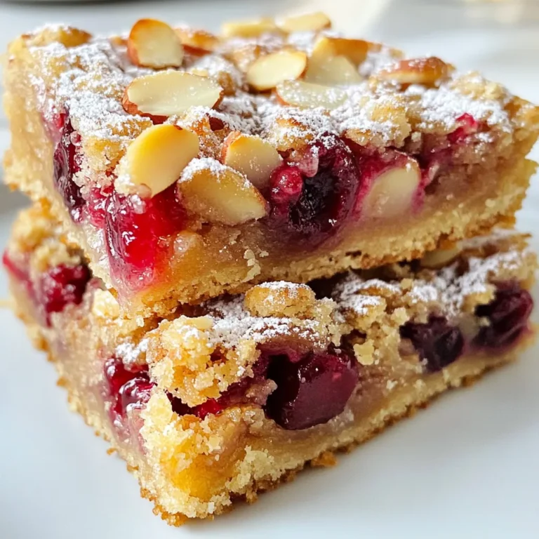 To make Cherry Almond Crumble Bars, you will need: - 2 cups fresh or frozen cherries, pitted and halved - 1 cup almond flour - 1 cup rolled oats - 1/2 cup brown sugar - 1/4 cup granulated sugar - 1/2 cup cold unsalted butter, cubed - 1/2 teaspoon vanilla extract - 1/4 teaspoon almond extract - 1/2 teaspoon cinnamon - 1/4 teaspoon salt - 1/4 cup sliced almonds (for topping) These ingredients create a tasty balance of sweet cherries and nutty almonds. The oats add texture, while the sugars bring sweetness. You can play with flavors by adding ingredients like: - Zest of one lemon for brightness - A handful of chopped walnuts for crunch - A dash of nutmeg for warmth These options let you make the bars your own. Feel free to adjust based on your taste. If you don’t have some ingredients, try these substitutes: - Use coconut flour instead of almond flour for a different flavor. - Swap brown sugar with honey or maple syrup for a natural sweetener. - Use margarine or coconut oil if you want a dairy-free option. These swaps work well while keeping the bars delicious. Always adjust the amounts to match the consistency of the original recipe. {{ingredient_image_1}} Begin by preheating your oven to 350°F (175°C). Grab a 9x9-inch baking dish and line it with parchment paper. Make sure to leave some paper hanging over the edges. This helps with easy removal later. In a large bowl, mix together 1 cup of almond flour, 1 cup of rolled oats, 1/2 cup of brown sugar, 1/4 cup of granulated sugar, 1/2 teaspoon of cinnamon, and 1/4 teaspoon of salt. Stir it all well until combined. Next, add 1/2 cup of cold, cubed unsalted butter to the bowl. Use your fingers or a pastry cutter to blend everything together. You want a crumbly texture. Now, take half of this mixture and press it evenly into the bottom of your prepared baking dish. This will be the base layer for your bars. In a different bowl, take 2 cups of pitted and halved cherries. Toss them with 1/2 teaspoon of vanilla extract and 1/4 teaspoon of almond extract. Spread these cherries evenly over the base layer you just made. Next, crumble the remaining oat mixture over the cherries. Make sure to cover them well so every bite has that tasty crumble. Finally, sprinkle 1/4 cup of sliced almonds on top for extra crunch. Place the dish in your preheated oven and bake for 30 to 35 minutes. Look for a golden-brown top and bubbling cherries. This shows they are ready! Once baked, remove the dish from the oven. Let it cool completely in the pan. This step is key to ensuring the bars hold their shape. When cooled, use the parchment paper overhang to lift out the bars. Place them on a cutting board. Use a sharp knife to cut them into squares or rectangles. Enjoy your cherry almond crumble bars! When picking cherries, look for bright colors. They should be firm and plump. Avoid any with wrinkles or brown spots. Fresh cherries taste sweet and juicy in your bars. If using frozen cherries, choose high-quality brands. They should only have cherries, with no added sugars. For the best crumble, mix the butter with dry ingredients well. Use your fingers to rub the butter into the flour mixture. Stop when it looks like coarse crumbs. If your mixture is too wet, add more oats or almond flour. You want a crumbly texture that holds together but isn’t too wet. Avoid overmixing the crumble. This can make it tough instead of crumbly. Don’t skip the cooling step after baking. Letting the bars cool helps them hold their shape when cut. Lastly, ensure your oven is preheated before baking. This gives your bars a nice golden color and a great flavor. Pro Tips Use Fresh Cherries: If possible, opt for fresh cherries to enhance the flavor and texture of your bars. They provide a juicier filling compared to frozen cherries. Chill the Butter: Ensure your butter is cold before mixing it with the dry ingredients. This helps create a flakier and crumblier texture in the base and topping. Customize the Sweetness: Adjust the amount of sugar based on the sweetness of your cherries. If using very sweet cherries, consider reducing the sugar slightly for balance. Cool Before Cutting: Allow the crumble bars to cool completely in the pan before cutting. This helps them set properly and makes slicing easier without falling apart. {{image_2}} You can change the fruit in these bars. Try using blueberries, raspberries, or apples. Each fruit brings its own flavor. For example, blueberries add sweetness. Raspberries give a bit of tartness. Apples add a nice crunch. Mixing fruits can also create a unique taste. To make these bars gluten-free, swap the rolled oats with certified gluten-free oats. This simple change keeps the taste but makes it safe for gluten-free diets. You can also check the almond flour label to ensure it is gluten-free. This way, everyone can enjoy the treat without worry. Add a pinch of nutmeg or cardamom for extra flavor. These spices give a warm and cozy feel. You can also mix in some chocolate chips for a sweet twist. A drizzle of honey or maple syrup can enhance the sweetness. Feel free to experiment and find your favorite combination! To keep your Cherry Almond Crumble Bars fresh, store them in an airtight container. This helps prevent them from drying out. You can keep the bars at room temperature for up to three days. If you want to keep them longer, the fridge is a better option. In the fridge, they can last up to a week. Just make sure to let them cool completely before you store them. Freezing these bars is easy and a great way to save them for later. First, let the bars cool fully. Next, cut them into individual bars. Wrap each bar in plastic wrap or aluminum foil tightly. Place the wrapped bars in a freezer-safe bag or container. They can last in the freezer for up to three months. When you want to enjoy them, just take out one or two. To reheat your thawed Cherry Almond Crumble Bars, preheat your oven to 350°F (175°C). Place the bars on a baking sheet. Heat them for about 10 minutes. This helps to restore their fresh texture. You can also use the microwave for a quick heat-up. Just warm them for about 15-20 seconds. This makes them soft and gooey again. Enjoy your delicious treat! Yes, you can use frozen cherries. Just thaw them first and drain any excess juice. This keeps the bars from getting too soggy. Frozen cherries work well and still taste great! These bars last about five days stored at room temperature. Keep them in an airtight container. If you want them to last longer, store them in the fridge for up to a week. Yes, you can swap almond flour for all-purpose flour or oat flour. However, this may change the final taste and texture. Almond flour gives a nutty flavor that pairs nicely with cherries. These bars are tasty on their own. You can serve them with whipped cream or vanilla ice cream. Fresh cherries make a nice garnish too. Pair them with a cup of coffee or tea for a delightful treat. Yes, you can make this recipe vegan. Replace the butter with coconut oil or vegan butter. Use maple syrup instead of granulated sugar for sweetness. The bars will still be delicious! This blog post shared a complete guide to making Cherry Almond Crumble Bars. We covered the ingredients, detailed steps, helpful tips, and storage methods. You can now customize your bars with various fruits and flavors. With the right choices, you will avoid common mistakes. Enjoy your delicious creation, whether fresh or frozen. Keep these tips in mind for the best results. Happy baking!