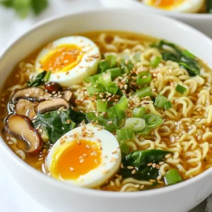 - 4 cups chicken or vegetable broth - 2 packs of instant ramen noodles (discard seasoning packets) - 4 cloves garlic, minced - 1 inch fresh ginger, grated - 2 tablespoons sesame oil - 2 tablespoons soy sauce - 1 tablespoon chili paste (adjust to taste) - 1 tablespoon miso paste (optional) - 2 green onions, sliced - 1 cup shiitake mushrooms, sliced - 1 cup baby spinach - 2 soft-boiled eggs (optional) - Toasted sesame seeds for garnish The base of this ramen is the broth. You can use chicken or vegetable broth. The garlic and ginger add a fresh kick. The chili paste gives it heat, and soy sauce adds depth. Miso paste is optional but adds umami. - Miso paste - Additional chili paste Miso paste can enrich the flavor. If you like it spicy, add more chili paste. Adjust it to your taste. These options let you play with the recipe and find your perfect balance. - Soft-boiled eggs - Sliced green onions - Toasted sesame seeds - Fresh cilantro (for color) Toppings bring this ramen to life. Soft-boiled eggs add creaminess. Green onions add freshness, while sesame seeds add crunch. A sprig of cilantro on top gives a pop of color and flavor. Try different toppings to make it your own! {{ingredient_image_1}} To make the broth, start by heating 2 tablespoons of sesame oil in a large pot over medium heat. Once the oil is hot, add 4 cloves of minced garlic and 1 inch of grated ginger. Sauté them for about 1-2 minutes. You want to smell their aroma, but don't let them brown. Next, pour in 4 cups of chicken or vegetable broth and bring it to a simmer. Now, stir in 2 tablespoons of soy sauce and 1 tablespoon of chili paste. If you like it spicy, add more chili paste. If you want an extra layer of flavor, you can add 1 tablespoon of miso paste at this point. Let this mixture simmer for a bit. After 5 minutes, add 1 cup of sliced shiitake mushrooms. This will give your broth depth and taste. Let it simmer again until the mushrooms soften. While the broth simmers, it's time to cook the ramen. Grab 2 packs of instant ramen noodles, but make sure to discard the seasoning packets—they won't serve you here. Cook the noodles according to the package instructions, which usually takes about 3-4 minutes. Once they're done, drain them and set them aside. After the broth has simmered and the mushrooms are tender, add 1 cup of baby spinach. Stir it in until the spinach wilts, which should only take about 1-2 minutes. Now it’s time to serve! Divide the cooked ramen noodles into two deep bowls. Ladle the spicy garlic broth with mushrooms over the noodles. If you want to elevate your dish, top each bowl with a soft-boiled egg, sliced green onions, and a sprinkle of toasted sesame seeds. For a cozy look, you can garnish with a sprig of cilantro. Enjoy your spicy garlic ramen! To get the best garlic and ginger taste, use fresh ingredients. Fresh garlic has a strong flavor. Grate the ginger finely for a nice kick. Cook them in sesame oil over medium heat. Do not let them brown. Just cook until fragrant. This brings out their natural oils. Spice can make or break your ramen. Start with one tablespoon of chili paste. Taste the broth before adding more. You can always add more spice later. If you want a milder dish, use less chili paste. Serve extra chili paste on the side for those who like it hot. Everyone can enjoy their bowl just how they like it. Presentation adds to the meal's joy. Use deep bowls for your ramen. This gives a cozy feel. Top each bowl with a soft-boiled egg and green onions. Sprinkle toasted sesame seeds over the top for crunch. For a pop of color, add a sprig of fresh cilantro. Your ramen will look as good as it tastes! Pro Tips Adjust the Spice Level: Always start with less chili paste, as you can add more later if needed. This way, you can control the heat to suit your taste. Perfect Soft-Boiled Eggs: For a creamy yolk, boil the eggs for exactly 6-7 minutes, then plunge them into ice water to stop the cooking process. Fresh Ingredients Matter: Using fresh garlic and ginger will enhance the flavor of your broth significantly compared to powdered alternatives. Customize Your Toppings: Feel free to add other toppings like nori, bean sprouts, or even tofu for extra flavor and texture in your ramen. {{image_2}} You can make a tasty vegetarian or vegan version of spicy garlic ramen. Start by using vegetable broth instead of chicken broth. This swaps out the meat while still giving you a rich flavor. You can also skip the soft-boiled eggs. Instead, add tofu for protein. Firm tofu works well as it holds its shape. Just cut it into cubes and add it to the broth while it simmers. If you want to add protein, there are many choices. You can try chicken, pork, or shrimp. For chicken, use cooked and shredded pieces. For pork, thin slices work best. If you love seafood, shrimp is a great choice too. Simply add them to the broth a few minutes before serving, so they cook through. This keeps everything juicy and flavorful. You can make your spicy garlic ramen even better by adding different veggies. Broccoli, bok choy, or bell peppers add a nice crunch. You can also use carrots for a little sweetness. Just chop them up and toss them in the broth. Let them cook for about five minutes until they are tender but still crisp. This way, you can customize your ramen to match your taste and enjoy a colorful meal. To store leftovers, let the ramen cool down first. Place the broth and noodles in separate containers. Using airtight containers helps keep the flavors fresh. Store the broth in the fridge for up to three days. Keep the noodles safe from moisture to prevent them from getting soggy. When you are ready to eat, reheat the broth in a pot. Heat it gently over medium heat until it simmers. If you stored the noodles, add them in just before serving. This keeps them tender. For a quick option, you can microwave the broth in a microwave-safe bowl. Stir it every minute for even heating. If you want to save the ramen for later, freezing works well. Store the broth and noodles in freezer-safe bags or containers. This keeps them fresh for about three months. When you want to enjoy it, thaw the broth overnight in the fridge. Reheat as mentioned above for a tasty meal. You can use tahini or almond butter as a substitute for miso paste. Both add a creamy texture and depth of flavor. If you want a salty taste, try soy sauce or tamari. Each choice gives the ramen a unique twist. Yes, you can use any broth you like. Chicken broth adds a rich flavor. Vegetable broth makes it lighter and vegan-friendly. You can even try beef broth for a stronger taste. Each option will change the overall flavor of your dish. Spicy Garlic Ramen lasts about three days in the fridge. Store it in an airtight container. The flavors will meld together, making it even tastier. Reheat gently on the stove or in the microwave. Enjoy it warm for a quick meal! You've learned how to make Spicy Garlic Ramen from scratch. We discussed the key ingredients that build bold flavors. I've shared step-by-step instructions to ensure success in the kitchen. You now know tips to perfect the dish and variations to suit your tastes. Lastly, I covered how to store this tasty meal for future enjoyment. Embrace this recipe and make it your own. Enjoy every bite of your delicious creation!