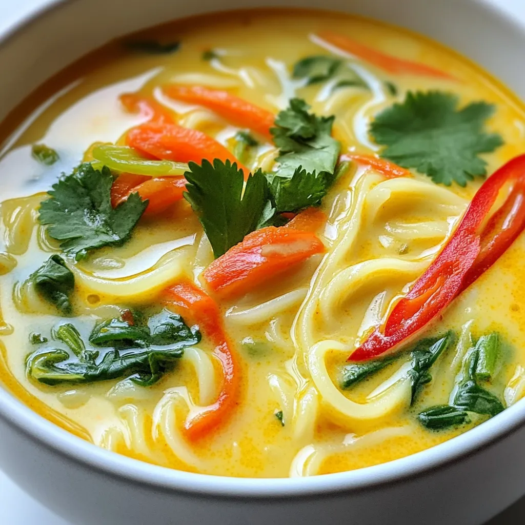 To make Thai Curry Noodle Soup, you need a few key items. These ingredients create a rich and tasty dish. Here’s what you will need: - 200g rice noodles - 400ml coconut milk - 2 cups vegetable broth - 2 tablespoons red curry paste - 1 tablespoon soy sauce - 1 teaspoon ginger, grated - 2 cloves garlic, minced - 1 red bell pepper, sliced - 1 cup baby spinach - 1 carrot, julienned - 1 tablespoon lime juice - Fresh cilantro, for garnish - Sliced red chili, for garnish (optional) Each ingredient plays a role. The rice noodles offer a soft base. Coconut milk gives a creamy texture. The curry paste adds spice and depth. This recipe serves four people. Each bowl has a nice balance of noodles, broth, and veggies. You can easily adjust the portions based on your needs. If you want more soup, just double the ingredients. If you can't find an ingredient, don't worry! Here are some easy swaps: - Use any type of noodles, like egg or whole wheat noodles, if rice noodles are not on hand. - Swap coconut milk with almond milk for a lighter soup. - Use chicken or beef broth instead of vegetable broth for added flavor. - If you don't have red bell pepper, try yellow or green bell pepper. - For a twist, add chopped broccoli or zucchini instead of spinach. These options keep the dish fun and fresh. Enjoy experimenting with your own versions! {{ingredient_image_1}} Start by boiling water in a pot. Once it boils, add the rice noodles. Cook them as per the package instructions. Usually, this takes about 5 to 7 minutes. Stir occasionally to prevent sticking. When they are soft, drain the noodles. Rinse them under cold water to stop cooking. Set the noodles aside while you prepare the soup. In a large pot, pour a splash of vegetable broth. Heat it over medium. Add minced garlic and grated ginger to the pot. Sauté for about 1 minute until you smell the nice aroma. This step makes the base tasty. Now, stir in the red curry paste. Cook it for another minute. This helps the spices bloom and enhances the flavor. Next, add the coconut milk and the remaining vegetable broth to the pot. Stir well to mix everything. Bring the soup to a gentle simmer. Once it simmers, add the sliced red bell pepper and julienned carrot. Cook these veggies for about 5 minutes until they are tender. Then, add the baby spinach and soy sauce. Let it cook for another 2 minutes until the spinach wilts. Finally, stir in the lime juice for a fresh taste. To serve, place the cooked noodles in bowls. Ladle the warm soup over the noodles. Garnish with fresh cilantro. If you like spice, add sliced red chili on top. Enjoy your Thai curry noodle soup! To get the best taste, use fresh ingredients. Fresh garlic and ginger add depth. Choose a high-quality red curry paste for strong flavor. If you can, use homemade vegetable broth. This will boost the soup’s taste. Don’t skip the lime juice; it brings brightness. Garnish with fresh cilantro for an extra pop. One big mistake is overcooking the noodles. They can get mushy if left too long. Another mistake is adding too much curry paste at once. Start small and taste as you go. Also, don’t forget to sauté the garlic and ginger first. This step helps to release their full flavor. Lastly, avoid using low-fat coconut milk. The full-fat version gives the soup creaminess. If you want more spice, add sliced red chili. You can also stir in extra curry paste. If the soup gets too spicy, balance it with more coconut milk. Adding a touch of sugar can also help. Always taste as you adjust to find the right heat for you. Pro Tips Use Fresh Ingredients: Fresh vegetables and herbs enhance the flavor of your soup significantly. Always opt for the freshest produce available. Adjust the Spice Level: The heat of red curry paste can vary by brand. Start with a smaller amount and gradually add more to suit your taste. Customize Your Vegetables: Feel free to add or substitute other vegetables like mushrooms, zucchini, or snap peas based on your preferences. Garnish Generously: A sprinkle of fresh cilantro and sliced red chili not only add flavor but also a vibrant presentation to your dish. {{image_2}} You can add meat or protein to make your soup heartier. Chicken, shrimp, or tofu work great. If you use chicken, slice it thin. Cook it in the pot before adding the garlic and ginger. For shrimp, add it with the bell pepper. Cook until pink, about 3 to 4 minutes. Tofu is easy; just add cubed tofu when you add the spinach. It soaks up all the tasty flavors. Feel free to mix up the veggies! Broccoli, snap peas, or mushrooms add great taste. For broccoli, chop it into small florets. Add it with the bell pepper. Snap peas add crunch; toss them in with the spinach. Mushrooms give a nice umami flavor. You can add any of these, and it will still taste amazing. If you need gluten-free options, choose rice noodles. They are naturally gluten-free. For vegan soup, use vegetable broth and skip the soy sauce. Instead, try tamari, which is gluten-free. This soup is very flexible. You can make it fit your diet while keeping all the flavor. Store your Thai curry noodle soup in an airtight container. It stays fresh in the fridge for up to three days. Make sure the soup cools down before you cover it. This helps prevent moisture buildup inside the container. Always label your container with the date. This way, you know when to use it. You can freeze this soup, but the noodles may change texture. To freeze, let the soup cool completely. Pour it into freezer-safe bags or containers. Remove as much air as possible before sealing. It can last up to three months in the freezer. When ready to eat, thaw it in the fridge overnight. Reheat the soup gently on the stove. Pour it into a pot and warm it over low heat. Stir it often to avoid burning. If the soup is too thick, add a splash of vegetable broth or water. You can also use a microwave; heat it in short bursts. Stir between each burst to ensure even heating. Enjoy your soup warm to bring back those delightful flavors! To add spice to your soup, use more red curry paste. You can also add fresh sliced red chili on top. If you like heat, try adding a dash of hot sauce. Each of these will boost the spice level. Taste as you go to find the right balance for you. Rice noodles work best for this recipe. They soak up the broth and are soft. You can use flat rice noodles or the thin ones. Both types will taste great. If you want a different texture, try egg noodles, but they will change the flavor. Yes, homemade curry paste is a great option. It allows you to control the flavors. Just make sure to balance the heat and spices. Use about the same amount as store-bought paste. Your soup will taste fresh and unique with your own blend. You can store leftovers in the fridge for up to three days. Keep the soup in an airtight container. The noodles may soak up the broth over time. If you want to keep them separate, store them apart. Reheat gently on the stove or in the microwave. This guide covered key ingredients, portions, and tasty substitutions for Thai curry noodle soup. I shared step-by-step instructions for perfecting the dish and offered helpful tips for an authentic flavor. We explored common mistakes, spice adjustments, and variations to satisfy everyone’s taste. Finally, we discussed storage and answered important questions. Making this soup can be easy and fun. Enjoy creating a meal that warms your heart and tummy!