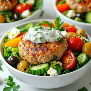 To make Greek Turkey Burger Bowls, you need fresh and tasty ingredients. Here’s what you will need: - Ground turkey (1 lb) - Feta cheese (1/2 cup, crumbled) - Kalamata olives (1/4 cup, pitted and chopped) - Red onion (1/4 cup, finely chopped) - Garlic (2 cloves, minced) - Dried oregano (1 teaspoon) - Salt (1 teaspoon) - Black pepper (1/2 teaspoon) - Olive oil (1 tablespoon) - Mixed greens (4 cups – spinach, arugula, and romaine) - Cherry tomatoes (1 cup, halved) - Cucumber (1, diced) - Tzatziki sauce (1/4 cup, for drizzling) - Fresh parsley (chopped, for garnish) These ingredients come together to create a healthy and flavorful meal. Ground turkey is a lean protein that packs a punch. Feta cheese adds a creamy, tangy flavor, while Kalamata olives give a briny taste. Red onion and garlic bring strong flavors that make the dish pop. Mixed greens add crunch and freshness. Cherry tomatoes and cucumber add sweetness and juiciness. Tzatziki sauce ties it all together with its cool, creamy texture. Each ingredient plays a role in making these bowls a hit. Enjoy shopping for your ingredients, and get ready to cook a delicious meal! {{ingredient_image_1}} 1. In a large bowl, combine ground turkey, feta cheese, Kalamata olives, red onion, garlic, oregano, salt, and black pepper. Mix well but do not overmix; this keeps them tender. 2. Shape the mix into four equal patties. Make sure they are evenly shaped for even cooking. 1. Heat olive oil in a non-stick skillet over medium heat. Wait until the oil is hot. 2. Place the patties in the skillet. Cook for 5-6 minutes on each side. Use a meat thermometer to check if the internal temperature reaches 165°F (75°C). They should be golden brown. 1. While the patties cook, prepare the salad base. Divide mixed greens into four bowls. 2. Top the greens with halved cherry tomatoes and diced cucumber. 3. Once the patties are done, place one on top of each salad. 4. Drizzle tzatziki sauce generously over the patties. Garnish each bowl with fresh parsley. - Mix ground turkey and other ingredients gently. Overmixing makes the patties tough. - Shape the patties evenly. This helps them cook at the same rate. - Use medium heat to cook. This allows the outside to brown while the inside stays juicy. - Sear the patties for a tasty crust. Searing adds flavor and texture. - Add a pinch of cayenne for heat. It gives your patties a nice kick. - Try fresh herbs, like dill or mint. They add a fresh taste that pairs well with turkey. - Pair tzatziki sauce with hot sauce for a burst of flavor. This mix can elevate your meal. - Consider adding lemon zest for brightness. It complements the other flavors beautifully. - Use large, shallow bowls for serving. This allows you to showcase each ingredient. - Layer the mixed greens first. Then, add the veggies for color and texture. - Place the turkey patty on top for a nice focal point. It looks inviting and appetizing. - Drizzle tzatziki sauce artfully over the patty. This adds flair to your bowl. - Finish with a sprinkle of fresh parsley. It brightens the dish and adds a fresh note. Pro Tips Keep it Juicy: Avoid overmixing the turkey mixture to ensure your patties remain tender and juicy. Patty Perfection: Form the patties evenly so they cook uniformly. Slightly indent the center of each patty to prevent puffing up while cooking. Fresh Ingredients: Use fresh herbs and vegetables for a vibrant flavor. This will enhance the freshness of your Greek Turkey Burger Bowls. Homemade Tzatziki: For an extra zing, consider making your own tzatziki sauce with Greek yogurt, cucumber, garlic, and dill. {{image_2}} You can change the meat type in Greek Turkey Burger Bowls. Chicken or pork works well. Use ground chicken for a leaner option. It brings a mild flavor that pairs nicely with feta. If you prefer pork, choose ground pork. It adds a richer taste to your dish. For a vegetarian option, try black beans or chickpeas. Mash them and mix with spices. This makes a great base for your burger bowl. You can add extra veggies for more flavor. If you want a low-carb version, skip the bun and focus on greens. Use large lettuce leaves for a wrap. This keeps your meal light and fresh. You can also add more non-starchy veggies to your bowl, like zucchini or bell peppers. For gluten-free options, check your tzatziki sauce. Some brands add gluten. You can also make your own with yogurt, cucumber, and herbs. This way, you know it’s gluten-free. Cheese can change the taste of your burger bowls. Try goat cheese for a tangy twist. Or use mozzarella for a mild, creamy flavor. Each cheese brings a unique taste to the dish. Adding spices can also change the flavor. Try cumin for a warm touch. Smoked paprika gives a nice depth. You can even mix in some Italian herbs for a different spin. These variations keep the meal exciting and fun. To store leftover ingredients, keep ground turkey in a sealed container in the fridge. Use it within two days to ensure freshness. Feta cheese can stay fresh for about a week when sealed tightly in its original packaging. For olives, store them in a jar with some olive oil or brine. This keeps them flavorful and moist. To keep meat fresh, place it in the coldest part of the fridge. Wrap it tightly in plastic wrap or foil. This prevents air from getting in and spoiling the meat. You can also freeze ground turkey for up to three months. Just remember to label it with the date. For storing leftover turkey burger bowls, use airtight containers. Glass containers work best as they do not retain odors. You can also use BPA-free plastic containers. These bowls can be kept in the fridge for up to three days. Make sure to separate the tzatziki sauce if you have any left. This helps keep the salad fresh and crisp. If you mix the sauce in, the greens can get mushy. To reheat turkey patties, use a skillet over medium heat. Add a little olive oil to keep them moist. Heat each side for about three to four minutes. You can also use the oven. Preheat it to 350°F (175°C) and place the patties on a baking sheet for about ten minutes. For the bowls, the best method is to microwave them. Place the bowl in the microwave and heat for about 1-2 minutes. Stir halfway through to ensure even heating. This keeps the flavors and texture intact. Always check that the patties reach 165°F (75°C) when reheating. You can add a few tasty sides to make your meal special. Here are some great options: - Side Dishes: - Roasted sweet potatoes - Grilled vegetables, like zucchini or bell peppers - Pita bread with hummus - Greek salad with olives and feta - Recommended Drinks: - A cool glass of iced tea - Sparkling water with lemon - A light white wine, like Sauvignon Blanc Yes, you can freeze Greek Turkey Burger Bowls! Here’s how: - Guidelines for Freezing: - Let the cooked patties cool completely. - Place them in airtight freezer bags. - Store bowls without fresh veggies or sauce. - Use within 3 months for best taste. - Defrosting: - Thaw in the fridge overnight. - Reheat in the oven or microwave until hot. Checking turkey patties for doneness is easy. Here’s what to do: - Using a Meat Thermometer: - Insert the thermometer into the thickest part of the patty. - Look for a temperature of 165°F (75°C). - Visual Cues: - The patties should be golden brown on the outside. - No pink should be visible in the center. - Safe Cooking Tips: - Always cook turkey patties thoroughly. - Avoid cross-contamination with raw meat. These Greek Turkey Burger Bowls are easy to prepare and full of flavor. We covered ingredients, cooking steps, and ways to improve taste and presentation. You can try different proteins or adjust for dietary needs. Store leftovers properly to enjoy later. Cooking is fun, and these bowls make it simple to eat healthy. Enjoy experimenting with your favorite flavors and wow your friends with your skills. Keep these tips in mind for tasty meals all week long. Happy cooking!