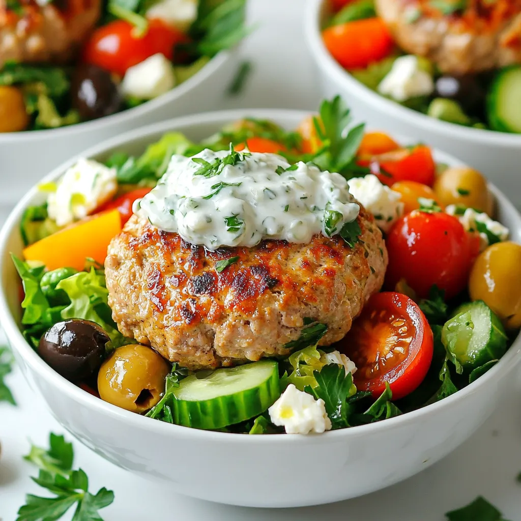 To make Greek Turkey Burger Bowls, you need fresh and tasty ingredients. Here’s what you will need: - Ground turkey (1 lb) - Feta cheese (1/2 cup, crumbled) - Kalamata olives (1/4 cup, pitted and chopped) - Red onion (1/4 cup, finely chopped) - Garlic (2 cloves, minced) - Dried oregano (1 teaspoon) - Salt (1 teaspoon) - Black pepper (1/2 teaspoon) - Olive oil (1 tablespoon) - Mixed greens (4 cups – spinach, arugula, and romaine) - Cherry tomatoes (1 cup, halved) - Cucumber (1, diced) - Tzatziki sauce (1/4 cup, for drizzling) - Fresh parsley (chopped, for garnish) These ingredients come together to create a healthy and flavorful meal. Ground turkey is a lean protein that packs a punch. Feta cheese adds a creamy, tangy flavor, while Kalamata olives give a briny taste. Red onion and garlic bring strong flavors that make the dish pop. Mixed greens add crunch and freshness. Cherry tomatoes and cucumber add sweetness and juiciness. Tzatziki sauce ties it all together with its cool, creamy texture. Each ingredient plays a role in making these bowls a hit. Enjoy shopping for your ingredients, and get ready to cook a delicious meal! {{ingredient_image_1}} 1. In a large bowl, combine ground turkey, feta cheese, Kalamata olives, red onion, garlic, oregano, salt, and black pepper. Mix well but do not overmix; this keeps them tender. 2. Shape the mix into four equal patties. Make sure they are evenly shaped for even cooking. 1. Heat olive oil in a non-stick skillet over medium heat. Wait until the oil is hot. 2. Place the patties in the skillet. Cook for 5-6 minutes on each side. Use a meat thermometer to check if the internal temperature reaches 165°F (75°C). They should be golden brown. 1. While the patties cook, prepare the salad base. Divide mixed greens into four bowls. 2. Top the greens with halved cherry tomatoes and diced cucumber. 3. Once the patties are done, place one on top of each salad. 4. Drizzle tzatziki sauce generously over the patties. Garnish each bowl with fresh parsley. - Mix ground turkey and other ingredients gently. Overmixing makes the patties tough. - Shape the patties evenly. This helps them cook at the same rate. - Use medium heat to cook. This allows the outside to brown while the inside stays juicy. - Sear the patties for a tasty crust. Searing adds flavor and texture. - Add a pinch of cayenne for heat. It gives your patties a nice kick. - Try fresh herbs, like dill or mint. They add a fresh taste that pairs well with turkey. - Pair tzatziki sauce with hot sauce for a burst of flavor. This mix can elevate your meal. - Consider adding lemon zest for brightness. It complements the other flavors beautifully. - Use large, shallow bowls for serving. This allows you to showcase each ingredient. - Layer the mixed greens first. Then, add the veggies for color and texture. - Place the turkey patty on top for a nice focal point. It looks inviting and appetizing. - Drizzle tzatziki sauce artfully over the patty. This adds flair to your bowl. - Finish with a sprinkle of fresh parsley. It brightens the dish and adds a fresh note. Pro Tips Keep it Juicy: Avoid overmixing the turkey mixture to ensure your patties remain tender and juicy. Patty Perfection: Form the patties evenly so they cook uniformly. Slightly indent the center of each patty to prevent puffing up while cooking. Fresh Ingredients: Use fresh herbs and vegetables for a vibrant flavor. This will enhance the freshness of your Greek Turkey Burger Bowls. Homemade Tzatziki: For an extra zing, consider making your own tzatziki sauce with Greek yogurt, cucumber, garlic, and dill. {{image_2}} You can change the meat type in Greek Turkey Burger Bowls. Chicken or pork works well. Use ground chicken for a leaner option. It brings a mild flavor that pairs nicely with feta. If you prefer pork, choose ground pork. It adds a richer taste to your dish. For a vegetarian option, try black beans or chickpeas. Mash them and mix with spices. This makes a great base for your burger bowl. You can add extra veggies for more flavor. If you want a low-carb version, skip the bun and focus on greens. Use large lettuce leaves for a wrap. This keeps your meal light and fresh. You can also add more non-starchy veggies to your bowl, like zucchini or bell peppers. For gluten-free options, check your tzatziki sauce. Some brands add gluten. You can also make your own with yogurt, cucumber, and herbs. This way, you know it’s gluten-free. Cheese can change the taste of your burger bowls. Try goat cheese for a tangy twist. Or use mozzarella for a mild, creamy flavor. Each cheese brings a unique taste to the dish. Adding spices can also change the flavor. Try cumin for a warm touch. Smoked paprika gives a nice depth. You can even mix in some Italian herbs for a different spin. These variations keep the meal exciting and fun. To store leftover ingredients, keep ground turkey in a sealed container in the fridge. Use it within two days to ensure freshness. Feta cheese can stay fresh for about a week when sealed tightly in its original packaging. For olives, store them in a jar with some olive oil or brine. This keeps them flavorful and moist. To keep meat fresh, place it in the coldest part of the fridge. Wrap it tightly in plastic wrap or foil. This prevents air from getting in and spoiling the meat. You can also freeze ground turkey for up to three months. Just remember to label it with the date. For storing leftover turkey burger bowls, use airtight containers. Glass containers work best as they do not retain odors. You can also use BPA-free plastic containers. These bowls can be kept in the fridge for up to three days. Make sure to separate the tzatziki sauce if you have any left. This helps keep the salad fresh and crisp. If you mix the sauce in, the greens can get mushy. To reheat turkey patties, use a skillet over medium heat. Add a little olive oil to keep them moist. Heat each side for about three to four minutes. You can also use the oven. Preheat it to 350°F (175°C) and place the patties on a baking sheet for about ten minutes. For the bowls, the best method is to microwave them. Place the bowl in the microwave and heat for about 1-2 minutes. Stir halfway through to ensure even heating. This keeps the flavors and texture intact. Always check that the patties reach 165°F (75°C) when reheating. You can add a few tasty sides to make your meal special. Here are some great options: - Side Dishes: - Roasted sweet potatoes - Grilled vegetables, like zucchini or bell peppers - Pita bread with hummus - Greek salad with olives and feta - Recommended Drinks: - A cool glass of iced tea - Sparkling water with lemon - A light white wine, like Sauvignon Blanc Yes, you can freeze Greek Turkey Burger Bowls! Here’s how: - Guidelines for Freezing: - Let the cooked patties cool completely. - Place them in airtight freezer bags. - Store bowls without fresh veggies or sauce. - Use within 3 months for best taste. - Defrosting: - Thaw in the fridge overnight. - Reheat in the oven or microwave until hot. Checking turkey patties for doneness is easy. Here’s what to do: - Using a Meat Thermometer: - Insert the thermometer into the thickest part of the patty. - Look for a temperature of 165°F (75°C). - Visual Cues: - The patties should be golden brown on the outside. - No pink should be visible in the center. - Safe Cooking Tips: - Always cook turkey patties thoroughly. - Avoid cross-contamination with raw meat. These Greek Turkey Burger Bowls are easy to prepare and full of flavor. We covered ingredients, cooking steps, and ways to improve taste and presentation. You can try different proteins or adjust for dietary needs. Store leftovers properly to enjoy later. Cooking is fun, and these bowls make it simple to eat healthy. Enjoy experimenting with your favorite flavors and wow your friends with your skills. Keep these tips in mind for tasty meals all week long. Happy cooking!