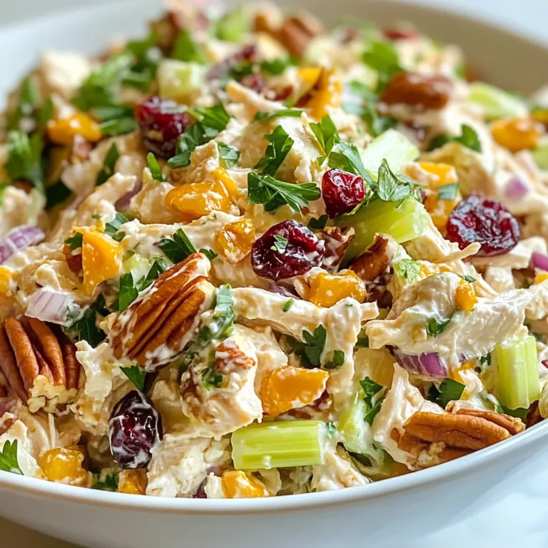 To make this tasty salad, gather these main ingredients: - 2 cups cooked chicken breast, shredded or cubed - 1/2 cup dried cranberries - 1/2 cup pecans, chopped - 1/4 cup celery, finely chopped - 1/4 cup red onion, finely chopped - 3/4 cup Greek yogurt (or mayonnaise) - 1 tablespoon Dijon mustard - 1 tablespoon honey - Salt and pepper to taste These ingredients work together to create a balance of flavors. The chicken provides protein, while the cranberries add sweetness. The pecans bring crunch, and the yogurt gives creaminess. For a lovely touch, consider these optional garnishes: - Fresh parsley - Sliced almonds - Extra dried cranberries Garnishes not only add color but also enhance flavor. Fresh herbs brighten the dish and make it look appealing. You can easily adapt this recipe. Here are some substitutions: - Use tofu or chickpeas instead of chicken for a plant-based option. - Substitute Greek yogurt with avocado or a dairy-free yogurt for a vegan choice. - For nut allergies, replace pecans with sunflower seeds. These changes keep the dish tasty while meeting different dietary needs. Enjoy making this salad your own! {{ingredient_image_1}} Start with 2 cups of cooked chicken. You can use shredded or cubed chicken. If you have leftovers, this is perfect! Mix the chicken in a large bowl. You want to make sure it’s easy to stir later. Next, add 1/2 cup of dried cranberries. They bring a nice sweetness. Then, toss in 1/2 cup of chopped pecans for a crunchy bite. Lastly, add 1/4 cup each of finely chopped celery and red onion. The celery adds a crisp texture, while the onion gives a nice flavor. In a small bowl, put 3/4 cup of Greek yogurt or mayonnaise. Both work well, but yogurt is lighter. Then, add 1 tablespoon of Dijon mustard. This adds a nice kick. Next, include 1 tablespoon of honey for sweetness. Finally, sprinkle in salt and pepper to taste. Now, whisk all the ingredients together until smooth. If you want it creamier, add more yogurt or mayo. Now that you have your chicken ready and your dressing made, it's time to combine them. Pour the dressing over the chicken mixture. Use a spatula or spoon to stir gently. You want to coat everything well. Taste it and adjust with extra salt and pepper if needed. Cover the bowl with plastic wrap and put it in the fridge. Let it chill for at least 30 minutes. This helps the flavors blend. Before serving, give it a gentle toss. You can also garnish with fresh parsley if you like. To shred chicken easily, use two forks. Place the cooked chicken breast in a bowl. Hold one fork steady, and pull the other fork through the meat. The chicken will break apart nicely. You can also use your hands if the chicken is cool enough. For a quicker method, try a stand mixer with a paddle attachment. This will shred the chicken in seconds. When mixing your salad, add all the solid ingredients first. This helps keep them evenly distributed. Pour the dressing over the top and mix gently. Avoid over-mixing, as this can make the chicken mushy. For storage, place your salad in an airtight container. This keeps it fresh for longer. You can prepare this salad a day in advance. Just store it in the fridge until you’re ready to serve. The flavors will blend well overnight. Serve it on a bed of greens or in a wrap. You can also add it to a sandwich for a tasty lunch. If you want a crunchy touch, top with extra pecans right before serving. Pro Tips Use Rotisserie Chicken: For a quicker preparation, use store-bought rotisserie chicken instead of cooking your own. It saves time and adds great flavor. Chill Before Serving: Allowing the salad to chill for at least 30 minutes enhances the flavors as they meld together, making for a more delicious dish. Customize Ingredients: Feel free to customize the salad by adding ingredients like diced apples or grapes for extra sweetness and crunch. Serving Suggestions: Serve the chicken salad on a bed of greens, in a sandwich, or as a filling for lettuce wraps for a lighter option. {{image_2}} You can change this salad by adding more fruits or veggies. Apples add a sweet crunch. Grapes add juiciness. Diced bell peppers bring color and a crisp bite. You can mix and match based on what you like. Just chop them small. This keeps the salad easy to eat. Fresh herbs like dill or chives also add flavor. They give a nice twist to the salad. If you want to switch up the protein, there are many choices. Turkey works well if you have it. Canned tuna or salmon can be tasty too. For a vegetarian option, try chickpeas or tofu. Both add protein and work great with the flavors. Just make sure to season them well. This way, they blend nicely with the rest of the salad. For a lighter version, use less dressing. You can also swap Greek yogurt for low-fat yogurt. This keeps the creaminess while cutting calories. Another tip is to use less chicken and add more veggies. This adds bulk without many calories. You can also skip the honey for a sugar-free recipe. These small changes keep the salad fresh and satisfying. To keep your cranberry pecan chicken salad fresh, place it in an airtight container. This helps lock in flavor and moisture. Always store it in the fridge. It stays tastier when chilled. Avoid leaving it at room temperature for too long. You can freeze this chicken salad, but keep in mind that some texture may change. For the best results, freeze only the chicken salad without the dressing. Use a freezer-safe container. Label it with the date. When ready to eat, thaw it in the fridge overnight. When stored in the fridge, this salad lasts about three to four days. If you notice any off smells or a change in color, it's best to toss it. Always check for freshness before enjoying your meal. Proper storage ensures you get the best taste and quality. Yes, you can use rotisserie chicken. It saves time and adds great flavor. Just shred or cube it as needed. The salad stays tasty and quick to make. I often use rotisserie chicken when I'm in a hurry. The chicken salad lasts about 3 to 4 days in the fridge. Store it in an airtight container for best results. Be sure to check for freshness before eating. If it smells off or looks strange, toss it out. Yes, you can make this salad without nuts. If you have nut allergies, leave them out. You might add sunflower seeds or extra cranberries for crunch. The salad will still taste great without the pecans. Cranberry pecan chicken salad is a tasty dish you can easily make at home. We covered the key ingredients, step-by-step prep, and helpful tips. You can customize this salad with fruits, veggies, or different proteins to suit your taste. Remember to store leftovers properly to enjoy them later. Experiment with variations to find your favorite mix. With these ideas, you'll have a delicious meal ready for any occasion. Enjoy making your own unique versions of this salad!