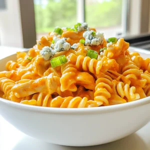 - 2 cups rotini or penne pasta - 2 cups cooked chicken breast, shredded - 1 cup buffalo sauce - 1 cup heavy cream - 1/2 cup sour cream - 2 tablespoons olive oil - 1 small onion, finely chopped - 3 cloves garlic, minced - 1/2 cup grated Parmesan cheese - Chopped green onions for garnish - Crumbled blue cheese for topping (optional) - Salt and pepper to taste Gathering the right ingredients is key to making creamy buffalo chicken pasta. You want to start with the main ingredients. The pasta is the base, and rotini or penne works best here. The shape helps hold the sauce well. Next, shredded chicken brings in protein and flavor. Buffalo sauce adds a spicy kick that makes this dish special. Heavy cream and sour cream create the creamy texture everyone loves. Aromatics are your next step. Olive oil gives a nice base for cooking. Finely chopped onion adds sweetness, while minced garlic provides zest. Together, they create a fragrant start for your dish. Finally, consider garnishes and extras. Grated Parmesan cheese adds depth. Chopped green onions brighten up the dish. If you like blue cheese, sprinkle some on top for extra flavor. Adjust salt and pepper to taste for the perfect finish. Make sure you have everything ready before you start cooking. This makes the process smooth and fun! {{ingredient_image_1}} - Start by boiling salted water in a large pot. - Add 2 cups of rotini or penne pasta. - Cook until al dente, about 8-10 minutes. - Drain the pasta and set it aside. - Heat 2 tablespoons of olive oil in a large skillet. - Add 1 small chopped onion and sauté until it turns clear, about 3-4 minutes. - Next, add 3 minced garlic cloves and cook for 1 more minute until fragrant. - Stir in 2 cups of shredded cooked chicken and 1 cup of buffalo sauce. - Mix well to coat the chicken evenly. - Let it simmer for about 3-5 minutes to heat everything through. - Reduce the heat to low. - Add 1 cup of heavy cream and 1/2 cup of sour cream to the skillet. - Stir constantly until the mixture is smooth and creamy. - Then stir in 1/2 cup of grated Parmesan cheese until it's melted. - Adjust the seasoning with salt and pepper to taste. - Add the cooked pasta to the skillet with the creamy buffalo chicken sauce. - Toss everything together gently until the pasta is well-coated. - Remove the skillet from the heat. - Serve immediately, garnished with chopped green onions. - If you like, add crumbled blue cheese on top. To get the best creaminess, adjust your cream amounts. Start with one cup of heavy cream. If you want it richer, add more. The balance is key to a smooth sauce. Next, choose the right buffalo sauce. Some sauces are spicier than others. Pick one that suits your taste. A milder sauce can be great for kids. Cook the pasta ahead of time. This saves you from overcooking it later. I suggest cooking it until al dente. This keeps the pasta firm and tasty. Simmer the chicken and sauce effectively. After adding chicken to the sauce, let it simmer for just 3-5 minutes. This helps the flavors blend without drying out the chicken. To boost the flavor, add spices or herbs. A pinch of paprika or a sprinkle of parsley can work wonders. You can also use different types of cheese. Try mixing in cheddar for extra richness or mozzarella for a stretchy texture. This will give your dish a unique twist and make it even more appealing. Pro Tips Adjust the Heat: If you prefer a milder dish, start with a smaller amount of buffalo sauce and gradually add more to taste. Use Rotisserie Chicken: For a quicker prep time, use store-bought rotisserie chicken instead of cooking your own. Thicken the Sauce: If you desire a thicker sauce, let it simmer for a few extra minutes after adding the cream and cheese. Garnish Creatively: Experiment with different toppings like cilantro or jalapeños for added flavor and a fresh twist. {{image_2}} You can switch things up with your protein choice. One easy way is to use rotisserie chicken. It saves time and adds great flavor. Just shred the chicken and toss it into your pasta. Another option is using ground turkey or beef. Cook it in the skillet until it's browned. Then, mix it with the buffalo sauce. This gives a nice twist to the dish. Both options keep your meal exciting and tasty. If you want a meatless meal, try mushrooms instead of chicken. Sauté them until they are tender. They soak up the sauce well, giving a rich flavor. You can also add fresh vegetables like bell peppers or spinach. Just chop them up and toss them into the skillet while sautéing the onions and garlic. This adds color and nutrients, making your dish even better. Feel free to explore different sauces for your pasta. You can use a different hot sauce if you want a unique kick. Each sauce brings its own flavor to the dish. Another fun idea is to try creamy pesto or ranch variations. Just swap the buffalo sauce for your choice. This gives you a whole new taste experience while keeping the creaminess that you love. To keep your creamy buffalo chicken pasta fresh, follow these tips: - Allow the pasta to cool to room temperature. - Store it in an airtight container. - Keep it in the fridge for up to 3-4 days. For best results, use glass or BPA-free plastic containers. These materials help maintain freshness. You can reheat leftovers in two ways: microwave or stovetop. - Microwave: Place the pasta in a microwave-safe dish. Add a splash of cream or water. Heat in short bursts, stirring between, until warm. - Stovetop: Heat a skillet over medium-low heat. Add the pasta and a bit of cream. Stir gently until heated through. To keep the creaminess, avoid overheating. Stir often to prevent sticking. Yes, you can freeze creamy buffalo chicken pasta! - Best practices: Cool the pasta completely before freezing. Store it in a freezer-safe container. Leave some space at the top for expansion. - To thaw, place it in the fridge overnight. Reheat on the stovetop with a bit of cream to restore its creamy texture. Freezing may change the texture slightly, but it remains tasty! You can use rotini or penne pasta for this recipe. Both types hold sauce well. Rotini has a fun twist that catches the sauce. Penne has smooth edges for easy eating. Choose what you like best; both will work great. Yes! To increase the heat level, add more buffalo sauce. You can also mix in some crushed red pepper flakes. If you want it even hotter, add diced jalapeños or hot sauce. Try small amounts at first, then taste and adjust to your liking. Creamy Buffalo Chicken Pasta lasts about three to four days in the fridge. Store it in an airtight container to keep it fresh. Make sure it cools down before you seal it up. Eating it within this time helps keep the flavors intact. Yes! This dish is great for meal prep. You can cook the pasta and sauce ahead of time. Just store them separately until you are ready to eat. When you're ready, heat them up together for a quick meal. This blog post covered how to make creamy buffalo chicken pasta. We reviewed the main ingredients, cooking steps, and variations to tailor the dish. You learned tips for creaminess and ways to store leftovers. Final thoughts: This dish is easy and packed with flavor. You can enjoy it anytime, with any twist you like. Get creative and have fun!