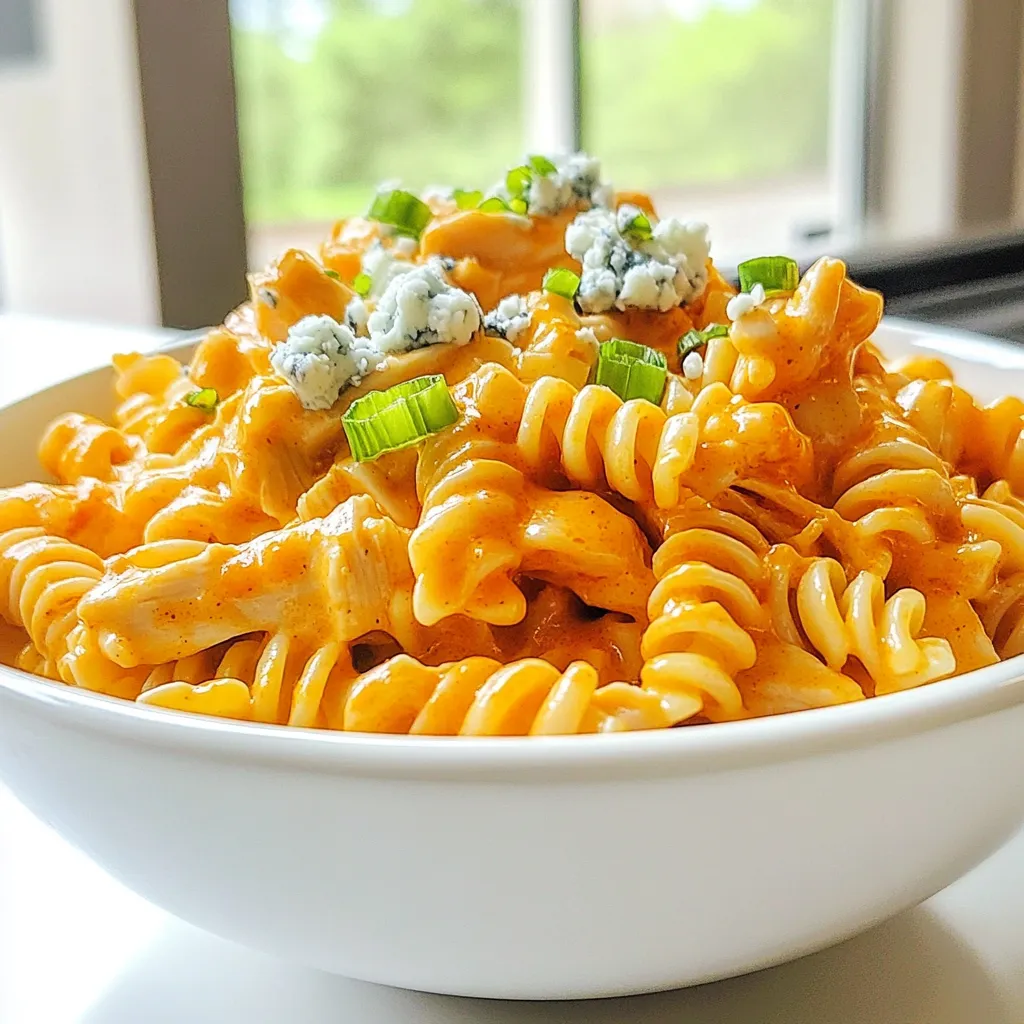 - 2 cups rotini or penne pasta - 2 cups cooked chicken breast, shredded - 1 cup buffalo sauce - 1 cup heavy cream - 1/2 cup sour cream - 2 tablespoons olive oil - 1 small onion, finely chopped - 3 cloves garlic, minced - 1/2 cup grated Parmesan cheese - Chopped green onions for garnish - Crumbled blue cheese for topping (optional) - Salt and pepper to taste Gathering the right ingredients is key to making creamy buffalo chicken pasta. You want to start with the main ingredients. The pasta is the base, and rotini or penne works best here. The shape helps hold the sauce well. Next, shredded chicken brings in protein and flavor. Buffalo sauce adds a spicy kick that makes this dish special. Heavy cream and sour cream create the creamy texture everyone loves. Aromatics are your next step. Olive oil gives a nice base for cooking. Finely chopped onion adds sweetness, while minced garlic provides zest. Together, they create a fragrant start for your dish. Finally, consider garnishes and extras. Grated Parmesan cheese adds depth. Chopped green onions brighten up the dish. If you like blue cheese, sprinkle some on top for extra flavor. Adjust salt and pepper to taste for the perfect finish. Make sure you have everything ready before you start cooking. This makes the process smooth and fun! {{ingredient_image_1}} - Start by boiling salted water in a large pot. - Add 2 cups of rotini or penne pasta. - Cook until al dente, about 8-10 minutes. - Drain the pasta and set it aside. - Heat 2 tablespoons of olive oil in a large skillet. - Add 1 small chopped onion and sauté until it turns clear, about 3-4 minutes. - Next, add 3 minced garlic cloves and cook for 1 more minute until fragrant. - Stir in 2 cups of shredded cooked chicken and 1 cup of buffalo sauce. - Mix well to coat the chicken evenly. - Let it simmer for about 3-5 minutes to heat everything through. - Reduce the heat to low. - Add 1 cup of heavy cream and 1/2 cup of sour cream to the skillet. - Stir constantly until the mixture is smooth and creamy. - Then stir in 1/2 cup of grated Parmesan cheese until it's melted. - Adjust the seasoning with salt and pepper to taste. - Add the cooked pasta to the skillet with the creamy buffalo chicken sauce. - Toss everything together gently until the pasta is well-coated. - Remove the skillet from the heat. - Serve immediately, garnished with chopped green onions. - If you like, add crumbled blue cheese on top. To get the best creaminess, adjust your cream amounts. Start with one cup of heavy cream. If you want it richer, add more. The balance is key to a smooth sauce. Next, choose the right buffalo sauce. Some sauces are spicier than others. Pick one that suits your taste. A milder sauce can be great for kids. Cook the pasta ahead of time. This saves you from overcooking it later. I suggest cooking it until al dente. This keeps the pasta firm and tasty. Simmer the chicken and sauce effectively. After adding chicken to the sauce, let it simmer for just 3-5 minutes. This helps the flavors blend without drying out the chicken. To boost the flavor, add spices or herbs. A pinch of paprika or a sprinkle of parsley can work wonders. You can also use different types of cheese. Try mixing in cheddar for extra richness or mozzarella for a stretchy texture. This will give your dish a unique twist and make it even more appealing. Pro Tips Adjust the Heat: If you prefer a milder dish, start with a smaller amount of buffalo sauce and gradually add more to taste. Use Rotisserie Chicken: For a quicker prep time, use store-bought rotisserie chicken instead of cooking your own. Thicken the Sauce: If you desire a thicker sauce, let it simmer for a few extra minutes after adding the cream and cheese. Garnish Creatively: Experiment with different toppings like cilantro or jalapeños for added flavor and a fresh twist. {{image_2}} You can switch things up with your protein choice. One easy way is to use rotisserie chicken. It saves time and adds great flavor. Just shred the chicken and toss it into your pasta. Another option is using ground turkey or beef. Cook it in the skillet until it's browned. Then, mix it with the buffalo sauce. This gives a nice twist to the dish. Both options keep your meal exciting and tasty. If you want a meatless meal, try mushrooms instead of chicken. Sauté them until they are tender. They soak up the sauce well, giving a rich flavor. You can also add fresh vegetables like bell peppers or spinach. Just chop them up and toss them into the skillet while sautéing the onions and garlic. This adds color and nutrients, making your dish even better. Feel free to explore different sauces for your pasta. You can use a different hot sauce if you want a unique kick. Each sauce brings its own flavor to the dish. Another fun idea is to try creamy pesto or ranch variations. Just swap the buffalo sauce for your choice. This gives you a whole new taste experience while keeping the creaminess that you love. To keep your creamy buffalo chicken pasta fresh, follow these tips: - Allow the pasta to cool to room temperature. - Store it in an airtight container. - Keep it in the fridge for up to 3-4 days. For best results, use glass or BPA-free plastic containers. These materials help maintain freshness. You can reheat leftovers in two ways: microwave or stovetop. - Microwave: Place the pasta in a microwave-safe dish. Add a splash of cream or water. Heat in short bursts, stirring between, until warm. - Stovetop: Heat a skillet over medium-low heat. Add the pasta and a bit of cream. Stir gently until heated through. To keep the creaminess, avoid overheating. Stir often to prevent sticking. Yes, you can freeze creamy buffalo chicken pasta! - Best practices: Cool the pasta completely before freezing. Store it in a freezer-safe container. Leave some space at the top for expansion. - To thaw, place it in the fridge overnight. Reheat on the stovetop with a bit of cream to restore its creamy texture. Freezing may change the texture slightly, but it remains tasty! You can use rotini or penne pasta for this recipe. Both types hold sauce well. Rotini has a fun twist that catches the sauce. Penne has smooth edges for easy eating. Choose what you like best; both will work great. Yes! To increase the heat level, add more buffalo sauce. You can also mix in some crushed red pepper flakes. If you want it even hotter, add diced jalapeños or hot sauce. Try small amounts at first, then taste and adjust to your liking. Creamy Buffalo Chicken Pasta lasts about three to four days in the fridge. Store it in an airtight container to keep it fresh. Make sure it cools down before you seal it up. Eating it within this time helps keep the flavors intact. Yes! This dish is great for meal prep. You can cook the pasta and sauce ahead of time. Just store them separately until you are ready to eat. When you're ready, heat them up together for a quick meal. This blog post covered how to make creamy buffalo chicken pasta. We reviewed the main ingredients, cooking steps, and variations to tailor the dish. You learned tips for creaminess and ways to store leftovers. Final thoughts: This dish is easy and packed with flavor. You can enjoy it anytime, with any twist you like. Get creative and have fun!