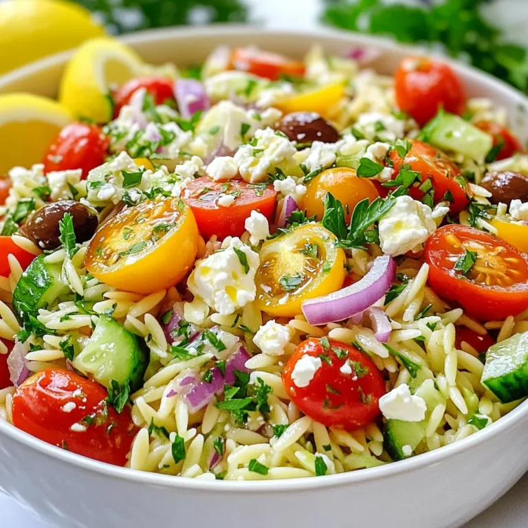 - 1 cup orzo pasta - 1/2 cup cherry tomatoes, halved - 1/2 cucumber, diced - 1/4 red onion, finely chopped - 1/2 cup Kalamata olives, pitted and halved - 1/3 cup feta cheese, crumbled - 2 tablespoons fresh parsley, chopped - 1 tablespoon fresh mint, chopped - 3 tablespoons olive oil - 2 tablespoons lemon juice - Salt and pepper to taste - Orzo pasta: This tiny pasta serves as the base. It soaks in flavors well. - Cherry tomatoes: These add sweet bites and vibrant color. - Cucumber: This brings a cool crunch. It's refreshing and light. - Red onion: This gives a sharp taste that balances the salad. - Kalamata olives: They add richness and a briny touch. - Feta cheese: This creamy cheese adds saltiness and creaminess. - Fresh parsley: This herb brightens the dish with its fresh flavor. - Fresh mint: Mint adds a unique twist, enhancing freshness. - Olive oil: This is the main fat in the dressing, making it smooth. - Lemon juice: This adds a tangy kick that brightens the flavors. - Salt and pepper: These enhance all the other flavors in the salad. - Orzo pasta: Look for a package that feels intact and undamaged. - Cherry tomatoes: Choose firm, shiny tomatoes without blemishes. - Cucumber: Pick cucumbers that are firm and have a vibrant color. - Red onion: Select onions that are heavy for their size with dry skin. - Kalamata olives: Opt for dark, plump olives for the best flavor. - Feta cheese: Buy feta from a deli for a fresher taste. - Fresh herbs: Choose bright green parsley and mint without wilting. - Olive oil: Use extra virgin olive oil for the best quality. - Lemon juice: Fresh lemons should feel heavy and firm. Fresh ingredients make this salad shine. Choose wisely for the best taste! {{ingredient_image_1}} To start, fill a large pot with water. Add a good amount of salt. Bring the water to a rolling boil. Next, add 1 cup of orzo pasta. Cook it as per the package directions, usually about 8-10 minutes. Stir occasionally to prevent sticking. Once cooked, drain the orzo in a colander. Rinse it under cold water to stop the cooking. This step helps keep the orzo firm and tasty. While the orzo cooks, grab your vegetables. Halve 1/2 cup of cherry tomatoes. Dice 1/2 cucumber into small pieces. Finely chop 1/4 red onion. Use a sharp knife for clean cuts. This keeps the salad looking fresh and neat. Place all the chopped vegetables in a large bowl. You will combine these with the orzo later. Once the orzo has cooled, mix it with the vegetables. Add the halved Kalamata olives and 1/3 cup of crumbled feta cheese. In a small bowl, whisk together 3 tablespoons of olive oil, 2 tablespoons of lemon juice, salt, and pepper. Pour the dressing over the salad. Toss gently to coat all ingredients. This ensures every bite is flavorful. Finally, fold in 2 tablespoons of chopped fresh parsley and 1 tablespoon of chopped fresh mint. These herbs add a burst of freshness. For the best flavor, let the salad rest for about 10 minutes before serving. This helps the flavors mix well. When serving, use a colorful bowl. Garnish with extra parsley and a sprinkle of feta. Add lemon wedges on the side for a zesty touch. This not only looks great but also enhances the overall flavor. To prevent overcooked orzo, watch the cooking time closely. I recommend checking the orzo one minute before the package time ends. It should be firm to the bite, known as "al dente." Once done, drain it right away and rinse it under cold water. This stops the cooking and keeps the texture nice. Don't skip this step; your salad will taste so much better. To boost flavor, consider adding fresh herbs like basil or dill. These herbs add a lovely aroma and taste. You can also mix in roasted red peppers or artichokes for extra depth. If you don't have Kalamata olives, green olives work well too. For a creamier touch, try goat cheese instead of feta. Use your imagination and make it your own! For a stunning presentation, use a large, colorful bowl. Layer the salad ingredients for a beautiful look. Top it with extra feta and fresh herbs. Adding lemon wedges on the side gives a fresh pop of color. You can also use a sprinkle of pine nuts or sunflower seeds for crunch. This not only makes your dish look great but tastes amazing too. Pro Tips Chill for Flavor: Allowing the salad to rest for at least 10 minutes before serving helps the flavors meld together, enhancing the overall taste. Fresh Herbs Matter: Using fresh parsley and mint instead of dried herbs will provide a vibrant flavor and aroma that elevates the dish. Customize Ingredients: Feel free to add other ingredients like bell peppers, artichokes, or grilled chicken to make the salad more substantial and tailored to your taste. Perfect Pasta Texture: Make sure to rinse the orzo with cold water after cooking to stop it from cooking further and to keep it from becoming mushy. {{image_2}} You can boost your Greek Orzo Salad by adding protein. Grilled chicken works well. Just slice it and mix it in. Chickpeas are a great option for a vegetarian salad. They add texture and protein. You can use canned chickpeas for ease. Just rinse and drain them before adding. Both options make the salad filling and tasty. While the olive oil and lemon juice dressing is classic, feel free to experiment. A yogurt-based dressing adds creaminess. Mix plain yogurt with lemon juice and herbs. A balsamic vinaigrette gives a sweet touch. Just whisk balsamic vinegar with olive oil, salt, and pepper. Each dressing changes the flavor but keeps the salad fresh. Seasonal veggies can make your orzo salad shine. In spring, add fresh peas or asparagus. In summer, diced bell peppers and zucchini work well. Fall brings butternut squash or roasted sweet potatoes. In winter, add roasted root vegetables like carrots or beets. These changes keep your salad new and exciting all year round. To keep your Greek Orzo Salad fresh, use a tight container. Glass or plastic containers with lids work well. Make sure to cool the salad to room temperature before sealing it. This helps prevent moisture buildup, which can make the salad soggy. When stored correctly, Greek Orzo Salad lasts about 3 to 5 days in the fridge. If you want to enjoy it later, you can eat it cold. Just give it a good stir before serving. If the salad seems dry after storage, add a little olive oil or lemon juice to refresh it. Avoid reheating the salad in the microwave; it’s best enjoyed cold. Freezing Greek Orzo Salad is not ideal. The texture of the vegetables and feta cheese can change. However, if you must, freeze the salad without the dressing. Place it in a freezer-safe bag or container. It can last up to 2 months. When ready to eat, thaw it in the fridge overnight and add fresh dressing before serving. Yes, you can make Greek Orzo Salad ahead of time. In fact, it tastes better after sitting for a bit. The flavors blend well together when you let it rest in the fridge for a few hours or overnight. Just remember to leave out the herbs if you are making it too far in advance. You can add those just before serving for the best taste. If you can't find feta cheese, try using goat cheese or ricotta. Both have a creamy texture and add great flavor. You can also use a dairy-free option, like cashew cheese. This still gives you a tasty salad while keeping it fresh and enjoyable. No, orzo is not gluten-free. It is made from wheat, which contains gluten. If you need a gluten-free option, look for rice or quinoa pasta. These alternatives cook similarly and absorb flavors well, making them great substitutes in this salad. Greek Orzo Salad lasts about 3 to 5 days in the fridge if stored properly. Keep it in an airtight container to help it stay fresh. If you notice any change in smell or color, it is best to toss it out. Enjoy your salad while it is still tasty and bright! Greek Orzo Salad is fresh, colorful, and easy to make. We covered key ingredients, cooking steps, and tips for the best results. Incorporating different proteins and dressings can make your salad unique. When storing, remember the proper techniques to keep it tasty longer. By using these tips, you can create a dish that impresses everyone. Enjoy experimenting with flavors and share your tasty creations!