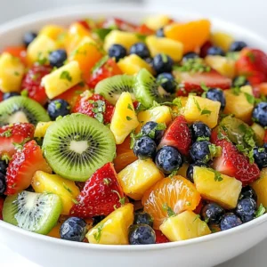 - 2 cups strawberries, hulled and sliced - 2 cups pineapple, diced - 1 cup blueberries - 2 ripe kiwis, peeled and sliced - 1 orange, segmented - 1/4 cup honey - 2 tablespoons fresh lime juice - Zest of 1 lime - 1 tablespoon fresh mint, chopped I love using fresh fruits in this Honey Lime Fruit Salad. Strawberries add a sweet burst. Pineapple gives a tropical twist. Blueberries bring a lovely pop of color. Kiwis add a unique taste and soft texture. Oranges bring a juicy zing that ties everything together. The honey lime dressing is simple but so tasty. I mix honey, fresh lime juice, and lime zest in a small bowl. This dressing enhances the fruits' natural sweetness. It also adds a bright, zesty flavor. You can adjust the honey if you prefer less sweetness. For a finishing touch, I like to add fresh mint. It adds a nice color and flavor boost. When you serve this salad, it looks vibrant and fresh. Enjoy this easy and refreshing dish at your next gathering! {{ingredient_image_1}} First, you need to get the fruit ready. Start by hulling and slicing 2 cups of strawberries. Next, dice 2 cups of fresh pineapple into bite-sized pieces. Then, peel and slice 2 ripe kiwis. Finally, segment 1 orange, making sure to remove any seeds. In a small bowl, whisk together 1/4 cup of honey, 2 tablespoons of fresh lime juice, and the zest of 1 lime. Mix until smooth and well combined. This dressing adds a bright flavor to the fruit. In a large mixing bowl, toss all the prepared fruits with the honey-lime dressing. Make sure every piece of fruit gets coated. Let the fruit salad sit for 10 minutes at room temperature. This helps the flavors blend nicely. Serve the salad in a big bowl or in individual cups. Before serving, garnish with 1 tablespoon of chopped fresh mint for color and extra flavor. To make your Honey Lime Fruit Salad shine, let the flavors meld together. After mixing the fruits, let them sit for 10 minutes. This helps the fruits soak up the honey-lime dressing. Also, choose ripe fruits for the best taste. Ripe strawberries, pineapples, and kiwis bring out natural sweetness. Serving this salad in individual cups makes it fun and fancy. You can use clear cups to show off the colorful fruits. Adding colorful garnishes can elevate the look. Fresh mint leaves not only add color but also a nice touch of flavor. You might want to adjust the honey to suit your taste. Start with 1/4 cup and add more if you like it sweeter. If you prefer, you can use alternative sweeteners like agave syrup or maple syrup. These options still give a nice flavor without using honey. Pro Tips Choose Ripe Fruits: For the best flavor and sweetness, select fruits that are at their peak ripeness. Look for strawberries that are bright red, pineapples with a sweet aroma, and kiwis that yield slightly to pressure. Adjust Sweetness: If you prefer a sweeter fruit salad, add more honey to the dressing. Taste the mixture before drizzling it onto the fruit to get your desired sweetness level. Chill Before Serving: For a refreshing experience, chill the fruit salad in the refrigerator for about 30 minutes before serving. This enhances the flavors and makes it extra refreshing, especially on warm days. Experiment with Fruits: Feel free to customize your fruit salad by adding seasonal fruits or your favorites. Try adding mango, grapes, or pomegranate seeds for a unique twist. {{image_2}} You can mix up the fruits in this salad. Use seasonal fruits for the best taste. In summer, try juicy stone fruits. Peaches and nectarines add a sweet touch. You can also use berries, melons, or even grapes. The key is to choose ripe, vibrant fruit. This makes your salad colorful and fun. If you want to cut back on sugar, reduce the honey. You can use just a tablespoon or two. The lime juice brings out the fruit's natural sweetness. Another option is to substitute honey with yogurt. Greek yogurt gives a creamy texture and adds protein. It’s a great way to make the salad a bit healthier. To make your salad even more exciting, add spices. A pinch of cinnamon can add warmth and depth. You can also incorporate vanilla extract for a sweet note. Just a few drops can make a big difference. Experiment with these flavors to find what you love. To keep your Honey Lime Fruit Salad fresh, store it in the refrigerator. Use an airtight container to prevent moisture loss. This salad is best enjoyed within 1-2 days for optimal taste and texture. You can make the honey lime dressing in advance. Simply whisk together honey, lime juice, and lime zest. Store this dressing in the fridge. It stays good for up to a week. Keep the fruits separate until you are ready to serve. This helps them stay fresh and crisp. Look for overripe fruits to determine freshness. Strawberries should be bright red, not mushy. Kiwis should feel slightly firm. Blueberries need to be plump and smooth. Pineapple should smell sweet and not have brown spots. Always check the texture and color before serving. Yes, you can use frozen fruit. However, fresh fruit gives better taste. Frozen fruit may lose its crunch. If you use frozen fruit, thaw it first. This helps to avoid excess water in the salad. Use a mix of strawberries, blueberries, and mangoes for a great flavor. To serve more people, simply double the ingredients. Use 4 cups of strawberries and 4 cups of pineapple. You can also add more fruits like bananas or grapes. If you want a bigger bowl, add 2 more tablespoons of lime juice and 1/2 cup of honey. Mix well so all the flavors blend. Honey has natural sugars and antioxidants. It can help soothe your throat and boost energy. Lime is rich in vitamin C. It aids digestion and can help your skin. Together, they make a tasty, healthy dressing for your fruit salad. Enjoy the health benefits while treating your taste buds! This blog post covered how to make a delicious honey lime fruit salad. You learned about fresh fruits like strawberries and pineapple, plus a simple honey lime dressing. I shared tips for flavor and presentation to make your salad shine. You can also explore variations and the best ways to store your creation. Remember, use ripe fruits for the best taste. Enjoy your salad today for a fresh, healthy treat.