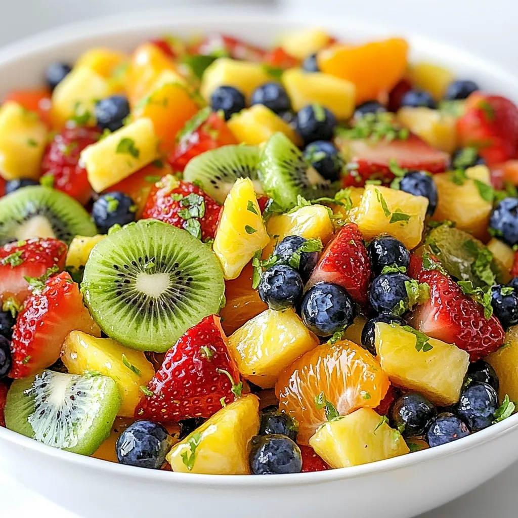 - 2 cups strawberries, hulled and sliced - 2 cups pineapple, diced - 1 cup blueberries - 2 ripe kiwis, peeled and sliced - 1 orange, segmented - 1/4 cup honey - 2 tablespoons fresh lime juice - Zest of 1 lime - 1 tablespoon fresh mint, chopped I love using fresh fruits in this Honey Lime Fruit Salad. Strawberries add a sweet burst. Pineapple gives a tropical twist. Blueberries bring a lovely pop of color. Kiwis add a unique taste and soft texture. Oranges bring a juicy zing that ties everything together. The honey lime dressing is simple but so tasty. I mix honey, fresh lime juice, and lime zest in a small bowl. This dressing enhances the fruits' natural sweetness. It also adds a bright, zesty flavor. You can adjust the honey if you prefer less sweetness. For a finishing touch, I like to add fresh mint. It adds a nice color and flavor boost. When you serve this salad, it looks vibrant and fresh. Enjoy this easy and refreshing dish at your next gathering! {{ingredient_image_1}} First, you need to get the fruit ready. Start by hulling and slicing 2 cups of strawberries. Next, dice 2 cups of fresh pineapple into bite-sized pieces. Then, peel and slice 2 ripe kiwis. Finally, segment 1 orange, making sure to remove any seeds. In a small bowl, whisk together 1/4 cup of honey, 2 tablespoons of fresh lime juice, and the zest of 1 lime. Mix until smooth and well combined. This dressing adds a bright flavor to the fruit. In a large mixing bowl, toss all the prepared fruits with the honey-lime dressing. Make sure every piece of fruit gets coated. Let the fruit salad sit for 10 minutes at room temperature. This helps the flavors blend nicely. Serve the salad in a big bowl or in individual cups. Before serving, garnish with 1 tablespoon of chopped fresh mint for color and extra flavor. To make your Honey Lime Fruit Salad shine, let the flavors meld together. After mixing the fruits, let them sit for 10 minutes. This helps the fruits soak up the honey-lime dressing. Also, choose ripe fruits for the best taste. Ripe strawberries, pineapples, and kiwis bring out natural sweetness. Serving this salad in individual cups makes it fun and fancy. You can use clear cups to show off the colorful fruits. Adding colorful garnishes can elevate the look. Fresh mint leaves not only add color but also a nice touch of flavor. You might want to adjust the honey to suit your taste. Start with 1/4 cup and add more if you like it sweeter. If you prefer, you can use alternative sweeteners like agave syrup or maple syrup. These options still give a nice flavor without using honey. Pro Tips Choose Ripe Fruits: For the best flavor and sweetness, select fruits that are at their peak ripeness. Look for strawberries that are bright red, pineapples with a sweet aroma, and kiwis that yield slightly to pressure. Adjust Sweetness: If you prefer a sweeter fruit salad, add more honey to the dressing. Taste the mixture before drizzling it onto the fruit to get your desired sweetness level. Chill Before Serving: For a refreshing experience, chill the fruit salad in the refrigerator for about 30 minutes before serving. This enhances the flavors and makes it extra refreshing, especially on warm days. Experiment with Fruits: Feel free to customize your fruit salad by adding seasonal fruits or your favorites. Try adding mango, grapes, or pomegranate seeds for a unique twist. {{image_2}} You can mix up the fruits in this salad. Use seasonal fruits for the best taste. In summer, try juicy stone fruits. Peaches and nectarines add a sweet touch. You can also use berries, melons, or even grapes. The key is to choose ripe, vibrant fruit. This makes your salad colorful and fun. If you want to cut back on sugar, reduce the honey. You can use just a tablespoon or two. The lime juice brings out the fruit's natural sweetness. Another option is to substitute honey with yogurt. Greek yogurt gives a creamy texture and adds protein. It’s a great way to make the salad a bit healthier. To make your salad even more exciting, add spices. A pinch of cinnamon can add warmth and depth. You can also incorporate vanilla extract for a sweet note. Just a few drops can make a big difference. Experiment with these flavors to find what you love. To keep your Honey Lime Fruit Salad fresh, store it in the refrigerator. Use an airtight container to prevent moisture loss. This salad is best enjoyed within 1-2 days for optimal taste and texture. You can make the honey lime dressing in advance. Simply whisk together honey, lime juice, and lime zest. Store this dressing in the fridge. It stays good for up to a week. Keep the fruits separate until you are ready to serve. This helps them stay fresh and crisp. Look for overripe fruits to determine freshness. Strawberries should be bright red, not mushy. Kiwis should feel slightly firm. Blueberries need to be plump and smooth. Pineapple should smell sweet and not have brown spots. Always check the texture and color before serving. Yes, you can use frozen fruit. However, fresh fruit gives better taste. Frozen fruit may lose its crunch. If you use frozen fruit, thaw it first. This helps to avoid excess water in the salad. Use a mix of strawberries, blueberries, and mangoes for a great flavor. To serve more people, simply double the ingredients. Use 4 cups of strawberries and 4 cups of pineapple. You can also add more fruits like bananas or grapes. If you want a bigger bowl, add 2 more tablespoons of lime juice and 1/2 cup of honey. Mix well so all the flavors blend. Honey has natural sugars and antioxidants. It can help soothe your throat and boost energy. Lime is rich in vitamin C. It aids digestion and can help your skin. Together, they make a tasty, healthy dressing for your fruit salad. Enjoy the health benefits while treating your taste buds! This blog post covered how to make a delicious honey lime fruit salad. You learned about fresh fruits like strawberries and pineapple, plus a simple honey lime dressing. I shared tips for flavor and presentation to make your salad shine. You can also explore variations and the best ways to store your creation. Remember, use ripe fruits for the best taste. Enjoy your salad today for a fresh, healthy treat.