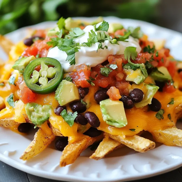 To make loaded nacho fries, you need these key ingredients: - 4 large russet potatoes - 2 tablespoons olive oil - 1 teaspoon garlic powder - 1 teaspoon paprika - Salt and pepper to taste - 1 cup shredded cheddar cheese - 1 cup shredded Monterey Jack cheese - 1 can (15 oz) black beans, drained and rinsed - 1 jalapeño, sliced - 1 avocado, diced - ½ cup sour cream - ½ cup salsa - Fresh cilantro for garnish You can customize your loaded nacho fries with these tasty toppings: - Sliced green onions - Chopped tomatoes - Pickled jalapeños - Sliced olives - Diced red onion - Spicy sauce or hot sauce If you have dietary needs, here are some great substitutions: - Use sweet potatoes instead of russet potatoes for a sweet twist. - Opt for olive oil spray to cut down on oil. - Use vegan cheese or skip cheese for a dairy-free version. - Replace sour cream with Greek yogurt for a healthy option. - Use a bean alternative like chickpeas if you prefer. {{ingredient_image_1}} Start by preheating your oven to 425°F (220°C). This step is key to making crispy fries. Next, wash the large russet potatoes. You want to scrub off any dirt. Cut each potato into thin fry shapes, about 1/4 inch thick. This size helps them cook evenly. In a big bowl, toss the cut fries with olive oil. Add garlic powder, paprika, salt, and pepper. Mix until all fries are well coated. Spread the fries out on a baking sheet lined with parchment paper. Make sure they are in a single layer. This allows them to crisp up nicely. Bake for 25-30 minutes. Flip them halfway through for even cooking. They should turn golden and crispy. Once the fries are done, take them out of the oven. Layer the shredded cheddar and Monterey Jack cheeses over the hot fries. This is where the magic happens! Add black beans and jalapeño slices on top of the cheese. Return the baking sheet to the oven for about 5-7 minutes. Watch for the cheese to get bubbly and melted. Finally, take them out and add diced avocado, sour cream, and salsa. Finish with fresh cilantro for a pop of color. Enjoy your loaded nacho fries! To get great fries, cut your potatoes right. I like to use large russet potatoes. First, wash them well. Then, slice each potato in half lengthwise. Next, cut each half into thin strips, about 1/4 inch thick. This size helps the fries cook evenly. Make sure the cuts are even. This way, they will all become crispy together. Crispy fries are a must. Start by tossing the cut potatoes in olive oil. This helps them brown nicely. Use enough oil to coat all the fries. Don’t skip the garlic powder and paprika. These spices add extra flavor. Spread the fries out on the baking sheet. Give them some space to breathe. This will help them crisp up in the oven. Flip them halfway through baking for even crispiness. For loaded nacho fries, cheese is key. I suggest using a mix of cheddar and Monterey Jack. Cheddar gives a sharp flavor, while Monterey Jack melts perfectly. You can also try pepper jack for a spicy kick. If you want to mix it up, go for a blend of cheeses. Just use what you love! The melted cheese should bubble and get golden on top of the fries. Pro Tips Cut Evenly: Ensure your potato fries are cut into uniform sizes to guarantee even cooking and crispiness. Soak the Potatoes: Soaking cut potatoes in cold water for 30 minutes can help remove excess starch, resulting in crispier fries. Layering Cheese: For a gooey cheese experience, mix the cheddar and Monterey Jack before layering, allowing for better melting. Fresh Toppings: Add toppings like avocado and cilantro right before serving to maintain freshness and flavor. {{image_2}} You can easily make Loaded Nacho Fries vegetarian. Skip the sour cream and cheese. For a vegan twist, swap in cashew cheese or nutritional yeast. You can also add more veggies. Try corn, bell peppers, or mushrooms. These add great texture and flavor. If you love heat, add more spice! Use spicy cheese or extra jalapeños. You can also mix in diced hot peppers or a dash of hot sauce. For a smoky flavor, try adding chipotle peppers. A little goes a long way! While russet potatoes are classic, you can use others. Sweet potatoes offer a sweet twist. They pair well with the bold toppings. Yukon golds are creamier and add a nice taste. Experiment with any potato you like for unique results. To keep your leftover loaded nacho fries fresh, store them in an airtight container. Make sure they are cool before sealing. This helps prevent sogginess. Place them in the fridge for up to three days. If you want to enjoy them later, consider freezing them. When you’re ready to eat your leftover fries, the oven is your best friend. Preheat your oven to 350°F (175°C). Spread the fries on a baking sheet. Heat them for about 10-15 minutes. This method keeps them crispy. You can also use a microwave, but this may make them soft. To freeze loaded nacho fries, first let them cool completely. Then, place them in a freezer-safe bag or container. Try to remove as much air as possible. These fries can last in the freezer for up to two months. When you want to eat them, thaw in the fridge before reheating. Loaded nacho fries are a fun twist on nachos. They use crispy fries instead of tortilla chips. You start with baked russet potatoes, cut into fries. Then, you layer them with cheese, beans, and toppings. The flavors mix for a tasty treat. Each bite is a blend of cheesy, spicy, and fresh goodness. Yes, you can! Using an air fryer makes fries crispy and reduces oil use. Start by preheating your air fryer to 400°F (200°C). Cut the potatoes as you would for baking. Toss them with olive oil and seasonings, then air fry for about 15-20 minutes. After that, layer on cheese and toppings, then air fry for a few more minutes until the cheese melts. To make loaded nacho fries healthier, use less cheese and add more veggies. Swap sour cream for Greek yogurt. You can also choose sweet potatoes for added nutrients. Use fewer toppings like jalapeños or avocado. These small changes help keep the dish tasty but lighter. Enjoy your loaded nacho fries guilt-free! Loaded nacho fries are fun to make and easy to enjoy. We covered all the key ingredients, from main toppings to tasty substitutions. You learned how to prep, bake, and layer the fries with cheese. Tips for cutting and getting crispy fries will help you succeed. We explored tasty variations, including vegetarian options and spicy twists. Finally, I shared how to store and reheat leftovers. Now you can impress friends with your loaded nacho fries skills. Get creative and have fun in the kitchen!
