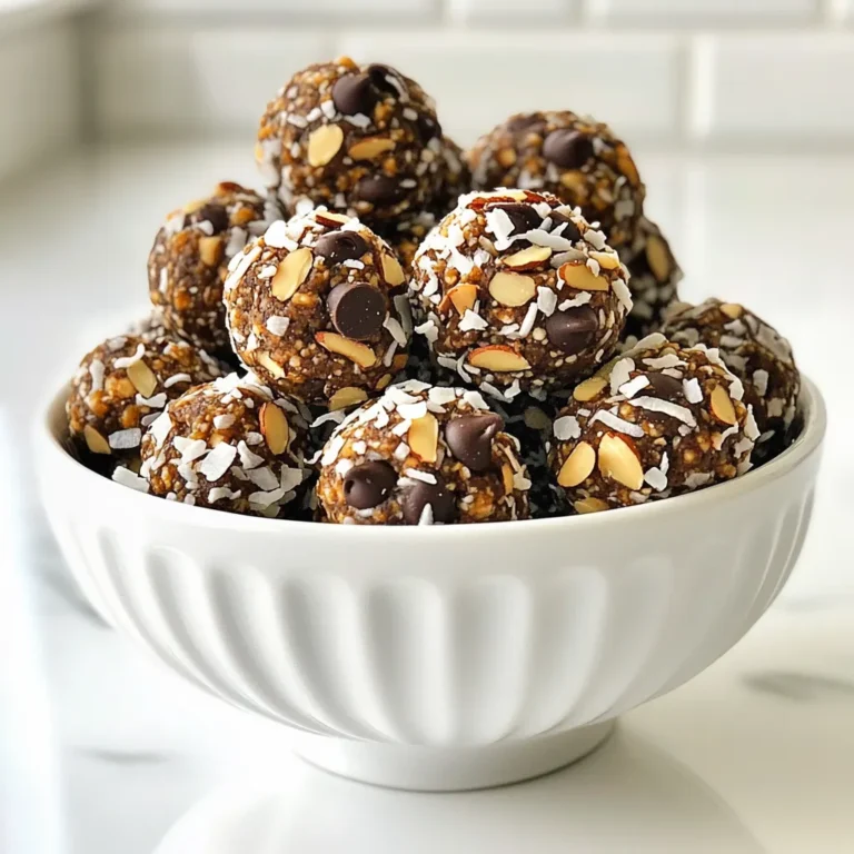 To make Almond Joy Energy Bites, you’ll need a few simple, tasty ingredients. These bites are packed with flavor and nutrition. Here’s what you need: - 1 cup rolled oats - 1/2 cup almond butter - 1/4 cup honey or maple syrup - 1/2 cup shredded unsweetened coconut - 1/2 cup dark chocolate chips (or cacao nibs for a healthier option) - 1/4 cup chopped almonds - 1 teaspoon vanilla extract - A pinch of sea salt These ingredients work together to create a delicious and satisfying snack. The rolled oats provide a hearty base. Almond butter adds richness and healthy fats. Honey or maple syrup gives a touch of sweetness. Shredded coconut adds a tropical texture. Dark chocolate chips bring that beloved chocolate flavor. Chopped almonds add crunch. Vanilla extract enhances all the flavors, and sea salt balances the sweetness. Feel free to mix and match or add your favorite ingredients. These bites are easy to customize. You can use peanut butter instead of almond butter or add in some chia seeds for extra nutrition. The options are endless! {{ingredient_image_1}} - Mixing the base ingredients: Start by taking a large mixing bowl. Add 1 cup of rolled oats, 1/2 cup of almond butter, 1/4 cup of honey or maple syrup, and 1 teaspoon of vanilla extract. Use a spoon to mix these ingredients well. You want them fully combined to form a sticky base. - Incorporating additional ingredients: Next, add 1/2 cup of shredded unsweetened coconut, 1/2 cup of dark chocolate chips, and 1/4 cup of chopped almonds. Also, add a pinch of sea salt. Stir everything together until you see all the ingredients mixed evenly. Each bite should have a little bit of everything! - Chilling the mixture for easy handling: Now, cover your bowl with plastic wrap or a lid. Place it in the fridge for about 20 to 30 minutes. This step is key. The chill makes the mixture firm and easier to handle. - Rolling the bites into balls: Once chilled, take the bowl out of the fridge. Use your hands to scoop small lumps of the mixture. Roll each scoop into a ball about 1 inch wide. This size makes them perfect for snacking! - Setting the energy bites: After you roll all the bites, place them on a baking sheet lined with parchment paper. Once they are all set, return the baking sheet to the fridge for another 15 minutes. This final chill helps firm them up even more. Now they are ready to eat! Enjoy your Almond Joy Energy Bites right away, or store them in an airtight container in the fridge. They will stay fresh for up to one week. - Adjusting sweetness to taste: You can change how sweet your bites are. Use more honey or maple syrup for a sweeter treat. If you prefer less sweetness, add less. Taste as you mix to find your perfect balance. - Choosing the right almond butter: Not all almond butters are the same. Some are creamy, while others are crunchy. I like smooth almond butter for a soft texture. If you want a bit of crunch, go for a chunky version. Just make sure it’s natural and free from added sugars. - Enhancing texture with additional mix-ins: Want more fun in your bites? Add ingredients like chia seeds or flaxseeds for crunch. You can also try dried fruit, like raisins or cranberries, for extra flavor and chewiness. Get creative with what you love! - Best way to store energy bites: To keep your bites fresh, place them in an airtight container. Store them in the fridge for up to a week. If you can’t eat them all at once, freeze some. They freeze well, so you can enjoy them later! Pro Tips Chill for Ease: Refrigerating the mixture before rolling helps the bites hold their shape better, making them easier to form. Sweetness Adjustment: Feel free to adjust the sweetness by varying the amount of honey or maple syrup according to your taste preference. Nut Variations: Experiment with different nuts or nut butters; cashew butter or hazelnuts can add unique flavors to your energy bites. Storage Tips: For longer shelf life, freeze the energy bites. They can last for up to three months in the freezer. {{image_2}} You can make Almond Joy Energy Bites even more fun by trying new flavors. Here are some ideas: - Different Nut Butters: Almond butter gives a great taste, but you can swap it for peanut butter or cashew butter. Both options add a unique twist to your bites. - Incorporating Superfoods: Want to boost the nutrition? Add chia seeds or flaxseeds. They pack a lot of fiber and healthy fats. - Making It Nut-Free: If you have nut allergies, don’t worry! Use sunflower seed butter or pumpkin seed butter instead. They work just as well! - Tropical Twist: For a taste of the tropics, mix in dried pineapple or mango pieces. Coconut is already in the recipe, so this makes it even more exotic. These variations keep things exciting. You can enjoy a new flavor each time you make these bites. Store Almond Joy Energy Bites in the fridge. They stay fresh for up to one week. Use an airtight container to keep them safe from moisture. If you want to keep them longer, freeze them. They can last for up to three months in the freezer. To freeze, place the bites in a single layer on a baking sheet. Once frozen, transfer them to a freezer bag. Remove as much air as you can before sealing. When you want to eat them, just thaw a few bites in the fridge overnight. Keep energy bites fresh by not mixing them with other foods. The coconut can absorb flavors from other items. If you notice any moisture, add a paper towel inside the container. This will help soak up excess moisture. Enjoy your tasty snacks anytime! How many calories are in Almond Joy Energy Bites? Each Almond Joy Energy Bite has about 100 calories. This can vary based on your ingredients. Can I make Almond Joy Energy Bites vegan? Yes, you can make them vegan. Just use maple syrup instead of honey. What can I use instead of honey or maple syrup? You can use agave nectar or brown rice syrup. Both work well and add sweetness. Are Almond Joy Energy Bites healthy? Yes! They have healthy fats from almond butter and fiber from oats. Enjoying them in moderation is key. Can I substitute chocolate chips with something else? Absolutely! You can use cacao nibs for a healthier choice. Chopped dark chocolate is also great. You now have all the tools to make Almond Joy Energy Bites at home. We covered the key ingredients, simple steps, and useful tips. You can customize your bites with fun add-ins and store them for later. Experimenting with flavors makes it exciting! These treats are easy to make, tasty, and healthy. Enjoy creating and sharing them with friends or family. Make your energy bites exactly how you like them!