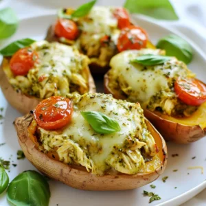 To make pesto chicken stuffed sweet potatoes, you will need the following ingredients: - 4 medium sweet potatoes - 2 cups cooked chicken, shredded - 1/2 cup basil pesto (store-bought or homemade) - 1/2 cup cherry tomatoes, halved - 1/2 cup mozzarella cheese, shredded - 1/4 cup grated Parmesan cheese - 2 tablespoons olive oil - Salt and pepper to taste - Fresh basil leaves, for garnish Each ingredient adds unique flavor and texture. Sweet potatoes give a sweet base. Cooked chicken adds protein and heartiness. Basil pesto brings rich, herby notes. Cherry tomatoes offer a burst of freshness. Mozzarella and Parmesan create a cheesy layer that melts beautifully. Olive oil helps with baking. Salt and pepper enhance all the flavors. Fresh basil adds a pop of color and taste. If you want to make this dish your own, try using different types of cheese or adding extra veggies to the mix. The key is to enjoy the process and make it fun! {{ingredient_image_1}} 1. Preheat your oven to 400°F (200°C). This temperature helps the sweet potatoes cook evenly. 2. Wash the sweet potatoes well under cold water. Prick them several times with a fork. This prevents them from bursting while baking. 3. Place the sweet potatoes on a baking sheet. Drizzle them with olive oil and sprinkle with salt. 4. Bake in the preheated oven for 45-60 minutes. They are done when tender and easily pierced with a fork. 1. In a medium bowl, combine the shredded chicken with the basil pesto and cherry tomatoes. 2. Season the mixture with salt and pepper to taste. Mix well to coat the chicken evenly. 1. Once the sweet potatoes are baked, remove them from the oven and let them cool slightly. 2. Carefully slice each sweet potato down the center. Create an opening for the filling. Use a fork to fluff the insides gently. 3. Spoon the pesto chicken mixture into the sweet potatoes. Pack it in generously for a hearty bite. 4. Top each stuffed sweet potato with shredded mozzarella and grated Parmesan cheese. 5. Return the stuffed sweet potatoes to the oven. Bake for an additional 10-15 minutes until the cheese is melted and bubbly. 6. Remove them from the oven and garnish with fresh basil leaves before serving. For great sweet potatoes, bake them at 400°F (200°C). This heat cooks them evenly. Bake for 45-60 minutes. The time depends on their size. To check if they are done, pierce them with a fork. If the fork goes in easily, they are ready. If not, give them more time. You can use any cooked chicken. Shredded chicken works best for stuffing. You can cook your own chicken or buy rotisserie chicken. Both options save time. If you want a healthier choice, use grilled chicken breast. It adds great taste without extra fat. To make these tasty, add fresh herbs like thyme or rosemary. They boost the flavor. You can also mix in spices like garlic powder or chili flakes for a kick. For extra fun, add toppings like sliced olives or crispy bacon bits. Fresh basil leaves on top add color and freshness. Try these ideas to make your dish stand out! Pro Tips Choosing Sweet Potatoes: Opt for medium-sized sweet potatoes for even cooking and easier stuffing. Homemade Pesto: If you have the time, try making your own pesto for a fresher flavor and control over ingredients. Cheese Variations: Experiment with different cheeses like feta or goat cheese for a unique twist on the flavor profile. Adding Greens: Incorporate spinach or arugula into the chicken mixture for added nutrition and a pop of color. {{image_2}} If you want to make this dish vegetarian, you have great options. - Use cooked quinoa or lentils instead of chicken. - Swap in sautéed mushrooms or spinach for extra flavor. - You can also try a cheese-only version. Just fill the sweet potatoes with mozzarella and ricotta. Pesto comes in many flavors. You can change up the taste easily. - Try sun-dried tomato pesto for a new twist. - A spicy arugula pesto adds a nice kick. - You can also mix in some olives or roasted red peppers for fun. This dish pairs well with many sides. Here are a few ideas: - Serve with a fresh green salad for a light meal. - Roasted vegetables make a nice side too. - For meal prep, you can make extra stuffed sweet potatoes. They taste great as leftovers! - Just reheat them in the oven for a quick meal. Store your leftover pesto chicken stuffed sweet potatoes in an airtight container. Place them in the fridge. They will stay fresh for about three to four days. When you are ready to eat, reheat them in the microwave or oven. For the microwave, heat on high for about 2-3 minutes. If using the oven, preheat to 350°F and bake for about 15 minutes. This keeps the sweet potatoes soft and the cheese melty. To freeze stuffed sweet potatoes, let them cool completely. Wrap each one tightly in plastic wrap or aluminum foil. Then, place them in a freezer bag and seal. They can stay frozen for up to three months. When you are ready to enjoy, take them out and let them thaw overnight in the fridge. Reheat them in the oven at 350°F for about 25-30 minutes or until heated through. This method keeps the flavors intact and the texture nice. You should bake the sweet potatoes for about 45 to 60 minutes. I like to check them by piercing with a fork. If they feel soft, they are done. The goal is to have them tender throughout. It’s best to use cooked chicken for this recipe. Cooked chicken mixes well with pesto and gets warm in the oven. If you use raw chicken, it needs more time to cook. This can lead to uneven filling. You can use a few different options if you don’t have pesto. Try sun-dried tomato spread or a simple garlic and olive oil mix. You could also use a fresh herb mix, like cilantro or parsley. Each will add a unique flavor. This recipe is already gluten-free! Just make sure to check that your pesto does not contain gluten. Many store-bought pestos are safe. If you make your own, use gluten-free ingredients. Yes, you can prepare these sweet potatoes ahead of time. Bake the sweet potatoes and store them in the fridge. When you are ready, stuff and bake them. This makes dinner quick and easy! Stuffed sweet potatoes are a tasty and easy dish. We covered the key ingredients, like chicken, pesto, and cheese. I shared step-by-step instructions and helpful tips to ensure perfect results. You also learned variations, storage methods, and answers to common questions. In summary, this dish is versatile and fun to make. You can customize it to fit your taste and needs. Enjoy your cooking journey with stuffed sweet potatoes!