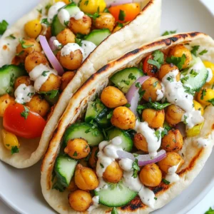 - 1 can (15 oz) chickpeas, drained and rinsed - 2 tablespoons olive oil - 1 tablespoon ground cumin - 1 tablespoon ground coriander - 1 teaspoon smoked paprika - 1 teaspoon garlic powder - ½ teaspoon cayenne pepper (adjust to taste) - Salt and black pepper to taste - 4 whole wheat pita breads - 1 cup diced cucumber - 1 cup diced tomatoes - ½ red onion, thinly sliced - 1 cup fresh parsley, chopped - ½ cup tahini sauce (store-bought or homemade) - Juice of 1 lemon Chickpeas form the heart of this dish. They soak up flavors well and add protein. Olive oil keeps them moist and helps spices stick. The spices give a warm and rich taste. Cumin and coriander bring a nice earthiness. Smoked paprika adds a hint of smoke. Garlic powder gives it depth, while cayenne adds a kick. You can adjust the cayenne to make it milder or spicier. Pita bread holds all the tasty fillings. Whole wheat pita adds fiber and nutrients. Fresh vegetables like cucumber and tomatoes bring crunch and freshness. Red onion adds a bit of zing. Parsley brightens the dish with its green color and fresh flavor. Lastly, tahini sauce ties everything together. It adds creaminess and a nutty taste, balanced nicely by lemon juice. - Fresh herbs and additional toppings - Suggested seasoning variations You can add fresh herbs like mint or dill for extra flavor. These herbs give a nice twist to the dish. Other toppings can include avocado, pickles, or olives. Each adds its own unique taste and texture. For seasoning, you might try adding turmeric or garam masala for a different flavor. Experimenting with spices can make each bite a new experience. {{ingredient_image_1}} First, you need to coat the chickpeas with spices. In a large bowl, toss 1 can of drained and rinsed chickpeas with 2 tablespoons of olive oil. Add 1 tablespoon of ground cumin, 1 tablespoon of ground coriander, 1 teaspoon of smoked paprika, 1 teaspoon of garlic powder, and ½ teaspoon of cayenne pepper. Don’t forget to add salt and black pepper to taste. Mix until the chickpeas are well coated. Next, preheat your oven to 400°F (200°C). This will help the chickpeas get crispy when roasting. Now it's time to roast the chickpeas. Spread the seasoned chickpeas on a baking sheet in a single layer. Make sure they are not crowded. This helps them cook evenly. For optimal crispiness, roast the chickpeas for about 20-25 minutes. Remember to shake the pan halfway through. This ensures they brown nicely. While the chickpeas roast, prepare the fillings. Chop 1 cup of cucumber and 1 cup of tomatoes. Slice ½ red onion thinly and chop 1 cup of fresh parsley. These fresh veggies will add crunch and flavor to your pita. In a small bowl, mix ½ cup of tahini sauce with the juice of 1 lemon. If the sauce is too thick, add a little water to thin it out. This creamy sauce ties all the flavors together. Once the chickpeas are done, remove them from the oven and let them cool slightly. To assemble the pita, cut a slit in the side of each of the 4 whole wheat pita breads to create a pocket. Fill each pita with a generous amount of roasted chickpeas. Then, add the diced cucumber, tomatoes, sliced red onion, and chopped parsley. Drizzle with the tahini sauce and add more lemon juice if you like. Your Chickpea Shawarma Pita is ready to enjoy! To get crispy chickpeas, follow these steps: - Even Crispiness: Make sure to spread the chickpeas in a single layer. This helps them cook evenly. Stir them halfway through roasting to ensure all sides get crispy. - Adjust Spice Levels: If you love heat, add more cayenne pepper. For a milder taste, reduce the amount. Always taste as you go! Presentation makes a big difference. Try these ideas: - Vibrant Dish: Serve the pitas on a wooden board. Add extra tahini sauce in a small bowl for drizzling. Garnish with lemon wedges and chopped parsley for color. - Pairing: A light salad or yogurt drink works well with the pitas. They balance the flavors nicely. To keep your Chickpea Shawarma Pitas fresh: - Best Practices: Store the filling in an airtight container in the fridge. Keep the pita bread separate to avoid sogginess. - Reheating: The chickpeas taste great reheated. Just pop them in the oven for a few minutes. Avoid reheating the pitas in the microwave, as they can become tough. Pro Tips Use Dried Chickpeas for Extra Flavor: If you have the time, soak and cook dried chickpeas instead of using canned. They have a firmer texture and deeper flavor. Customize the Spice Level: Adjust the cayenne pepper according to your preference for heat. You can also add other spices like turmeric or cumin for a unique twist. Make Ahead: You can roast the chickpeas and prepare the veggies ahead of time. Store them separately in the fridge for quick assembly during busy days. Experiment with Toppings: Feel free to add other toppings like avocado, feta cheese, or olives for added flavor and texture in your pita. {{image_2}} You can easily modify this recipe to fit different diets. For a vegan twist, it's already perfect since it uses chickpeas and veggies. To make it gluten-free, swap whole wheat pita for gluten-free wraps. You can also replace tahini with hummus for a creamy touch. If you want a nut-free option, try using sunflower seed butter as a tahini substitute. To change the flavor, try adding different spices. For a brighter taste, use turmeric or garam masala. If you want something spicier, add more cayenne pepper or even chili powder. You can also experiment with sauces. Instead of tahini, try tahini-free options like tzatziki or a yogurt sauce. This can add a cooling element to balance the spices. If you want a twist, serve the chickpea shawarma as a salad. Simply mix roasted chickpeas with diced veggies and tahini. For a fun bowl, layer chickpeas on brown rice or quinoa, topped with fresh herbs. You can also make wraps using lettuce instead of pita. This way, you get a crunchy and fresh bite in every mouthful. Chickpeas pack a lot of nutrition. They are high in protein, fiber, and essential vitamins. One cup of chickpeas gives you about 15 grams of protein. This helps build muscles and keep you full. They also have iron, which helps your blood carry oxygen. Whole wheat pita adds more fiber and nutrients. Fresh veggies like cucumbers and tomatoes add vitamins and minerals. They keep your body strong and healthy. Each serving of chickpea shawarma pita has around 350 calories. This is lower than traditional meat shawarma, which can have over 500 calories. You enjoy all the flavor without as many calories. The roasted chickpeas give a satisfying crunch while keeping it light. Chickpea shawarma pita is great for vegan and vegetarian diets. It has no meat but still tastes amazing. However, be aware of common allergens. Tahini can cause issues for some. If you have nut allergies, check the label. This dish is not only tasty but also safe for many diets. If you do not have tahini, you have options. You can use peanut butter or almond butter. These spreads offer a creamy texture and nutty flavor. You can also try yogurt for a tangy kick. For a homemade tahini, blend sesame seeds with a little oil. Aim for a smooth consistency. You can add lemon juice for extra flavor. Yes, you can use dried chickpeas. Start by soaking them overnight. This helps them soften. After soaking, rinse and boil them for about an hour. You may need to adjust your prep time. Dried chickpeas take longer to cook than canned ones. Plan for an extra hour or so. To store your Chickpea Shawarma Pitas, place them in an airtight container. Keep them in the fridge for up to three days. For reheating leftovers, use an oven or microwave. If using an oven, set it to 350°F (175°C). Heat until warm, about 10 minutes. This keeps the pita soft and the chickpeas crispy. In this post, we explored how to make delicious chickpea shawarma pitas. You learned about key ingredients like chickpeas, spices, and tahini sauce. I walked you through steps like prepping chickpeas, roasting them for crispiness, and assembling your pita. Remember, you can adjust flavors and toppings based on your taste. This dish is great for many diets, and you can store leftovers easily. Enjoy making your own healthy chickpea shawarma pitas!