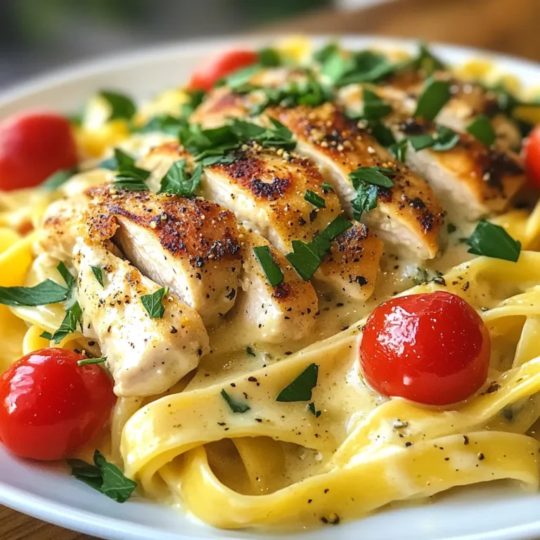 For this dish, you will need: - 2 boneless, skinless chicken breasts - 1 tablespoon Cajun seasoning - Salt and pepper, to taste - 2 tablespoons olive oil - 8 oz fettuccine pasta - 1 cup heavy cream - 1 cup grated Parmesan cheese - 3 cloves garlic, minced - 1 cup cherry tomatoes, halved - 1 cup spinach leaves - 2 tablespoons chopped fresh parsley (for garnish) These ingredients come together to create a rich and tasty meal. The Cajun seasoning gives the chicken a nice kick. Fresh spinach and tomatoes add color and flavor. To make your cooking easy, gather these tools: - Large pot for boiling pasta - Large skillet for cooking chicken and sauce - Cutting board for slicing chicken - Knife for chopping garlic and veggies - Measuring cups and spoons for accuracy These tools help you cook quickly and efficiently. A good knife makes chopping easy. A sturdy pot boils pasta well. Each serving of Creamy Cajun Chicken Alfredo has about: - Calories: 600 - Protein: 40g - Carbohydrates: 45g - Fat: 30g - Fiber: 3g This dish is filling and full of flavor. It offers a good balance of protein and carbs. The creamy sauce keeps you satisfied. If you want to make it lighter, consider using less cream. {{ingredient_image_1}} First, take your chicken breasts and season them well. Sprinkle Cajun seasoning, salt, and pepper over the chicken. Make sure to cover both sides evenly. This seasoning adds a bold flavor. Let the chicken sit for a few minutes. This step helps the spices stick better. Next, grab a large pot. Fill it with water and add a good amount of salt. Bring the water to a boil. Once it's boiling, add the fettuccine pasta. Cook it according to the package directions until it's al dente. This usually takes about 8 to 10 minutes. After cooking, save 1 cup of the pasta water. Then, drain the rest and set the pasta aside. Now, it's time to cook the chicken. In a large skillet, heat olive oil over medium-high heat. When the oil is hot, add the seasoned chicken breasts. Cook them for about 6 to 7 minutes on each side. The chicken should be golden and reach 165°F (75°C) inside. Once done, take the chicken out and let it rest. Slice it into strips after a few minutes. In the same skillet, lower the heat to medium. Add minced garlic and sauté it for about a minute. You want it to smell great, but don’t burn it. Pour in the heavy cream and let it simmer. Stir in the grated Parmesan cheese. Keep stirring until it melts and forms a smooth sauce. Add the drained fettuccine back into the skillet. Toss it with the creamy sauce. Next, add the halved cherry tomatoes and spinach leaves. Mix everything well. If the sauce is too thick, use the reserved pasta water to adjust it. Keep mixing until all is well combined. Finally, add the sliced chicken back to the skillet. Gently fold it in so that the chicken is well coated. Taste your dish and adjust the seasoning with more salt or pepper if needed. To serve, plate the Chicken Alfredo and sprinkle fresh parsley on top. This adds color and freshness to your dish. Enjoy your flavorful dinner! To cook chicken that is juicy and tender, start with even pieces. I recommend cutting the chicken breasts in half horizontally. This helps them cook faster and more evenly. Season the chicken well with Cajun seasoning, salt, and pepper. Heat the olive oil in your skillet until it's hot. Place the chicken in the pan and cook for 6-7 minutes on each side. Use a meat thermometer to check if the chicken reaches 165°F (75°C). Let it rest before slicing for better moisture. For a creamy and smooth sauce, use heavy cream. Start by sautéing garlic in the same skillet after the chicken. This adds depth to your sauce. Pour in the heavy cream and let it simmer gently. Stir in the Parmesan cheese until it melts. If the sauce is too thick, add a little of the reserved pasta water. This will help you reach the perfect consistency. Remember, you want it creamy but not watery. To make your dish pop, add fresh parsley on top before serving. This not only looks nice but adds a fresh taste. You can also sprinkle extra Parmesan cheese for more flavor. Consider adding a few slices of cherry tomatoes on top for color. If you like a bit of heat, a pinch of crushed red pepper flakes can add a nice kick. Enjoy your meal with a side of garlic bread! Pro Tips Perfectly Cooked Chicken: Use a meat thermometer to ensure your chicken reaches an internal temperature of 165°F (75°C) for safe consumption. Choose the Right Pasta: Fettuccine is traditional for Alfredo, but you can use any pasta shape you prefer, such as penne or linguine, for a different twist. Customizing Spice Levels: Adjust the amount of Cajun seasoning based on your spice tolerance. Start with a smaller amount and add more if desired. Ensure Creaminess: For a creamier sauce, reserve more pasta water to gradually add until you reach your preferred consistency. {{image_2}} To make a vegetarian version, swap chicken for hearty veggies. You can use mushrooms, bell peppers, and zucchini. Prepare them the same way. Season with Cajun spices to keep the flavor. This dish still tastes creamy and rich with the same sauce. For those who love heat, add more Cajun seasoning. You might also try crushed red pepper flakes. Another option is to add diced jalapeños for a fresh kick. Adjust the spice level to fit your taste. This keeps your meal exciting with every bite. If you need to avoid dairy, use almond milk or coconut cream. This keeps the dish creamy without the dairy. For gluten-free options, use gluten-free fettuccine or spiralized veggies. These swaps maintain the dish's charm while meeting your dietary needs. To keep your Creamy Cajun Chicken Alfredo fresh, place it in an airtight container. Make sure to let it cool first. Store it in the fridge for up to three days. If you want to keep it longer, freezing is a better option. Just remember, the sauce may change a little. When you're ready to enjoy leftovers, reheat them gently. You can use a microwave or a skillet. If using the microwave, heat in short bursts. Stir in between to avoid hot spots. If using a skillet, add a splash of cream or water. This helps bring back the creaminess. To freeze your dish, cool it completely first. Then, transfer it to a freezer-safe container. It can last up to three months in the freezer. When ready to eat, thaw it overnight in the fridge. Reheat as mentioned above. This way, you can enjoy a tasty meal anytime! You can pair Creamy Cajun Chicken Alfredo with several tasty sides. A fresh Caesar salad works well. Garlic bread adds a nice crunch and flavor. Roasted veggies, like broccoli or asparagus, bring color and nutrients. You might also enjoy a light soup, such as tomato basil, to start your meal. Yes, you can use other pasta types. Penne or rotini can work great in this dish. If you prefer whole grain or gluten-free pasta, those options also fit well. Just make sure to adjust cooking times based on the pasta you choose. To make Creamy Cajun Chicken Alfredo dairy-free, swap heavy cream with coconut milk or almond milk. Use dairy-free cheese instead of Parmesan. This keeps the creaminess while still making it tasty. Always check labels for allergens when buying substitutes. To reheat leftovers, use a skillet over low heat. Add a splash of water or broth to keep it moist. Stir gently to warm evenly. You can also use the microwave, but cover the dish to prevent drying out. Heat in short bursts, stirring in between. This blog post covered how to make Creamy Cajun Chicken Alfredo. We explored the main ingredients and tools you'll need. I shared clear, step-by-step instructions to prepare the dish. Helpful tips enhance your cooking skills, and many variations cater to different tastes and diets. Finally, I provided storage and reheating advice for leftovers. With these details, you can create a delicious meal easily. Enjoy cooking and experimenting with flavors!
