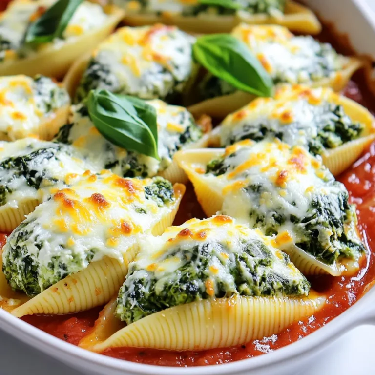 - 12 jumbo pasta shells - 2 cups fresh spinach, chopped - 1 cup ricotta cheese - 1 cup mozzarella cheese, shredded - 1/2 cup Parmesan cheese, grated - 1 large egg - 1 teaspoon garlic powder - 1 teaspoon onion powder - 1/2 teaspoon salt - 1/4 teaspoon black pepper - 2 cups marinara sauce - Fresh basil leaves for garnish For this dish, I use 12 jumbo pasta shells. You can change the number based on how many you need. If you want more filling, feel free to double the recipe. The fresh spinach adds great flavor. You can use frozen spinach too, but make sure to drain it well. I love using ricotta for its creamy texture. For a twist, try goat cheese instead. It gives a tangy flavor. Mozzarella is great for melting, but you can use provolone or fontina cheese. Parmesan adds a nice salty crunch on top. Mix and match to find your favorite combo! Start by boiling a large pot of salted water. Once the water bubbles, add 12 jumbo pasta shells. Cook them according to the package instructions until they are al dente. Be careful not to overcook them. After cooking, drain the shells and let them cool for a bit. In a big mixing bowl, combine 2 cups of chopped spinach with 1 cup of ricotta cheese. Add half of the 1 cup of shredded mozzarella cheese and 1/2 cup of grated Parmesan cheese. Next, crack in 1 large egg. Sprinkle in 1 teaspoon of garlic powder, 1 teaspoon of onion powder, 1/2 teaspoon of salt, and 1/4 teaspoon of black pepper. Mix everything well until smooth and creamy. Now, preheat your oven to 375°F (190°C). Grab a spoon or piping bag and fill each cooked pasta shell with the spinach and cheese mixture. Be generous but careful not to overfill. Take a baking dish and spread 1 cup of marinara sauce evenly on the bottom. Place the stuffed shells in a single layer over the sauce. Pour the rest of the marinara sauce on top and sprinkle the remaining mozzarella cheese over everything. Cover the dish with aluminum foil and bake in your preheated oven for 25 minutes. After this time, remove the foil. Bake for an additional 10 minutes until the cheese is bubbly and slightly golden. Once done, let the dish cool for a few minutes. Garnish with fresh basil leaves before serving. Enjoy your meal! To keep your pasta shells from sticking, use plenty of water. Add a good amount of salt to the water before boiling. Stir the shells gently while cooking. This helps them float and not stick together. After draining, rinse the shells with cold water. This cools them down and stops the cooking. When filling the shells, use a spoon or a piping bag. A piping bag makes it easier and cleaner. Fill each shell generously but don’t overstuff. Leave a little space at the top to avoid spills. Doing this helps the shells hold their shape during baking. Want to add more flavor? Consider mixing in some sautéed mushrooms or sun-dried tomatoes. You can also use herbs like thyme or oregano for extra taste. Try adding a pinch of red pepper flakes for some heat. These small changes can transform the dish into something special. {{image_2}} For those who crave meat, adding cooked ground beef or sausage makes these shells richer. You can mix the meat with the spinach and cheese filling. This twist creates a hearty meal that satisfies any meat lover. For best results, use about one cup of cooked meat mixed into the filling. To make this dish vegan, swap the ricotta and mozzarella for plant-based cheese. Tofu is a great choice for ricotta. Blend it with nutritional yeast for a cheesy flavor. For mozzarella, use a vegan cheese that melts well. Don't forget to add extra spices for flavor. This version is just as creamy and satisfying. If you need gluten-free shells, look for brands that offer gluten-free pasta. Corn or rice-based shells work well. Just be sure to check the package for cooking times. You can use the same filling and sauce for a delicious gluten-free meal. Everyone at the table can enjoy these tasty shells. After enjoying your cheesy spinach stuffed shells, let them cool. Transfer the leftovers to an airtight container. This keeps them fresh for up to three days in the fridge. If you have more, consider dividing them into smaller portions for easy meals later. When you're ready to eat again, preheat your oven to 350°F (175°C). Place the shells in an oven-safe dish. Add a splash of marinara sauce to keep them moist. Cover with foil to trap the heat. Bake for about 20 minutes, or until heated through. You can also use the microwave. Heat in short bursts, stirring in between, until warm. If you want to store them longer, freezing is a great option. Place the cooled stuffed shells in a freezer-safe container. They can last for up to three months in the freezer. To thaw, move them to the fridge overnight. You can reheat them directly from frozen too. Just add a few extra minutes to the baking time. Yes, you can! If you want to switch things up, use other pasta shapes. Consider using cannelloni or even manicotti. These options can hold the filling just as well. Each shape brings a unique twist to the dish. Absolutely! You can prepare the shells a day in advance. Just stuff them and cover them well. Store them in the fridge. When you're ready, pour the sauce on top and bake. This makes dinner prep quick and easy. These stuffed shells pair well with many sides. A fresh garden salad adds crunch and color. Garlic bread is a great choice for soaking up sauce. You can also serve steamed veggies for a healthy touch. Enjoy your meal with family! This post shared how to make tasty Cheesy Spinach Stuffed Shells. You learned about the right ingredients and measurements, and we explored cheese options. I provided step-by-step instructions to cook the pasta and prepare the filling. Helpful tips helped you avoid sticking shells and enhance flavors. You also discovered fun variations for meat lovers, vegans, and gluten-free diets. Finally, I covered storage and reheating tips. Cooking can be easy and fun. Enjoy your stuffed shells today!