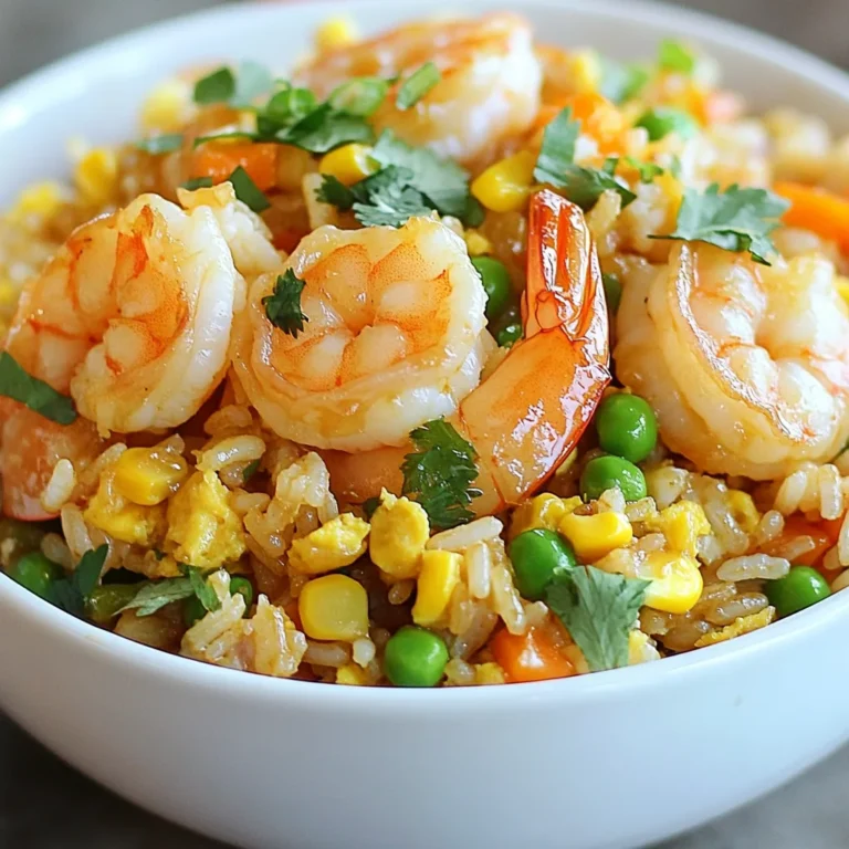 - 1 cup uncooked jasmine rice - 1 lb fresh shrimp, peeled and deveined - 2 tablespoons honey - 3 cloves garlic, minced - 2 tablespoons soy sauce - 1 tablespoon sesame oil - 1 cup mixed vegetables (peas, carrots, corn) - 2 green onions, chopped - 2 eggs, lightly beaten - Salt and pepper to taste - Fresh cilantro or parsley for garnish (optional) To make honey garlic shrimp fried rice, you need to gather a few key ingredients. Start with jasmine rice, as it gives a nice texture. You will need fresh shrimp, peeled and deveined, for the protein. Honey and garlic are essential for that sweet and savory flavor. For the sauce, soy sauce and sesame oil will enhance the taste. Mixed vegetables like peas, carrots, and corn add color and nutrition. Eggs bring richness and protein, while salt and pepper balance the dish. Finally, you can use fresh herbs like cilantro or parsley as a garnish. These ingredients come together to create a delightful meal that is quick and tasty! {{ingredient_image_1}} Start with rinsing the jasmine rice. Place it in a fine-mesh strainer and run cold water over it. This helps remove excess starch. Keep rinsing until the water runs clear. Next, in a pot, combine 1 cup of rinsed rice with 2 cups of water. Bring this mixture to a boil over high heat. Once it boils, reduce the heat to low. Cover the pot and let it simmer for about 15 minutes. The water should absorb fully. After 15 minutes, take the pot off the heat. Use a fork to fluff the rice gently. Set the rice aside while you prepare the other ingredients. Now, it's time for the shrimp. In a skillet or wok, heat 1 tablespoon of sesame oil over medium heat. Add 3 cloves of minced garlic to the pan. Sauté the garlic for 1-2 minutes until you smell its great aroma. Make sure not to burn it. Next, add 1 pound of peeled and deveined shrimp to the skillet. Cook the shrimp for about 3-4 minutes. They should turn pink and opaque. Once the shrimp are cooked, pour in 2 tablespoons of honey and 2 tablespoons of soy sauce. Stir well to coat the shrimp evenly. Let it cook for another 1-2 minutes, then remove the shrimp from the pan and set them aside. In the same skillet, add 1 cup of mixed vegetables. You can use peas, carrots, and corn. Sauté the vegetables for about 3-4 minutes until they become tender. Now, push the vegetables to one side of the skillet. Pour 2 lightly beaten eggs into the empty side. Scramble the eggs gently until they are fully cooked. Once done, mix the scrambled eggs with the sautéed vegetables. Finally, add the cooked jasmine rice to the skillet. Stir everything together well. Then, incorporate the honey garlic shrimp back into the mixture. Season with salt and pepper to taste. Don’t forget to sprinkle in 2 chopped green onions for added flavor. Mix all the ingredients until everything is combined. Serve the dish hot, and if you’d like, garnish with fresh cilantro or parsley. Enjoy your delicious honey garlic shrimp fried rice! Jasmine rice is my top choice for this dish. It has a lovely aroma and a soft texture. This rice absorbs flavors well. You can also try long-grain rice or basmati rice. They can work well too, but they may change the taste slightly. To cook shrimp evenly, use a large skillet or wok. Make sure shrimp are in a single layer. This helps them cook through. I often test one shrimp to see if it's ready. It should be pink and firm. To make shrimp tender, avoid overcooking them. Cook just until they turn opaque, about three to four minutes. Adjust the sweetness by adding more or less honey. If you like it sweeter, add a little more. For saltiness, soy sauce does the trick. Taste as you go! Adding spices can boost flavor too. Try a pinch of red pepper flakes or a dash of ginger. They add a nice kick to the dish. Pro Tips Rinse the Rice: Rinsing jasmine rice under cold water before cooking helps remove excess starch, resulting in a fluffier texture. Don’t Overcook the Shrimp: Shrimp cook quickly, so keep an eye on them. Overcooking can make them tough and rubbery. Use Fresh Vegetables: Fresh or frozen mixed vegetables work great. If using frozen, thaw them beforehand for best results. Customize Your Dish: Feel free to add other proteins or vegetables to the fried rice, such as chicken, beef, or bell peppers, for more variety. {{image_2}} You can switch the shrimp for chicken or tofu. If you use chicken, cut it into small pieces. Cook it until it is no longer pink. For tofu, use firm or extra-firm. Cut it into cubes and sauté until golden. Both options taste great with honey and garlic. For a vegetarian meal, consider using only vegetables. You can add more mixed vegetables or even try chickpeas for extra protein. This way, you keep the dish filling and healthy. Swap out the mixed veggies based on what you have. Seasonal vegetables work best. Try bell peppers, zucchini, or broccoli when they are fresh. You can also add leafy greens like spinach or kale. They cook quickly and add nutrition. Fresh herbs can bring extra flavor. Try adding cilantro or basil at the end. They brighten the dish and make it taste fresh. Just chop them fine and sprinkle on top before serving. Want to enhance the taste? Add sauces or spices. You can try chili sauce for heat or hoisin sauce for sweetness. A sprinkle of sesame seeds adds crunch and flavor too. Experiment with different oils. Use olive oil or coconut oil for a new taste. Each oil can change the dish's flavor profile. Don't be afraid to mix and match! To store your honey garlic shrimp fried rice, place it in an airtight container. This helps keep it fresh. Make sure it cools down to room temperature before sealing. You can keep it in the fridge for up to 3 days. If you want it to last longer, consider freezing it instead. Freezing honey garlic shrimp fried rice is simple. First, let the dish cool completely. Then, transfer it into freezer-safe bags or containers. Remove as much air as possible to avoid freezer burn. You can freeze it for up to 3 months. When you're ready to eat, thaw the rice in the fridge overnight. To reheat, use a microwave or a skillet. If using a skillet, add a splash of water to keep it moist. Heat until warm, stirring occasionally to ensure even cooking. Enjoy your meal! If you can't eat shrimp, you have options. You can use chicken, tofu, or even fish. Chicken works well when diced into small pieces. Just cook it until it's no longer pink. Tofu is great for a vegetarian choice. Use firm tofu and cube it before cooking. Fish like salmon or cod can also be a tasty swap. Just make sure to adjust cooking times as needed. Yes, you can prep this dish ahead. Cook the rice and shrimp, then store them separately. Keep the rice in an airtight container in the fridge. It will stay fresh for up to three days. You can also sauté the veggies and eggs ahead of time. When ready to eat, just combine everything in a pan and heat through. Making honey garlic sauce is simple! You need just three ingredients: honey, minced garlic, and soy sauce. Mix two tablespoons of honey with three minced garlic cloves. Add two tablespoons of soy sauce, and stir well. Heat this mixture in a pan for a few minutes. This will create a rich, sticky sauce that adds flavor to many dishes. This article guides you through making honey garlic shrimp fried rice. You learned about the key ingredients, step-by-step cooking methods, and helpful tips. I shared how to choose the right rice and perfect the shrimp. You can even explore variations and storage tips. Cooking is fun and gives you room to experiment. I hope you feel ready to try this dish. Enjoy the flavors and the satisfaction of making it yourself!