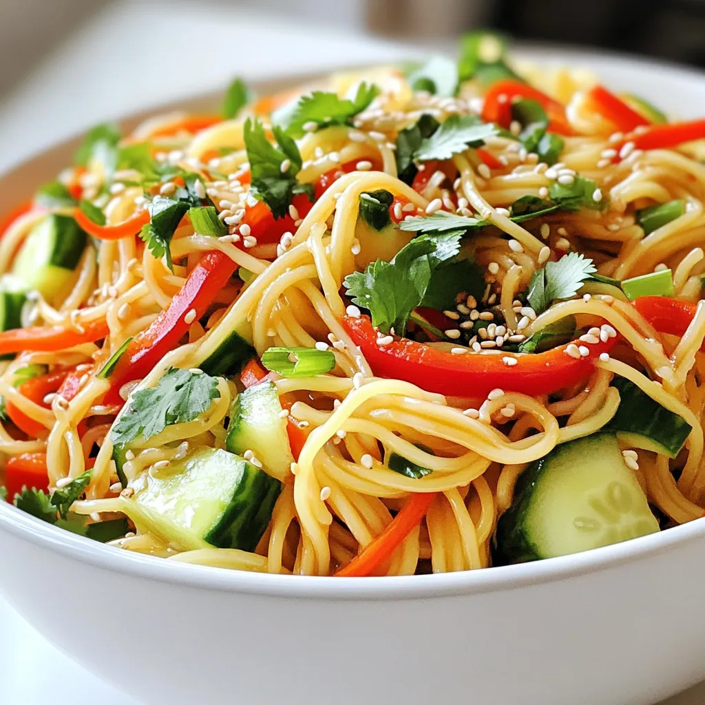 - 200g rice noodles - 1 red bell pepper, thinly sliced - 1 cucumber, julienned - 1 carrot, grated - 4 green onions, sliced - 1/4 cup fresh cilantro, chopped - 1/4 cup sesame seeds (lightly toasted) - 3 tablespoons soy sauce - 2 tablespoons sesame oil - 1 tablespoon rice vinegar - 1 tablespoon sriracha or chili paste - 1 tablespoon honey or maple syrup - Salt and pepper to taste I love how each ingredient adds flavor and crunch to the salad. The rice noodles serve as a soft base. They soak up the dressing well. Red bell pepper brings sweetness and color. Cucumber adds a refreshing crunch. Grated carrot gives a nice texture. Green onions add a mild onion flavor. Fresh cilantro adds brightness. Lightly toasted sesame seeds give a nutty finish. For the dressing, I mix soy sauce, sesame oil, and rice vinegar for umami. Sriracha or chili paste brings heat, while honey or maple syrup adds sweetness. I season with salt and pepper to round it out. This mix of ingredients makes my Spicy Sesame Noodle Salad tasty and vibrant. {{ingredient_image_1}} First, boil a pot of water. Add 200g of rice noodles. Cook until they are tender but still a bit firm, about 5-7 minutes. Drain the noodles and rinse them under cold water. This stops the cooking process and helps keep them from sticking. While the noodles cook, slice the red bell pepper thinly. Julienne the cucumber into thin strips. Grate the carrot and slice the green onions. Place all the chopped veggies into a large mixing bowl. In another bowl, whisk together 3 tablespoons of soy sauce, 2 tablespoons of sesame oil, 1 tablespoon of rice vinegar, 1 tablespoon of sriracha, and 1 tablespoon of honey. Mix until it is smooth. Taste the dressing. If you want more spice, add more sriracha. Now, add the cooled noodles to the bowl with the vegetables. Pour the dressing over the top. Toss everything gently until well combined. Make sure the noodles and veggies are evenly coated with the dressing. Next, sprinkle 1/4 cup of toasted sesame seeds and 1/4 cup of chopped cilantro on top. Gently toss once more to mix. Season with salt and pepper to taste. For the best flavor, refrigerate the salad for about 30 minutes before serving. This allows the flavors to meld nicely. Enjoy your refreshing Spicy Sesame Noodle Salad! To achieve perfect noodles, cook them al dente. This means they should be soft but still firm. You want a nice bite when you chew. After cooking, rinse the noodles under cold water. This stops the cooking process and keeps them from getting mushy. If you like it spicy, add more sriracha. If you prefer milder flavors, use less. Taste the dressing before you mix it in. You can also change the sweetener. Substitute honey with maple syrup for a vegan option. Both will add a nice touch to the salad. Make your dish look great with garnishes. Sprinkle sesame seeds on top for crunch. Add lime wedges on the side for a fresh pop of flavor. Serve the salad in individual bowls or a large platter. This makes it feel special and inviting. Pro Tips Use Fresh Ingredients: Fresh vegetables not only enhance the flavor but also add vibrant colors to your salad. Adjust Spice Level: Feel free to adjust the amount of sriracha or chili paste according to your heat preference. Chill for Flavor: Allowing the salad to chill in the fridge enhances the flavors as they meld together. Toast Your Sesame Seeds: Lightly toasting the sesame seeds elevates their flavor, adding a nice crunch to your salad. {{image_2}} You can change the veggies in your Spicy Sesame Noodle Salad. Adding bell peppers gives a sweet crunch. Snap peas add freshness, while edamame boosts protein. You could also use shredded cabbage or dark greens for extra nutrients and color. If you want to add protein, grilled chicken or shrimp works great. For a plant-based twist, try tofu. It absorbs flavors well and keeps the dish light. You can also skip meat altogether for a healthy vegetarian or vegan meal. Not a fan of rice noodles? You have options! You can use gluten-free noodles made from rice or quinoa. Whole grain noodles are another healthy choice. Both options keep the dish tasty while meeting your dietary needs. To keep your Spicy Sesame Noodle Salad fresh, place leftovers in an airtight container. Store it in the fridge right after serving. This method helps keep the flavors vibrant. Make sure to use the salad within three days for the best taste. You can freeze this salad, but with some care. First, separate the noodles and veggies from the dressing. Place the noodles and veggies in a freezer-safe bag or container. This keeps them fresh for up to one month. When you want to eat, thaw them overnight in the fridge. Once thawed, add fresh dressing to revive the flavors. In the fridge, your salad lasts about three days. After that, it may lose its taste and texture. Watch for signs of spoilage, like a sour smell or slimy noodles. If you see these signs, it’s best to toss the salad. Enjoy your fresh and spicy dish while it’s at its best! Yes, you can make this salad ahead of time. To store it, keep the noodles and veggies separate from the dressing. This helps keep everything fresh. When you are ready to eat, mix them together. If you want to store it, place it in an airtight container in the fridge for up to three days. Just remember, the flavors will get stronger as it sits. If you can’t find rice noodles, don’t worry. You can use other noodles too. Try soba noodles or whole wheat spaghetti for a twist. For a gluten-free option, look for gluten-free pasta made from rice or quinoa. Each option gives a unique taste and texture to the salad. Yes, the salad can be gluten-free. Just use gluten-free soy sauce or tamari instead of regular soy sauce. Check the noodles too. Many rice noodles are gluten-free, but always read the label. This way, you can enjoy the salad worry-free. The sriracha adds a good kick to the dressing. If you want less heat, use less sriracha. You can also swap it with a mild sauce or skip it entirely for a non-spicy version. For those who love spice, feel free to add more sriracha to your taste. Absolutely! This salad is great for using what you have. Try adding bell peppers, snap peas, or shredded cabbage. Carrots add crunch, but you can also use radishes or zucchini. Seasonal veggies work well too, so feel free to mix it up based on your favorites! This blog post guides you through making a tasty Spicy Sesame Noodle Salad. You learned about the key ingredients, easy steps, and smart tips for preparation and storage. Feel free to adjust the spice level or add your favorite veggies and proteins. This salad is not only flavorful but also versatile. Experiment with it and make it your own. Enjoy the refreshing crunch and deliciousness each bite brings. Your kitchen can be a place of fun and tasty creations!