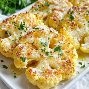 To make these tasty garlic Parmesan roasted cauliflower steaks, gather these main ingredients: - 1 large head of cauliflower, cut into 1-inch thick steaks - 3 tablespoons olive oil - 4 cloves garlic, minced - 1 teaspoon dried oregano - 1 teaspoon smoked paprika - ½ teaspoon salt - ½ teaspoon black pepper - ½ cup grated Parmesan cheese These ingredients work together to create a flavor-packed dish. The cauliflower provides a tasty base, while garlic, Parmesan, and spices add depth. You can add a few optional garnishes to enhance the dish. Consider using: - Fresh parsley, chopped - Lemon wedges for a zesty touch These garnishes not only look nice but also boost the taste. Having the right tools makes cooking easier. For this recipe, I recommend: - A sharp knife for cutting the cauliflower - A cutting board for safety - A whisk for mixing the garlic oil - A baking sheet lined with parchment paper - A brush for applying the garlic oil These utensils help you prepare and cook the cauliflower steaks with ease and precision. {{ingredient_image_1}} Start by cutting your large head of cauliflower into 1-inch thick steaks. This thickness helps them cook evenly. Make sure each steak holds its shape. If they break, you can still roast the pieces. Lay the steaks flat on a cutting board. In a small bowl, combine three tablespoons of olive oil with four minced garlic cloves. Add one teaspoon of dried oregano and one teaspoon of smoked paprika. Then, mix in half a teaspoon each of salt and black pepper. Stir until everything blends well. This mixture brings out great flavors in the cauliflower. Preheat your oven to 425°F (220°C) and line a baking sheet with parchment paper. Place the cauliflower steaks on the sheet. Brush them with the garlic oil mixture on both sides. Roast for about 20 minutes. Flip the steaks halfway through for even cooking. After flipping, sprinkle half a cup of grated Parmesan on each steak. Return them to the oven for five more minutes. The cheese should melt and bubble nicely. When done, take them out and let them cool for a couple of minutes. Garnish with chopped parsley before serving. Enjoy your delicious garlic Parmesan roasted cauliflower steaks! To cut cauliflower steaks, start with a large head. Remove the leaves and stem. Place the head flat on your cutting board. Cut 1-inch thick slices. Keep the core intact to hold the steaks together. This method gives you nice, thick steaks that roast well. Roasting at 425°F (220°C) is key for great texture. The high heat helps brown the edges. Flip the steaks halfway through cooking for even roasting. You want a golden color and a tender bite. If they are too soft, reduce the cooking time next time. Add more flavor by mixing in spices. Try chili flakes for heat or lemon zest for brightness. Fresh herbs like thyme or rosemary work well too. You can also swap the Parmesan for nutritional yeast for a vegan touch. Feel free to get creative! Pro Tips Choose the Right Cauliflower: Select a head of cauliflower that is firm and heavy for its size, with tightly packed florets and no brown spots for the best flavor and texture. Even Thickness: When cutting the cauliflower into steaks, try to keep the thickness uniform at about 1 inch to ensure even cooking and browning. Parmesan Variations: Experiment with different cheeses such as pecorino or a dairy-free alternative if you're looking for a twist on the classic flavor. Serving Suggestions: Serve the roasted cauliflower steaks on a bed of greens or alongside a dip like tahini or hummus for a delicious and healthy meal. {{image_2}} You can easily make this dish vegan. Just leave out the Parmesan cheese. Instead, add nutritional yeast for a cheesy flavor. It gives a nice, nutty taste. Use the same garlic oil mix. Brush it on your cauliflower steaks. Roast them as usual. You'll still enjoy a tasty meal. Want a kick? Add some heat! Mix red pepper flakes into the garlic oil. You can adjust the amount to your taste. Brush the spicy mix on the cauliflower. Roast the steaks until they are golden. The heat blends well with the cheese and garlic. This version will excite your taste buds! If you want to try something different, use other cheeses. Vegan cheese works well too. Feta or goat cheese can add a tangy twist. You can also try cheddar for a sharper taste. Just sprinkle your choice of cheese on top before roasting. Get creative and find your favorite! To keep leftover cauliflower steaks fresh, let them cool first. Place them in an airtight container. Store them in the fridge for up to three days. This way, you can enjoy the flavors later. To reheat your cauliflower steaks, preheat your oven to 350°F (175°C). Place the steaks on a baking sheet. Heat them for about 10-15 minutes. This will restore their crispy edges. You can also use a microwave. Just heat them for 1-2 minutes, but they may lose some crispiness. If you want to freeze your cauliflower steaks, it’s best to do so before cooking. Cut and brush them with the garlic oil mixture. Place them on a baking sheet and freeze until solid. Once frozen, transfer them to a freezer bag. They will keep for up to three months. When ready to cook, roast from frozen, adding a few extra minutes to the cooking time. Yes, you can make garlic Parmesan roasted cauliflower steaks ahead of time. Prep the cauliflower steaks and store them in the fridge. Keep them in an airtight container for up to 24 hours. When you're ready, roast them as directed. This saves time on busy days. It also helps the flavors meld together. Garlic Parmesan cauliflower steaks pair well with many dishes. Here are some great options: - Grilled chicken - Baked fish - Quinoa salad - Roasted potatoes - Pasta with marinara These sides bring out the flavors of the cauliflower. They also add variety to your meal. Absolutely! Fresh garlic works great in this recipe. Just chop it finely to release the flavor. You can use one clove of fresh garlic for every clove of minced garlic. Fresh garlic gives a bold taste to the dish. It may also turn a bit sweeter when roasted. Garlic Parmesan roasted cauliflower steaks are a tasty and flexible dish. In this post, I shared main ingredients, step-by-step instructions, and helpful tips. You can even mix things up with variations like a vegan version or spice it up. Remember, storing leftovers is easy, and reheating them keeps the flavor strong. Enjoy making this dish, and feel free to experiment with your own twist! With practice, you will create delicious meals that impress everyone at your table.