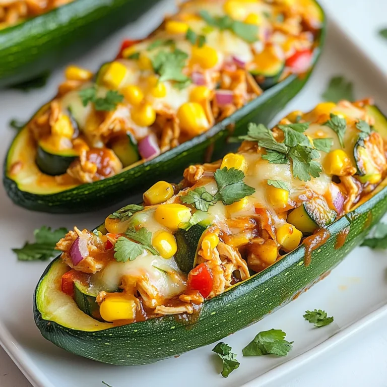 To make BBQ Chicken Stuffed Zucchini, you'll need some simple ingredients. Here’s the list: - 4 medium zucchinis - 1 cup cooked chicken, shredded - 1 cup BBQ sauce - 1 cup corn kernels - 1/2 cup red bell pepper, diced - 1/2 cup red onion, diced - 1 cup shredded cheese - 1 teaspoon garlic powder - 1 teaspoon smoked paprika - Salt and pepper to taste - Fresh cilantro or green onions for garnishing Each ingredient plays a key role. The zucchinis act as the perfect boats for the filling. The cooked chicken provides protein and pairs well with BBQ sauce. Corn adds sweetness, while the bell pepper and onion give crunch and flavor. The cheese on top melts beautifully, creating a creamy finish. Garlic powder and smoked paprika boost the taste, while salt and pepper round it all out. Finally, fresh herbs add a pop of color and freshness. Gather all these ingredients before you start. It makes cooking easier and more fun! {{ingredient_image_1}} - Preheating the Oven: Start by preheating your oven to 375°F (190°C). This step is key for even cooking. - Preparing the Zucchini Boats: Take four medium zucchinis and cut them in half lengthwise. Use a spoon to scoop out the center flesh. This creates little boats to hold your filling. Set the scooped-out flesh aside for later use. - Mixing the BBQ Chicken Filling: In a large bowl, combine 1 cup of shredded chicken with 1 cup of your favorite BBQ sauce. Add 1 cup of corn, 1/2 cup of diced red bell pepper, 1/2 cup of diced red onion, and the zucchini flesh you set aside. Stir in 1 teaspoon of garlic powder and 1 teaspoon of smoked paprika. Season this mixture with salt and pepper to taste. - Assembling the Stuffed Zucchini: Place the zucchini boats in a baking dish. Spoon the BBQ chicken mixture into each boat. Pack it in slightly to make sure it holds. - Baking Process: Top each stuffed zucchini with 1 cup of shredded cheese. Cover the dish loosely with aluminum foil to keep moisture in. Bake in the preheated oven for 25 minutes. Then, remove the foil and bake for an additional 10-15 minutes. The cheese should melt and bubble, and the zucchini should become tender. - Garnishing and Serving Suggestions: Once out of the oven, let the stuffed zucchinis cool for a few minutes. Before serving, garnish with fresh cilantro or green onions for a burst of color and flavor. How to Avoid Overcooking Zucchini Overcooked zucchini becomes mushy. To avoid this, cook it just until tender. When you bake the stuffed zucchini, check often. The zucchini should still hold its shape. You can also try parboiling them for a few minutes. This helps soften the zucchini before baking. Choosing the Right Cheese for Topping Cheese can make or break your dish. I love using cheddar or mozzarella. Cheddar gives a nice sharp flavor. Mozzarella melts beautifully and adds creaminess. You can mix both for a tasty topping. Just sprinkle a generous layer over the stuffed boats before baking. Additional Spices and Seasonings Want to kick up the flavor? Consider adding a pinch of cayenne pepper for heat. You can also stir in some cumin for a warm taste. Fresh herbs like basil or parsley add freshness. Mix them into your BBQ chicken filling for extra zing. Recommended BBQ Sauce Varieties Your choice of BBQ sauce matters. A smoky sauce adds depth. Try a sweet barbecue sauce for a nice balance. For a spicy kick, go for a hot sauce blend. Each option will give your dish a unique taste. So, choose one that you love! Pro Tips Choose the Right Zucchini: Look for zucchinis that are firm and vibrant in color. Smaller zucchinis are usually sweeter and have fewer seeds, making them ideal for stuffing. Customize Your Filling: Feel free to add other ingredients like black beans, jalapeños, or different vegetables based on your preference to make the dish more flavorful. Optimal Cheese Choice: Using a mix of cheeses can enhance the flavor. Combine cheddar with mozzarella for a delicious gooey topping that melts beautifully. Don’t Overbake: Keep an eye on the zucchinis towards the end of baking. Overcooking can lead to mushy zucchini, so aim for a tender but still firm texture. {{image_2}} You can change the protein in BBQ chicken stuffed zucchini. Try using ground turkey instead of chicken. It gives a nice flavor and keeps it light. For a plant-based option, use tofu. Just crumble it and mix it with your BBQ sauce. It will soak up all the tasty flavors. If you want a vegetarian version, skip the meat altogether. Use black beans or lentils for protein. They add a great texture. You can also add mushrooms for extra flavor. Just chop them finely and mix them in with the other veggies. Pair these stuffed zucchinis with a fresh salad. A simple green salad with a light dressing works well. You can also serve them with crusty bread for a hearty meal. If you want to use them as appetizers, cut the zucchinis into smaller pieces. They make great finger food for gatherings. Serve them with a dipping sauce on the side. You can also serve them as a main dish. They are filling and packed with flavor. Top them with fresh cilantro or green onions for a pop of color. Enjoy your BBQ chicken stuffed zucchini any way you like! To store your BBQ chicken stuffed zucchini, first let them cool. Place them in an airtight container. Use parchment paper to separate layers if stacking. This keeps them fresh. The shelf life of leftovers is about 3 to 5 days in the fridge. Be sure to check for any signs of spoilage before eating. If they look or smell off, it's best to toss them. For reheating, the best method is to use the oven. Preheat it to 350°F (175°C). Place the stuffed zucchini on a baking sheet. Cover them with foil to keep them moist. Heat for about 15-20 minutes. You can also use a microwave for quick reheating. Place one or two zucchini halves on a microwave-safe plate. Heat for about 1-2 minutes, but keep an eye on them. If you want to freeze your stuffed zucchini, wrap them tightly in plastic wrap. Then, place them in a freezer-safe bag. They can last for up to 3 months in the freezer. When ready to eat, thaw overnight in the fridge before reheating. No, using raw chicken is not safe here. Cooked chicken keeps the dish safe to eat. Raw chicken needs longer cooking time. This may leave zucchinis too soft. Always use cooked chicken for best results. You can use gluten-free BBQ sauce. Make sure the sauce has no wheat or gluten. Check labels for hidden gluten. Most other ingredients are already gluten-free. This makes it easy to adapt. You can use diced mushrooms, spinach, or squash. Carrots or celery also add great flavor. Feel free to mix and match your favorites. Just chop them small so they cook well. Zucchinis are done when they are tender. You can test this with a fork. The cheese should be melted and bubbly. If the zucchini feels soft but not mushy, it's ready to eat. Stuffed zucchini boats offer a tasty and healthy meal option. We covered ingredients, steps, and variations to make this dish your own. Don’t hesitate to try different proteins or spices for unique flavor. Store leftovers correctly for fresh meals later. These boats can impress at dinner or serve as tasty appetizers. With a bit of prep, you’ll enjoy a fun-filled cooking experience. Dive into this recipe and let your kitchen creativity shine!