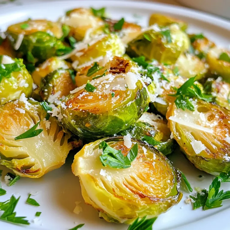 - 1 lb Brussels sprouts, halved - 3 tablespoons olive oil - 4 cloves garlic, minced - 1/2 cup grated Parmesan cheese - 1 teaspoon salt - 1/2 teaspoon black pepper - 1/2 teaspoon red pepper flakes (optional) - Fresh parsley, chopped (for garnish) When you cook Garlic Parmesan Air Fryer Brussels sprouts, you need fresh, tasty ingredients. Start with one pound of Brussels sprouts. Halve them for even cooking. Next, grab three tablespoons of olive oil. This oil helps the sprouts get nice and crispy. Garlic is key! You will need four cloves, minced well. This adds flavor that you can't miss. For a cheesy finish, use half a cup of grated Parmesan cheese. The cheese sticks to the sprouts and gives a savory taste. Don't forget your spices! You will need one teaspoon of salt and half a teaspoon of black pepper. If you like some heat, add half a teaspoon of red pepper flakes. Lastly, chop fresh parsley to make your dish look bright and fresh. Each serving of Garlic Parmesan Air Fryer Brussels sprouts contains about 150 calories. You get around 10 grams of fat, mostly from the olive oil. There are about 6 grams of carbs and 5 grams of protein. This dish has vitamins A, C, and K, making it a healthy choice too. {{ingredient_image_1}} To start, you need to prep your Brussels sprouts. Take 1 pound of Brussels sprouts and wash them well. Then, slice each one in half. This helps them cook evenly. Next, preheat your air fryer to 375°F (190°C). This step is key for getting that perfect crisp. In a large bowl, combine your halved Brussels sprouts with 3 tablespoons of olive oil, 4 cloves of minced garlic, 1 teaspoon of salt, 1/2 teaspoon of black pepper, and 1/2 teaspoon of red pepper flakes if you like some heat. Toss everything well until the sprouts are coated. Then, add 1/2 cup of grated Parmesan cheese. Toss again to spread the cheese evenly over the sprouts. Now it's time to cook! Place the seasoned Brussels sprouts in the air fryer basket in a single layer. This allows hot air to circulate and cook them well. If your air fryer is small, you may need to do this in batches. Air fry the Brussels sprouts for about 12 to 15 minutes. Make sure to shake the basket halfway through. This step helps them cook evenly and get golden brown. Once done, remove them and garnish with chopped fresh parsley. Enjoy your tasty dish! To get crispy Garlic Parmesan Brussels sprouts, follow these steps: - Cut the Brussels sprouts in half. This helps them cook fast and get crisp. - Toss them well in olive oil and seasonings. This ensures even flavor. - Cook in batches. This prevents overcrowding and helps them crisp up nicely. - Shake the basket halfway through cooking. This helps them cook evenly. Overcrowding the air fryer can lead to soggy sprouts. Give them space to breathe! You can serve these Brussels sprouts as a side dish. They pair well with: - Roasted chicken or fish - Grilled steak or pork chops - A fresh garden salad For dips, try serving with: - A creamy ranch dressing - A tangy balsamic glaze - A zesty garlic aioli Want to mix it up? Here are some ideas: - Use different cheeses like feta or cheddar for a new twist. - Add herbs like thyme or rosemary for an extra flavor boost. - If you want more protein, toss in cooked bacon or grilled chicken. These will make your meal more filling. Feel free to get creative with your flavors! Pro Tips Choose Fresh Brussels Sprouts: Look for firm, bright green Brussels sprouts without any yellowing or blemishes for the best flavor and texture. Don’t Overcrowd the Basket: For even cooking and crispiness, arrange the Brussels sprouts in a single layer and cook in batches if necessary. Adjust the Garlic to Taste: Feel free to add more or less garlic depending on your preference; roasting intensifies its flavor. Experiment with Cheese: While Parmesan is classic, try mixing in other cheeses like Asiago or Pecorino for a unique twist. {{image_2}} Parmesan cheese is a classic choice for these Brussels sprouts. You can swap it out for other cheeses too. - Feta cheese adds a tangy flavor. It crumbles well and pairs nicely. - Cheddar cheese brings a rich taste. It melts beautifully and adds creaminess. Mixing cheeses can create fun flavors. Experiment to find your favorite blend. Adding extra flavor makes your dish unique. Here are some great options: - Fresh herbs like thyme or rosemary enhance the taste. They bring a fresh pop. - Spices such as paprika or cumin can add warmth. A little can go a long way. For something crunchy, try these: - Bacon bits add a savory crunch. They also give a smoky flavor. - Nuts like walnuts or almonds provide texture. They add a nice bite to each bite. If you don't have an air fryer, try these methods: - Oven-roasting is simple. Preheat the oven to 400°F (200°C). Spread the sprouts on a baking sheet for 20-25 minutes. They will get golden and crispy. - Stovetop sautéing is fast. Heat olive oil in a pan. Add the Brussels sprouts and cook until tender, about 10-12 minutes. Stir often for even cooking. These methods offer variety while keeping the sprouts delicious. To keep your Garlic Parmesan air fryer Brussels sprouts fresh, follow these steps: - Place the cooled Brussels sprouts in an airtight container. - Store in the fridge for up to 3 days. - Avoid stacking too many layers to keep them crisp. To enjoy your leftovers, you can reheat them easily. Here are the best methods: - Air Fryer: Preheat your air fryer to 375°F (190°C). Add the sprouts and heat for about 5 minutes. - Oven: Preheat to 350°F (175°C). Spread sprouts on a baking sheet and heat for 10-15 minutes. - Microwave: Place sprouts on a microwave-safe plate and cover. Heat for 1-2 minutes, checking often. You can freeze cooked Brussels sprouts, but texture may change. Here’s what to do: - Cool the sprouts completely before freezing. - Place them in a freezer-safe bag, removing as much air as possible. - For best results, use within 2-3 months. - To thaw, place in the fridge overnight or reheat directly from frozen in the air fryer. It takes about 12 to 15 minutes to cook Brussels sprouts in an air fryer at 375°F (190°C). This time ensures they become tender and crispy. Remember to shake the basket halfway through to help them cook evenly. Yes, you can use frozen Brussels sprouts. However, they may not get as crispy as fresh ones. If using frozen, cook them for a few extra minutes. Be sure to thaw them and pat them dry to remove excess moisture. If you need a dairy-free option, try nutritional yeast for a cheesy flavor. Vegan cheese can work, but check for melting properties. Crumbled feta or goat cheese are great for non-vegan options that add a nice twist. Brussels sprouts are done when they are golden brown and tender. You can pierce them with a fork to check for softness. If they have a nice crisp on the outside, you’ve nailed it! This blog post has covered how to make Garlic Parmesan Brussels sprouts in an air fryer. We discussed the ingredients, preparation, cooking steps, and tips for best results. Remember to avoid overcrowding the fryer for perfect crispiness. You can customize this dish with different cheeses or herbs for more flavor. Enjoy this easy, tasty side dish with your favorite meals. Great cooking starts with quality ingredients and good methods. Happy cooking!