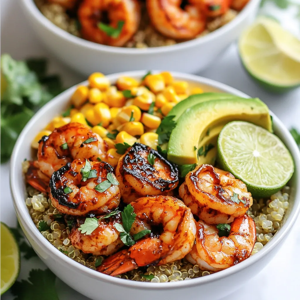 - 1 lb shrimp, peeled and deveined - 2 tablespoons olive oil - 2 tablespoons chipotle sauce (or 1-2 chipotle peppers in adobo, minced) - Juice of 2 limes - 2 cups quinoa (or rice) - 1 cup corn (fresh, canned, or frozen) - 1 cup black beans, rinsed and drained - 1 ripe avocado, diced - 1 cup cherry tomatoes, halved - Fresh cilantro, chopped, for garnish The main ingredients in this dish bring a mix of flavors and textures. Shrimp adds a tender protein, while quinoa or rice gives a nice base. Corn and black beans add sweetness and heartiness. The avocado adds creaminess, and cherry tomatoes bring freshness. - 1 teaspoon garlic powder - 1 teaspoon cumin - Salt and pepper to taste - Fresh lime juice The spices and seasonings elevate the dish. Garlic powder and cumin add warmth. Lime juice adds brightness and a zesty kick. Balancing these flavors is key for an enjoyable meal. - Lime wedges for serving - Additional cilantro for garnish Garnishes make your bowl look appealing. Lime wedges add a burst of flavor. Extra cilantro enhances freshness and color. These simple touches can make a big difference in presentation and taste. {{ingredient_image_1}} First, you need to marinate the shrimp. In a mixing bowl, combine 1 pound of peeled shrimp with 2 tablespoons of olive oil, 2 tablespoons of chipotle sauce, the juice of 2 limes, 1 teaspoon of garlic powder, 1 teaspoon of cumin, salt, and pepper. Toss everything until the shrimp are well coated. Let them marinate for 15 to 20 minutes. This step adds great flavor to the shrimp. While the shrimp is marinating, you can cook the quinoa or rice. Start by boiling 4 cups of water in a medium saucepan. Once boiling, add 2 cups of quinoa or rice with a pinch of salt. Cover the pan and reduce the heat to low. Cook according to the package instructions—about 15 minutes for quinoa and 20 minutes for rice. This will provide a nice base for your bowl. Next, heat a skillet over medium-high heat. Add the marinated shrimp to the hot skillet. Cook them for about 2 to 3 minutes on each side until they turn pink and opaque. Be careful not to overcook them. Overcooked shrimp can become rubbery and tough. Remove them from heat as soon as they look perfect. While the shrimp cooks, it's time to warm the corn and black beans. In a small saucepan, add 1 cup of corn and 1 cup of rinsed black beans. Heat them over low heat, stirring occasionally until warmed through. This should take about 5 minutes. Warming these ingredients makes them more enjoyable in the bowl. Now, let’s layer the ingredients in the bowl. Start with the cooked quinoa or rice at the bottom. Next, add a generous portion of black beans and corn. Top this with the chipotle lime shrimp, diced avocado, and halved cherry tomatoes. This colorful layering makes your bowl look great and appetizing. For the final touch, sprinkle fresh cilantro over the top of the bowl. Add lime wedges on the side for an extra zesty kick. This not only adds flavor but also enhances the presentation. Serve your Chipotle Lime Shrimp Bowls warm and enjoy the burst of flavors! To make the shrimp shine, marinate them for 15 to 20 minutes. This time lets the flavors soak in well. If you marinate longer, the shrimp might get tough. When cooking, aim for 2 to 3 minutes on each side. The shrimp should turn pink and opaque. Be careful not to overcook them, or they will become rubbery. You can use either quinoa or rice in this dish. Quinoa has a nutty taste and a slightly chewy texture. Rice is soft and fluffy, which some may prefer. Quinoa packs more protein and fiber, making it a healthier choice. It also cooks faster than rice. Choose what fits your taste and health goals. Want more heat? Add sliced jalapeños or a dash of hot sauce. You can also mix in fresh herbs like cilantro or parsley. For a twist, try using lemon or orange juice instead of lime. These changes can make the dish more exciting and unique. Experiment to find your favorite flavor combo! Pro Tips Marination Matters: Ensure the shrimp are marinated for at least 15-20 minutes to absorb the flavors fully. Don’t Overcook Shrimp: Cook the shrimp just until they turn pink and opaque to maintain their juicy texture. Customize Your Grains: Feel free to use brown rice or cauliflower rice as a healthier alternative to quinoa or white rice. Fresh Ingredients Make a Difference: Use fresh herbs and ripe avocados for the best flavor and texture in your bowls. {{image_2}} For a tasty twist, try using chicken instead of shrimp. Dice the chicken and marinate it just like you would with shrimp. Cook it in the skillet until it reaches a safe internal temperature of 165°F. You can also use firm tofu for a plant-based option. Press the tofu to remove excess water, then cube and marinate. Sauté it in the skillet until golden. If you prefer seafood, consider scallops or fish like tilapia. Adjust cooking times based on the protein you choose. To make a vegetarian or vegan version, skip the shrimp. Replace it with hearty ingredients like chickpeas or jackfruit. For a similar texture, use marinated and grilled eggplant. You can also use tempeh for added protein. These substitutes pick up flavors well and keep the dish filling. Just remember to season them well. Boost the nutrition and flavor by adding extra veggies. Bell peppers, zucchini, or even spinach work great. Just chop them up and sauté them with the shrimp or cook them separately. Seasonal vegetables like asparagus in spring or butternut squash in fall can also enhance your bowl. They add color and crunch, making your meal more vibrant. Try to mix in whatever veggies you have on hand for a unique taste! To store leftovers, place them in an airtight container. Make sure to cool the food to room temperature first. Store in the fridge for up to three days. After that, the shrimp may lose flavor and texture. You can freeze the shrimp bowls either assembled or disassembled. If you freeze them assembled, leave out the avocado and cilantro. For disassembled bowls, pack the shrimp, grains, and veggies separately. Wrap tightly in freezer-safe bags or containers. Use within three months for the best taste. When you're ready to eat, thaw your bowl in the fridge overnight. If you need it faster, you can run cold water over the sealed bag. For reheating, the best method is to use a skillet over medium heat. This keeps the shrimp juicy and the grains warm. Stir gently to avoid overcooking. If using a microwave, cover the bowl with a damp paper towel. Heat in short bursts, stirring in between, until warm. This helps keep the shrimp from getting rubbery. You can marinate shrimp for 15 to 20 minutes. This time lets the flavors mix well. Do not marinate shrimp for longer than 30 minutes. The acid from the lime juice can change the shrimp's texture. Yes, you can use frozen shrimp. First, thaw them in the fridge overnight. If you need them fast, run them under cold water. Make sure to pat them dry before marinating. This helps the shrimp soak up flavors better. You can use sriracha or harissa as a chipotle sauce substitute. Both add heat but have different flavors. Sriracha is a bit sweeter, while harissa offers a smoky taste. Adjust the amount based on your spice level. Yes, this recipe is gluten-free. Quinoa and rice do not contain gluten. Just check any canned beans or sauces for gluten. Most black beans are safe, but it’s good to read labels. To add more heat, you can use extra chipotle sauce. Adding diced jalapeños is another great choice. For an extra kick, sprinkle some cayenne pepper over the shrimp before cooking. Enjoy your spicy bowl! This article covers everything you need to know about making shrimp bowls. We explored main ingredients like shrimp, quinoa, and spices that bring flavor. I shared easy steps from preparing shrimp to assembling your bowl, plus handy tips to perfect your dish. You can adapt the recipe with different proteins or veggies, and I discussed storage for leftovers. Now, it's your turn to create your own delicious version. Enjoy this healthy meal with family and friends!
