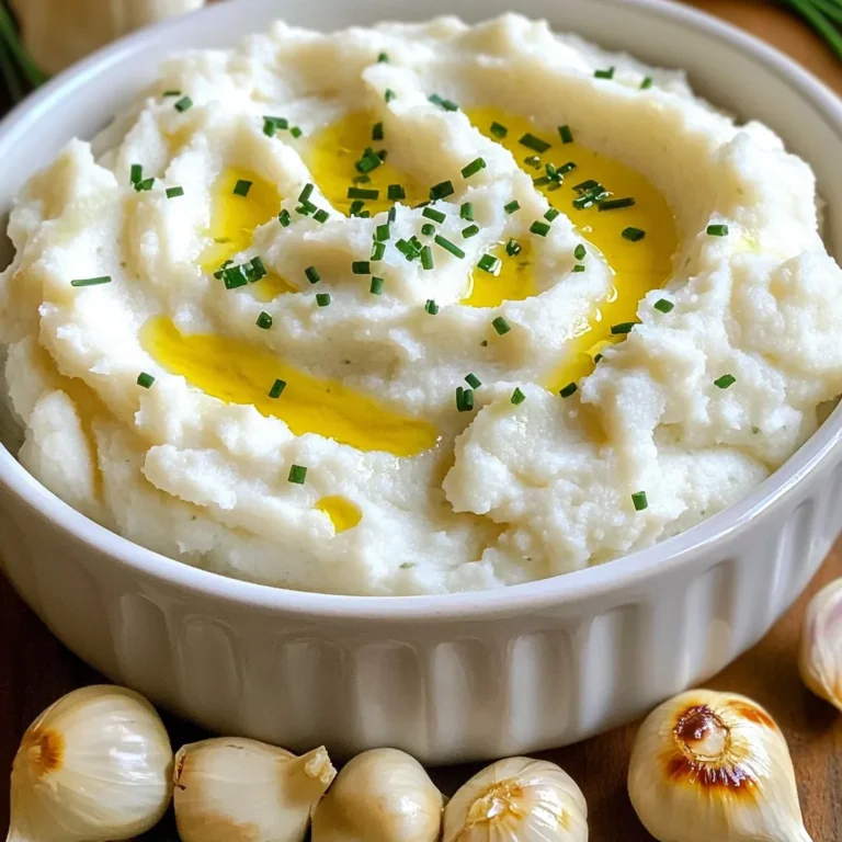 - 1 large head cauliflower, chopped into florets - 5 cloves garlic, unpeeled - 2 tablespoons olive oil - 2 tablespoons nutritional yeast for a cheesy flavor - 1/4 cup unsweetened almond milk or any milk of your choice - 1 tablespoon fresh thyme leaves or 1 teaspoon dried thyme - Salt and freshly ground black pepper to taste - 1 tablespoon butter, vegan or regular - Chopped chives for garnish (optional) Gather these ingredients to make your roasted garlic cauliflower mash. The main ingredients bring a great base. Cauliflower is the star here, and it gives a nice, creamy texture. Garlic adds rich flavor. Olive oil helps with roasting and adds a bit of a nice taste. You can choose optional ingredients to add more depth. Nutritional yeast gives a cheesy flavor without dairy. Almond milk makes the mash creamy. Fresh herbs like thyme add a touch of brightness. For seasoning, salt and pepper make the flavors pop. A bit of butter adds richness. Chives are perfect for a fresh garnish at the end. With these ingredients, you will create a mash that is creamy and full of flavor. - Preheat your oven to 400°F (200°C). - Take your large head of cauliflower and chop it into florets. - Grab 5 cloves of garlic, keeping them unpeeled. - Place the florets and whole garlic cloves on a baking sheet. - Drizzle the mixture with 2 tablespoons of olive oil. - Sprinkle salt and pepper to taste. - Toss everything to coat well. - Roast in the oven for about 25-30 minutes. - Check that the cauliflower is tender and slightly golden. - Stir the mixture halfway through cooking to ensure even roasting. - Once roasted, take the baking sheet out of the oven. - Let it cool a bit, then squeeze the garlic from their skins. - In a large mixing bowl, combine the roasted cauliflower and garlic. - Add in 1/4 cup of unsweetened almond milk, 2 tablespoons of nutritional yeast, and thyme. - Toss in 1 tablespoon of butter for extra creaminess. - Using an immersion blender or potato masher, blend until smooth or chunky. - Taste it and adjust the seasoning with more salt and pepper if needed. - Serve warm, and top with chopped chives for a fresh touch. To get even cooking, cut the cauliflower into similar-sized florets. This way, they all cook at the same rate. Spread them out on a baking sheet. Make sure they are not crowded. Stir the florets halfway through roasting. This helps them brown nicely. For the best garlic flavor, roast the garlic whole and unpeeled. Roasting brings out its sweet taste. When you squeeze the roasted garlic from its skin, it will be soft and flavorful. This adds depth to your mash. Do you prefer smooth or chunky mash? Use an immersion blender for a smooth texture. If you want a chunkier mash, a potato masher works great. You can mix it until it is just right for you. If the mash is too thick, add more milk. Start with a little at a time. Stir well and check the texture. This helps you find the perfect creaminess. Don’t be afraid to experiment! Try adding herbs like rosemary or parsley. Spices like paprika can give it a kick. You can mix and match to find your favorite flavors. For garnishes, chopped chives add a nice touch. They give a fresh taste and look great on top. You can also sprinkle some extra thyme for a pop of color and flavor. {{image_2}} You can easily change the flavor of your roasted garlic cauliflower mash. Adding spices brings new life to the dish. Try mixing in paprika for a smoky taste or cumin for warmth. Both spices enhance the mash without overpowering it. You can also add greens. Incorporating vegetables like spinach or kale adds color and nutrients. Just mix them in when blending the mash. If you need dairy-free options, use almond milk or any plant-based milk. This keeps it creamy without dairy. For a cheesy flavor, add nutritional yeast. It adds richness without any dairy. Also, this dish is gluten-free. All the main ingredients are safe for those with gluten issues. This mash pairs well with proteins like chicken or fish. It also complements roasted veggies or salads. If you have leftovers, get creative. Use the mash as a base for veggie bowls or a topping for baked potatoes. It can easily spice up your meals for the week. After enjoying your roasted garlic cauliflower mash, store any leftovers in an airtight container. Keep it in the fridge. This helps keep your mash fresh and tasty. It lasts about 3 to 5 days in the fridge. If you see any signs of spoilage, throw it away. To freeze your mash, let it cool first. Then, scoop it into freezer bags. Remove as much air as you can before sealing. This helps prevent freezer burn. It keeps well for about 2 to 3 months. When you want to use it, thaw it in the fridge overnight. To maintain texture, avoid using a microwave for thawing. Let it sit in the fridge instead. This slow thaw helps keep it creamy. You can reheat your cauliflower mash in a few ways. The microwave is fast. Pour the mash into a bowl and cover it. Heat in short bursts, stirring in between. This helps heat it evenly. You can also use the stovetop. Place the mash in a pot over low heat. Stir often to prevent sticking. Add a splash of almond milk or water if it seems dry. This keeps it smooth and creamy. Yes, you can use frozen cauliflower. Frozen cauliflower saves time. It's already washed and cut. This can cut your prep time in half. However, it may have more water. This extra water can make your mash watery. To avoid this, drain it well after cooking. Fresh cauliflower gives a better texture and flavor. To make it vegan, swap out the butter and milk. Use vegan butter instead of regular butter. For milk, unsweetened almond milk works great. You could also try oat or soy milk. These substitutes keep the creamy texture. They still let the garlic shine through. Roasted garlic cauliflower mash is lower in carbs. Cauliflower has fewer calories than potatoes. It's also high in fiber and vitamins. Flavor-wise, the garlic adds a rich taste. Cauliflower has a unique, nutty flavor too. This mash is lighter and can be a great side dish. This blog post shared a simple way to make roasted garlic cauliflower mash. We explored its key ingredients, like cauliflower, garlic, and olive oil. You learned step-by-step instructions to prepare, roast, and blend your mash. Useful tips helped improve your cooking technique and flavor. We even explored variations and storage methods. This dish is not only tasty but also flexible for any dietary needs. Enjoy this nutritious alternative to traditional mashed potatoes. Your culinary skills will impress anyone at the table.