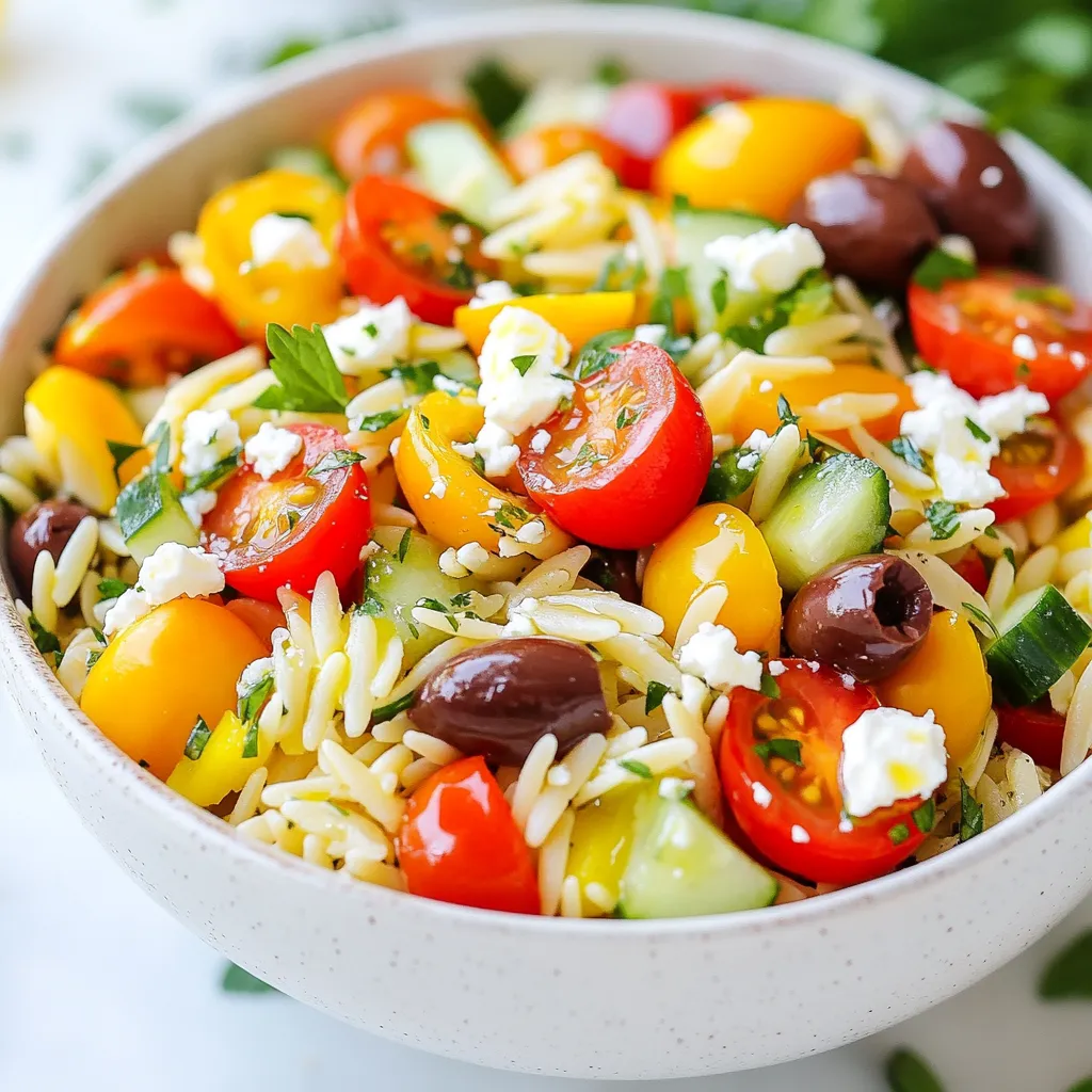 - 1 cup orzo pasta - 1 cup cherry tomatoes, halved - 1 cucumber, diced - 1/2 red onion, finely chopped - 1/2 bell pepper, diced (red or yellow for sweetness) - 1/2 cup Kalamata olives, pitted and halved - 1 cup feta cheese, crumbled - 1/4 cup fresh parsley, chopped - 1/4 cup fresh mint, chopped - 1/4 cup olive oil - 2 tablespoons lemon juice - 1 teaspoon dried oregano - Salt and pepper to taste You can swap orzo with quinoa or pasta of your choice. Cherry tomatoes can change to diced tomatoes for a different taste. If you like it spicy, add a chopped jalapeño or some crushed red pepper. For a lighter option, use low-fat feta or omit it altogether. If you prefer, you can replace Kalamata olives with green olives for a milder flavor. Fresh ingredients make this salad shine. The taste of ripe cherry tomatoes brings sweetness, while crunchy cucumbers add texture. Fresh herbs like parsley and mint give a bright flavor. Always choose the freshest veggies and herbs you can find. They boost the salad’s taste and make it delightful. Using fresh ingredients helps you enjoy a meal that is not only tasty but also healthy. {{ingredient_image_1}} Start by boiling a large pot of salted water. Once the water bubbles, add 1 cup of orzo pasta. Cook for about 8-10 minutes until the pasta is al dente. Stir it a few times while cooking. After cooking, drain the orzo in a colander. Rinse it under cold water to stop it from cooking further. Let it drain well. In a large mixing bowl, add 1 cup of halved cherry tomatoes, 1 diced cucumber, 1/2 finely chopped red onion, and 1/2 diced bell pepper. You can use red or yellow bell pepper for a touch of sweetness. Then, add 1/2 cup of pitted and halved Kalamata olives. Stir the vegetables together until they are well mixed. In a smaller bowl, whisk together 1/4 cup of olive oil, 2 tablespoons of lemon juice, and 1 teaspoon of dried oregano. Add salt and pepper to taste. Mix it well until the oil and lemon juice blend together smoothly. Add the cooled orzo to the bowl with the vegetables. Crumble in 1 cup of feta cheese, and add 1/4 cup of chopped fresh parsley and 1/4 cup of chopped fresh mint. Drizzle your dressing over the whole mixture. Gently toss everything together to coat the ingredients evenly with the dressing. Before serving, taste the salad. If it needs more flavor, add extra salt and pepper. Let the salad sit for at least 15 minutes. This waiting time allows the flavors to mix well. Enjoy your bright and fresh Greek Orzo Salad! To cook orzo perfectly, start with lots of water. Use a big pot to keep the pasta from sticking. Add salt to the boiling water; this helps flavor the pasta. Cook it for 8 to 10 minutes until tender but firm. After cooking, drain the orzo right away. Rinse it under cold water to stop cooking. This keeps the orzo from getting mushy. Fresh herbs give your Greek Orzo Salad a bright taste. I love using parsley and mint. They add freshness and a bit of crunch. Chop them finely and mix them in just before serving. You can also use dried oregano for a warm, earthy flavor. If you want a twist, try basil or dill. These herbs boost flavor without overpowering the dish. Presentation matters! Serve the salad in a colorful bowl for a fun look. Sprinkle extra feta on top for a creamy touch. Add a few olives and cherry tomatoes for color. This salad is great as a side dish or a light meal. Pair it with grilled chicken or fish for a complete dinner. Enjoy it chilled or at room temperature for the best taste. Pro Tips Use Fresh Herbs: Fresh parsley and mint add vibrant flavors to your salad. Always opt for fresh herbs over dried for the best taste and aroma. Chill Before Serving: Allowing the salad to sit for at least 15 minutes before serving helps the flavors meld together beautifully, enhancing the overall taste. Customize Your Veggies: Feel free to swap in seasonal vegetables like bell peppers or zucchini to give your salad a unique twist based on what's fresh and available. Perfect Feta Crumble: For a creamier texture, use block feta and crumble it by hand instead of pre-crumbled feta, which can be drier and less flavorful. {{image_2}} You can make your Greek Orzo Salad even better with extra ingredients. Try adding: - 1/2 cup roasted red peppers, diced - 1 cup artichoke hearts, quartered - 1/4 cup capers, rinsed - 1/2 cup cooked chickpeas for protein - Fresh spinach or arugula for greens These add flavor and texture. Each addition will create a new twist on the classic salad. If you want a vegan version, leave out the feta cheese. Instead, use tofu or avocado for creaminess. Nutritional yeast gives a cheesy flavor without dairy. This keeps the salad fresh and tasty while fitting a vegan diet. For vegetarians, you can keep the feta. It adds a nice salty flavor and creaminess. You can also try goat cheese or a plant-based feta for variety. Seasonal ingredients can change the salad's taste. In spring, add fresh peas or asparagus. In summer, use ripe peaches or berries. In fall, roasted butternut squash or sweet potatoes can give warmth. In winter, try using kale or brussels sprouts for crunch. These swaps keep your salad fresh and exciting all year round. Each season brings new flavors to explore. To keep your Greek Orzo Salad fresh, place any leftovers in a container. Make sure to cover it tightly. This helps keep out air and moisture. If you add dressing, it might get soggy. So, keep the dressing separate if you plan to store it. This way, you’ll enjoy a fresh salad next time. Use glass or plastic containers with tight lids. These containers keep the salad fresh and safe. You can also use resealable bags for smaller servings. Just make sure to remove as much air as possible. This helps prevent spoilage and keeps the flavors bright. Your salad can last in the fridge for about 3 to 4 days. After that, the veggies may lose their crunch. If you want to reheat it, do so gently. You can use a microwave at a low setting. However, I recommend enjoying it cold. The flavors shine better that way, plus it feels refreshing! You can add protein to your Greek Orzo Salad. Try grilled chicken, shrimp, or chickpeas. These ingredients make the salad hearty and satisfying. You can also include more grains, like quinoa, for extra texture and fiber. Yes, you can make Greek Orzo Salad ahead of time. Prepare it a few hours or even a day before serving. Just keep it in the fridge. This allows the flavors to blend well. Just remember to add the dressing right before serving for freshness. Greek Orzo Salad pairs well with many dishes. You can serve it with grilled meats, seafood, or roasted vegetables. It also works great as a side for a BBQ or picnic. For a lighter meal, enjoy it with some crusty bread and hummus. Greek Orzo Salad is perfect for meal prep. It keeps well in the fridge for several days. Make a big batch and pack it in individual containers. This makes for quick lunches or dinners all week long. Just remember to store the dressing separately. In this article, we explored how to make a delicious Greek Orzo Salad with Feta. We covered key ingredients, step-by-step cooking, and helpful tips. We also looked at fun variations and storage tips to keep your salad fresh. This salad is perfect for any meal or occasion. By using fresh ingredients and adjusting flavors, you can create your own unique dish. Enjoy making this easy and tasty salad in your kitchen!