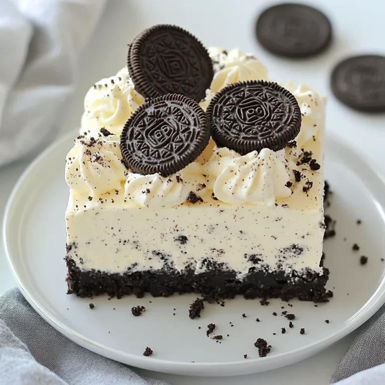 - 24 Oreo cookies (for crust and garnish) - 1/2 cup unsalted butter, melted - 16 oz cream cheese, softened - 1/2 cup powdered sugar - 1 teaspoon vanilla extract - 2 cups heavy whipping cream - 1/4 cup Oreo crumbs Gathering the right ingredients is key to a great no bake Oreo cheesecake. The star of this recipe is the Oreo cookies. You need 24 cookies for both the crust and the garnish. They provide a rich chocolate flavor that blends well with the creamy filling. You'll also need 1/2 cup of unsalted butter. Melt it to help bind the Oreo crumbs into a solid crust. Next, grab 16 ounces of softened cream cheese. This gives the cheesecake its creamy texture. For sweetness, use 1/2 cup of powdered sugar. It blends smoothly into the cream cheese. Add 1 teaspoon of vanilla extract for warmth and flavor depth. Whipping cream is important too. Use 2 cups of heavy whipping cream. Whipping it adds lightness to the filling. Finally, save 1/4 cup of Oreo crumbs. These crumbs add a nice texture and layer of flavor. Make sure you have all these ingredients ready to go. This will help the process flow smoothly and ensure you create a delicious no bake Oreo cheesecake! {{ingredient_image_1}} 1. Crushing Oreo cookies: Start by taking 24 Oreo cookies. Place them in a food processor. Pulse until they turn into fine crumbs. 2. Combining with melted butter: In a bowl, mix the Oreo crumbs with 1/2 cup of melted butter. Stir until all the crumbs are coated and stick together. 3. Pressing into a springform pan: Take a 9-inch springform pan. Firmly press the Oreo mixture into the bottom. Use the back of a measuring cup to smooth it out. Chill this crust in the fridge while you make the filling. 1. Beating cream cheese: In a large bowl, take 16 oz of softened cream cheese. Use an electric mixer to beat it until it’s creamy and smooth. 2. Incorporating powdered sugar and vanilla: Gradually add in 1/2 cup of powdered sugar and 1 teaspoon of vanilla extract. Mix until everything is well blended. 3. Whipping heavy cream to stiff peaks: In another bowl, pour in 2 cups of heavy whipping cream. Beat this with an electric mixer until stiff peaks form. This takes about 3-5 minutes. 1. Folding whipped cream into cream cheese mixture: Gently fold the whipped cream into the cream cheese mix. Keep folding until you no longer see white streaks. 2. Adding Oreo crumbs: Fold in 1/4 cup of Oreo crumbs. Make sure they are evenly mixed throughout the filling. 3. Filling the crust and smoothing the top: Pour the cheesecake filling into the chilled crust. Use a spatula to smooth the top evenly. 1. Covering and refrigerating: Cover the cheesecake with plastic wrap. Place it in the fridge for at least 4 hours to set. For best results, chill it overnight. 2. Removing from the springform pan: When set, carefully remove the sides of the springform pan. 3. Garnishing before serving: Before serving, sprinkle some crushed Oreo cookies or place whole ones on top for a nice look. Enjoy your rich and creamy no-bake Oreo cheesecake! - Ensure cream cheese is softened: Softened cream cheese mixes better. Leave it out for an hour before starting. This helps create a smooth filling. - Gently fold whipped cream: When you add the whipped cream to the cream cheese, fold carefully. This keeps the mixture light and fluffy. Use a spatula and a gentle motion. - Overmixing the cream: If you mix too much, the cream can lose its air. This can lead to a dense cheesecake. Stop mixing as soon as you see no white streaks. - Not chilling long enough: Chilling is key for the cheesecake to set. Aim for at least four hours. Overnight is best for a firm and creamy texture. - Best tools for making cheesecake: A good electric mixer is a must for the cream cheese. A food processor makes crushing Oreos easy. You also need a 9-inch springform pan to hold everything. - Using a food processor effectively: When crushing cookies, pulse them in short bursts. This helps you get fine crumbs without making a mess. It saves time and effort in the kitchen. Pro Tips Use Room Temperature Ingredients: Make sure your cream cheese is at room temperature for a smoother filling without lumps. Chill the Cheesecake Overnight: For the best texture and flavor, allow the cheesecake to set overnight in the refrigerator. Experiment with Flavors: Add a tablespoon of chocolate or caramel sauce to your filling for an extra layer of flavor. Garnish Creatively: Top your cheesecake with whipped cream, chocolate shavings, or a drizzle of chocolate sauce for a stunning presentation. {{image_2}} You can change the flavor easily. Adding chocolate or vanilla extracts makes it fun. Just one teaspoon can change the taste. You can also swap the Oreo cookies. Try different cookie brands for a new twist. For example, use chocolate mint cookies or peanut butter cookies. Each cookie brings a unique taste, making your cheesecake special. If you need gluten-free options, use gluten-free cookies. Many brands make gluten-free Oreos. You can also create a vegan version. Replace the cream cheese with a dairy-free option. Use coconut cream or vegan cream cheese. For the heavy cream, use coconut whipping cream. These swaps keep the cheesecake rich and delicious without dairy. Serving the cheesecake with fruit adds freshness. Berries like strawberries, raspberries, or blueberries work well. You can also drizzle chocolate sauce on top. This adds a nice touch to each slice. For plating, try using a cake stand for height. Place a few whole Oreos on top for fun. You can even add a sprinkle of Oreo crumbs for a crunchy look. To keep your cheesecake fresh, store it in the fridge. Cover it well with plastic wrap. Alternatively, use an airtight container. This will prevent it from absorbing smells and drying out. Your cheesecake stays good for about 3 to 5 days in the fridge. Freezing your no bake Oreo cheesecake is simple. First, let it chill completely in the fridge. Then, carefully wrap the cheesecake in plastic wrap. After that, place it in a freezer-safe container. This helps keep the cheesecake fresh for up to a month. To thaw, move it to the fridge the night before you want to serve it. This slow thaw keeps the texture nice. Avoid defrosting it at room temperature, as this can make it mushy. The cheesecake needs at least 4 hours to chill. For the best results, leave it overnight. This helps the filling firm up well. It also allows the flavors to blend perfectly. Yes, you can easily make this cheesecake ahead of time. I recommend preparing it a day before you need it. Store it covered in the fridge. This way, it stays fresh. Just remember to add any toppings just before serving. You can use low-fat cream cheese, but it may change the taste and texture. The cheesecake might not be as rich and creamy. If you want a lighter option, it’s worth a try. Just keep in mind that the flavor will differ slightly. You can get creative with toppings! Here are some ideas: - Crushed Oreos for a crunchy layer - Whipped cream for a light touch - Chocolate sauce for added sweetness - Fresh berries for a fruity twist Feel free to mix and match as you like! In this article, we explored how to make a delicious no-bake Oreo cheesecake. We covered all the ingredients needed, from Oreo cookies to cream cheese. You learned step-by-step instructions to create the crust, filling, and how to chill it perfectly. I shared tips for a perfect cheesecake and common mistakes to avoid. You can customize flavors and store leftovers effectively. This cheesecake is fun to make and always a hit. Enjoy creating it for your next gathering!