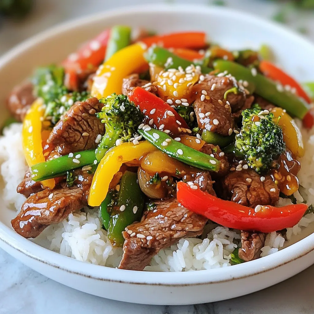 Cooking a tasty Sesame Ginger Beef Stir Fry starts with the right ingredients. Here’s what you need: - 1 lb beef sirloin, thinly sliced - 2 tablespoons sesame oil - 2 tablespoons fresh ginger, grated - 4 cloves garlic, minced - 2 bell peppers (red and yellow), sliced - 1 cup broccoli florets - 1 cup snap peas - 3 green onions, chopped - 3 tablespoons soy sauce (low sodium) - 1 tablespoon honey - 1 tablespoon cornstarch - 2 tablespoons water - Sesame seeds for garnish - Cooked jasmine rice for serving Each item plays a key role. The beef sirloin provides a rich flavor and nice texture. The vegetables add color and crunch. Aromatics like ginger and garlic give it a warm spice. The soy sauce and honey balance salty and sweet. Together, these ingredients make a wonderful meal. {{ingredient_image_1}} Mixing the Marinade In a bowl, combine: - 3 tablespoons soy sauce - 1 tablespoon honey - 1 tablespoon cornstarch - 2 tablespoons water Mix them well until smooth. This marinade adds great flavor to the beef. Marinating Time Add your thinly sliced beef sirloin to the marinade. Let it sit for at least 15 minutes. This time helps the beef soak up all the tasty flavors. Stir-Frying Techniques Heat 1 tablespoon of sesame oil in a large wok or frying pan over medium-high heat. Once hot, add the marinated beef. Stir-fry for about 3-4 minutes. You want the beef to be browned and cooked through. Timing for Perfectly Cooked Beef Remove the beef from the pan and set it aside. Timing is key here. If you overcook it, the beef can become tough. Aim for that perfect sear! Adding Aromatics In the same pan, add 1 tablespoon of sesame oil. Then add: - 2 tablespoons fresh ginger, grated - 4 cloves garlic, minced Stir-fry these for about 30 seconds. This will fill your kitchen with a wonderful aroma! Stir-Frying the Vegetables Now, add your sliced bell peppers, broccoli florets, and snap peas. Stir-fry for around 4-5 minutes. You want the veggies to be tender yet still crisp. This keeps everything bright and fresh! Once the veggies are ready, return the beef to the pan. Add the reserved marinade and stir everything together. Cook for an additional 2 minutes until the sauce thickens. Enjoy this colorful and healthy dish! Best Cuts for Stir Fry For stir fry, I recommend using beef sirloin. It is tender and cooks quickly. Other good options are flank steak or ribeye. Thin cuts help the beef cook fast and stay juicy. How to Slice Beef Thinly To slice beef thinly, freeze it for about 30 minutes. This makes it firm and easier to cut. Use a sharp knife and slice against the grain. Aim for slices about 1/4 inch thick. This will give you perfect pieces for stir fry. Using Fresh Ingredients Fresh ingredients make a big difference. Use fresh ginger and garlic for bold flavors. Crisp vegetables like bell peppers and snap peas add texture and color. Always choose ripe and vibrant produce for the best taste. Adjusting Sweetness and Saltiness You can tweak the flavors to your liking. If you want more sweetness, add a bit more honey. For saltiness, adjust the soy sauce. Taste as you mix and find the right balance. This personal touch makes your stir fry unique. Pro Tips Choose the Right Cut: For optimal tenderness, use beef sirloin or flank steak, as these cuts cook quickly and remain juicy. Prep Ingredients Ahead: To streamline the cooking process, chop and prepare all your vegetables before you start cooking. High Heat is Key: Cooking on high heat allows for quick stir-frying, which keeps vegetables crisp and maintains the beef's juiciness. Customize Your Veggies: Feel free to substitute or add your favorite vegetables, such as carrots or zucchini, to suit your taste! {{image_2}} You can switch the beef with chicken or tofu. Both options taste great and fit well with the flavors. If you choose chicken, use boneless, skinless chicken thighs or breasts. Cut them into thin strips, just like the beef. Tofu is a great choice for a vegetarian meal. Firm tofu works best; press it to remove extra water, then slice it into cubes. You can also try shrimp for a seafood version. Shrimp cooks quickly and adds a nice touch. Use medium or large shrimp, peeled and deveined. Add them to the hot pan after the aromatics, cooking just until they turn pink. Feel free to mix in seasonal vegetables. Carrots, zucchini, and snap peas add color and crunch. Use what you have at home or what’s in season. You can also add unusual veggies. Try mushrooms for earthiness or bok choy for a slight crunch. Get creative! You can even use leafy greens like spinach or kale. Just add them at the end of cooking to keep them bright and tender. After enjoying your sesame ginger beef stir fry, store leftovers properly. This keeps the dish fresh and safe to eat later. - Cool Down First: Let the stir fry cool to room temperature before storing. This helps prevent condensation, which can make the dish soggy. - Use Airtight Containers: Choose airtight containers to keep your meal fresh. Glass or plastic containers work well. When you want to enjoy your leftovers, reheating is key. You want to keep the flavor and texture just right. - Best Methods: The stovetop works best for reheating. It helps maintain that wonderful stir-fry texture. Heat a bit of oil in a skillet and warm the beef and veggies. - Microwave Option: If you're in a hurry, the microwave is okay. Use a microwave-safe bowl and cover it to prevent drying out. Heat in short bursts, stirring in between. Following these tips will keep your sesame ginger beef stir fry delicious for your next meal! To make the sauce thicker, use cornstarch. Mix 1 tablespoon of cornstarch with 2 tablespoons of water. Add this mix to your sauce while cooking. Stir well and let it simmer for a minute. The sauce will thicken as it cooks. You can also cook the sauce longer to reduce it naturally. This gives a richer flavor. Yes, you can prepare this dish in advance. Cook the beef and vegetables, then let them cool. Store them in an airtight container in the fridge for up to three days. You can also freeze it for longer storage. Just make sure to use a freezer-safe container. To reheat, warm it gently in a pan or microwave. Serve your stir fry over cooked jasmine rice. You can also pair it with noodles or quinoa for a twist. For a fresh touch, add a side salad with a light dressing. Steamed dumplings or egg rolls make great appetizers. Consider adding sesame seeds on top for extra crunch. This blog post covers how to make a tasty Sesame Ginger Beef Stir Fry. We discussed key ingredients like beef sirloin and fresh veggies. You learned marinating tips and how to stir-fry for the best taste. I shared advice on choosing beef cuts and enhancing flavors. We also explored variations with alternate proteins and vegetable swaps. Don't forget proper storage and reheating methods to enjoy leftovers. Now you’re ready to make a delicious meal that fits your taste! Remember, fresh ingredients make a big difference in flavor. Enjoy your cooking!