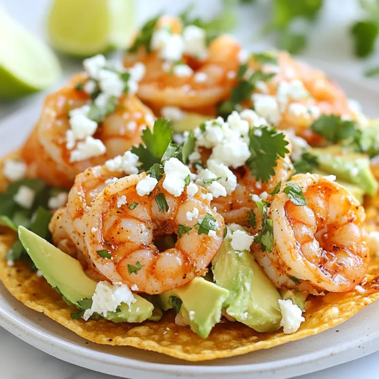 To make your Chili Lime Shrimp Tostadas, gather these ingredients: - 1 pound medium shrimp, peeled and deveined - 2 tablespoons olive oil - 1 teaspoon chili powder - 1/2 teaspoon paprika - 1/2 teaspoon cumin - Zest and juice of 2 limes - Salt and pepper to taste - 8 corn tostada shells - 1 cup shredded cabbage (red or green) - 1 avocado, sliced - 1/2 cup fresh cilantro, chopped - 1/4 cup crumbled queso fresco (optional) - Lime wedges, for serving Having all these fresh ingredients ready makes cooking more fun. I love how each item brings its own taste to the dish. While the main ingredients shine, you can add these for extra flavor: - Hot sauce for a spicy kick - Sliced radishes for crunch - Diced tomatoes for freshness - Black beans for protein These options let you customize the tostadas to your liking. Feel free to try different combinations and find what works best for you. The shrimp provides lean protein, while the avocado adds healthy fats. Cabbage is low in calories and high in vitamins. Here’s a quick look: - Shrimp: High in protein, low in fat - Avocado: Rich in healthy fats, fiber, and vitamins - Cabbage: Low in calories, high in vitamins C and K - Olive oil: Healthy fats and antioxidants This meal balances nutrition and flavor well. You can enjoy it without feeling guilty! {{ingredient_image_1}} First, gather your shrimp. You need one pound of medium shrimp. Peel and devein them if not done already. In a medium bowl, combine the shrimp with olive oil, chili powder, paprika, cumin, lime zest, lime juice, salt, and pepper. Mix well to coat each shrimp. Let the shrimp marinate for about 15 minutes. This will help enhance the flavors. Heat a large skillet over medium-high heat. Once the skillet is hot, add the marinated shrimp. Cook for 2-3 minutes on each side. You want the shrimp to turn pink and opaque. This means they are done. Remove the shrimp from heat and set them aside. While the shrimp cooks, prepare your tostada shells. You can follow the package instructions or bake them in a preheated oven at 350°F for 5-7 minutes. This will make them crispy. Take each tostada shell and add a generous amount of shredded cabbage on top. Next, place the chili lime shrimp on the cabbage. Top it with slices of avocado. If you like, sprinkle fresh cilantro and crumbled queso fresco over each tostada. Serve them right away with lime wedges on the side for an extra burst of flavor. To cook shrimp perfectly, start with fresh shrimp. Make sure they are peeled and deveined. A quick marinade enhances the flavor. I mix olive oil, spices, lime zest, and juice. Let your shrimp marinate for about 15 minutes. This step allows the shrimp to soak up all those tasty flavors. When cooking, use medium-high heat. This helps the shrimp cook fast and stay juicy. Cook them for 2-3 minutes on each side until they turn pink. Overcooking can make shrimp tough, so watch them closely. For crispy tostada shells, choose high-quality corn shells. You can bake them for a healthier option. Preheat your oven to 350°F (175°C). Bake the shells for 5-7 minutes until they are golden and crisp. If you prefer a quick method, heat them in a dry skillet. Cook them for about 30 seconds on each side. This will give them a nice crunch without extra oil. Ensure your shells cool a bit before serving to keep them crisp. To make your tostadas even better, add toppings. Shredded cabbage gives a nice crunch. Slices of creamy avocado add richness. Fresh cilantro brings a bright taste. If you like cheese, sprinkle crumbled queso fresco on top. Serve lime wedges on the side for extra zing. You can also add hot sauce if you enjoy spice. Pair these tostadas with a fresh salad for a complete meal. Enjoy experimenting with different flavors and textures! Pro Tips Marinate for Maximum Flavor: Allow the shrimp to marinate for at least 15 minutes, but if time permits, marinating for up to an hour can deepen the flavors. Perfectly Cooked Shrimp: Cook the shrimp just until they turn pink and opaque; overcooking can make them tough. Keep an eye on them while cooking! Crunchy Tostadas: For extra crunch, bake the tostada shells until they are golden and crispy. This adds texture and enhances the overall experience. Fresh Ingredients Matter: Use fresh lime juice and fresh cilantro for the best flavor. Dried herbs and bottled lime juice won’t provide the same brightness. {{image_2}} If you want to change the protein, try chicken or fish. Both cook fast and taste great. Use the same marinade for a bold flavor. For chicken, cut it into small pieces. For fish, flaky white fish works best. Cook until it’s done, just like the shrimp. For a veggie twist, swap shrimp for black beans or chickpeas. Both add protein and fiber. Toss them with lime juice and spices to keep the flavor strong. You can also use grilled veggies like peppers and zucchini. They add color and taste to your tostadas. Feel free to get creative with flavors! Try adding mango or pineapple for sweetness. A splash of hot sauce can give it a kick. You could also sprinkle some taco seasoning on the shrimp. This adds a fun twist that keeps your meal exciting and fresh. To store leftover tostadas, first cool them down. Place them in an airtight container. You can keep them in the fridge for up to two days. If you have leftover shrimp, store it in a separate container. This keeps the tostadas from getting soggy. When it's time to reheat, keep it simple. Preheat your oven to 350°F (175°C). Lay the tostadas on a baking sheet. Heat them for about 5-7 minutes. This keeps them crispy. For the shrimp, you can reheat it in a skillet. Just warm it over medium heat for a few minutes until it's hot. If you want to freeze the chili lime shrimp, it works great. Place the cooked shrimp in a freezer bag. Remove as much air as possible. You can freeze the shrimp for up to three months. Just remember, tostada shells don’t freeze well. It's best to cook them fresh when you're ready to eat. You can use chicken, fish, or even tofu. Each option brings its own taste. If you choose chicken, cut it into small pieces. For fish, try white fish like cod or tilapia. Tofu works well if you want a vegetarian meal. Just make sure to season your choice well. Chili lime shrimp tostadas have a mild heat. The chili powder adds flavor but not too much spice. If you like it spicier, add more chili powder or fresh jalapeños. You can also serve hot sauce on the side for extra kick. Yes, you can prepare many parts ahead. Cook the shrimp and store it in the fridge. You can also fry or bake the tostada shells in advance. Just keep them in an airtight container. Assemble everything right before serving for best taste. Use a ripe Hass avocado for the best flavor. They are creamy and rich. Look for avocados that yield slightly when you press them gently. This means they are ready to eat. If you can’t find Hass, any ripe avocado will work. Chili lime shrimp tostadas bring joy to any meal. They are easy to make and full of flavor. You learned about key ingredients, step-by-step cooking, and helpful tips. Plus, you explored fun variations to keep things fresh. Remember the best practices for storing leftovers and reheating. Enjoy experimenting with other proteins and flavors. This dish can fit any taste and occasion. Happy cooking, and enjoy every crunchy bite!