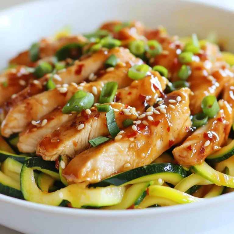- Chicken Breast: Use 1 pound of thinly sliced chicken breast. This keeps the chicken tender and cooks quickly. You can use boneless, skinless chicken for ease. Cut the chicken into even pieces for uniform cooking. - Zucchini: You will need 2 medium zucchinis, spiralized into noodles. To spiralize, use a spiralizer or a julienne peeler. Aim for thin noodles to mimic traditional pasta. This method adds texture and helps the dish feel light. - Sesame Oil: Use 2 tablespoons of sesame oil. This oil adds a rich, nutty flavor. It pairs well with chicken and enhances the overall taste of the dish. - Soy Sauce Alternatives: You can choose soy sauce or tamari if you prefer gluten-free. Both options add a salty depth. Tamari has a slightly smoother taste, which some people prefer. - Garlic and Ginger: Use 2 cloves of fresh garlic and 1 teaspoon of grated ginger. Mince the garlic and grate the ginger for the best flavor. Fresh ingredients make a big difference in taste. - Red Pepper Flakes: Add 1/4 teaspoon of red pepper flakes if you want heat. This is optional, but it gives a nice kick. Adjust the amount based on your spice preference. {{ingredient_image_1}} Marinating the chicken is key for flavor. It helps the meat soak up all the tasty ingredients. In a bowl, mix soy sauce, honey, minced garlic, grated ginger, salt, and pepper. Add the thinly sliced chicken breast. Let it sit for at least 15 minutes. This time allows the flavors to blend and makes the chicken juicy. To cook the chicken perfectly, use a hot skillet. Heat 1 tablespoon of sesame oil over medium-high heat. Once the oil is hot, add the marinated chicken. Cook for about 5-7 minutes. Look for a nice golden color. The chicken should be cooked through and no longer pink inside. Remove it from the skillet and set it aside. This keeps it tender and full of flavor. For the zucchini noodles, timing is everything. In the same skillet, add the last tablespoon of sesame oil. Heat it up before adding the spiralized zucchini. Sauté for 2-3 minutes. You want them slightly tender but still firm. If you like spice, toss in red pepper flakes during this step. This will give your dish a nice kick. To combine everything, return the cooked chicken to the skillet with zucchini noodles. Toss all the ingredients together. This ensures each bite gets a bit of chicken and zucchini. Heat everything through for another 2 minutes. Taste and adjust the seasoning with salt and pepper if needed. Presentation makes your dish pop. Once combined, remove from heat. Transfer the sesame chicken zucchini noodles to a serving dish. Sprinkle sliced green onions and sesame seeds on top. This adds color and crunch to your meal. Serve it hot, and enjoy your beautiful creation! Adjusting flavors is key to making this dish your own. If you like it sweeter, add more honey. For a saltier taste, increase the soy sauce. You can also add more garlic or ginger for a bolder flavor. Taste as you go. This way, you can find the perfect balance for your palate. To avoid soggy zucchini noodles, cook them quickly. After spiralizing, sauté the noodles for only 2-3 minutes. They should still have a little crunch. If you cook them too long, they turn mushy. Also, make sure to dry the noodles with a paper towel. This helps remove excess moisture. For sides, try serving sesame chicken zucchini noodles with a fresh salad or steamed broccoli. You can also add a light dipping sauce for extra flavor. A side of brown rice or quinoa can round out the meal. These options keep the dish light and healthy. Pro Tips Marinate for Flavor: Allowing the chicken to marinate for longer than 15 minutes, ideally up to an hour, will enhance the flavor and tenderness of the meat. Choose Firm Zucchini: Select firm, fresh zucchinis to ensure your noodles have a good texture and hold up during cooking. Don't Overcook the Noodles: Sauté the zucchini noodles just until they are tender but still al dente to prevent them from becoming mushy. Garnish Generously: Adding extra green onions and sesame seeds just before serving not only enhances the presentation but also adds a fresh crunch. {{image_2}} You can swap chicken for other proteins. Tofu is a great choice for a plant-based meal. It soaks up flavors well and adds a nice texture. Shrimp is another tasty option. Cook it quickly to keep it tender. The key is to adjust the cooking time based on the protein you choose. Add more veggies for extra nutrition. Bell peppers bring color and crunch. Carrots add sweetness and vibrant orange. Mushrooms give an earthy flavor, while spinach adds green goodness. Mix and match based on what you like. This keeps the dish fresh and exciting. You can adjust the sauce to your taste. Want it sweeter? Add more honey or agave syrup. For a spicy kick, increase the red pepper flakes. If you prefer less salt, use less soy sauce or a low-sodium version. These tweaks let you customize the flavor just for you. To keep your sesame chicken zucchini noodles fresh, store leftovers in an airtight container. This helps prevent moisture loss and keeps the flavors intact. Place them in the fridge within two hours of cooking. They will stay good for about 3 days. When you want to eat them, just reheat in a pan or microwave until warm. You can freeze these noodles for later meals. First, let the dish cool completely. Then, place servings in freezer-safe bags or containers. Remove as much air as possible to avoid freezer burn. They can last up to 3 months in the freezer. To reheat, thaw overnight in the fridge, then warm in a skillet or microwave. Add a splash of water to help revive the noodles. For the best taste, enjoy sesame chicken zucchini noodles within 3 days when refrigerated. If you freeze them, eat them within 3 months. Check for any off smells or changes in texture before eating. Always reheat thoroughly to ensure safety and flavor. Yes, you can make this dish gluten-free. Use tamari instead of soy sauce. Tamari is a great gluten-free alternative. It tastes similar but has a richer flavor. Also, check other ingredients for gluten. Most spices and oils are safe, but always read labels. To spiralize zucchini, you need a spiralizer. A simple handheld tool works well. You can also use a box grater or a peeler. Cut the ends off the zucchini first. Then, twist the zucchini against the blade. This will give you long, noodle-like strands. You can use agave syrup as a vegan substitute for honey. It has a similar sweetness. Maple syrup is another option that works well. Both will change the flavor slightly but still taste great in the dish. Yes, this recipe is great for meal prep. You can cook the chicken and zucchini noodles ahead of time. Store them in airtight containers in the fridge. Reheat when you are ready to eat. Just be careful not to overcook the zucchini when reheating. This dish combines easy steps and tasty ingredients for a great meal. You learned about prepping chicken, zucchini, and sauce options. I shared tips for cooking and garnishing for the best look and flavor. You can even customize the recipe to suit your taste. Remember, the right storage helps keep leftovers fresh. Enjoy trying these ideas and making the dish your own!