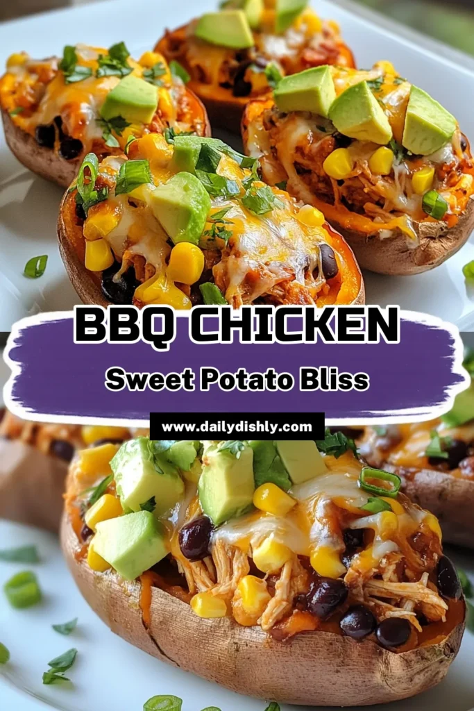 Discover the ultimate comfort food with these BBQ chicken stuffed sweet potatoes! This recipe combines healthy sweet potato recipes with tender shredded chicken smothered in BBQ sauce, making it a perfect easy chicken dinner idea. Enjoy a delicious balance of flavors with corn, black beans, and melted cheese in every bite. Try these BBQ stuffed sweet potatoes for a satisfying meal that everyone will love! Save for later! #BBQChicken #HealthyEating #ComfortFood #SweetPotatoRecipes